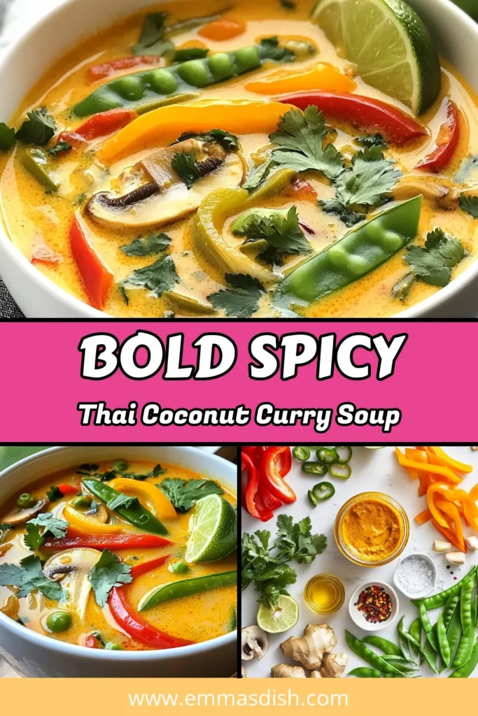 Discover the flavors of Spicy Thai Coconut Curry Soup with this easy Thai soup recipe! This comforting Coconut Milk Soup Recipe is perfect for vegetarians, featuring fresh vegetables simmered in rich coconut milk and vibrant red curry paste. Ready in just 30 minutes, it&rsquo;s a delicious way to warm up your dinner table. Don&rsquo;t forget to save this Vegetarian Curry Soup for your next cozy night in! #SpicyThaiCoconutCurrySoup #CoconutMilkSoupRecipe #EasyThaiSoupRecipe #VegetarianCurrySoup