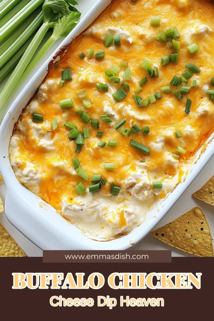 Looking for an easy buffalo appetizer that will impress your guests? Try this cheesy buffalo chicken dip! This creamy buffalo dip is packed with flavor and perfect for game day or any gathering. Made with tender shredded chicken and baked to bubbly perfection, it's a must-try buffalo chicken recipe. Serve it with tortilla chips or veggies for the ultimate snack! Save this delicious baked buffalo chicken dish to your favorites today! #BuffaloChickenDip #EasyAppetizer #GameDayRecipes #CheesyBuffaloChicken