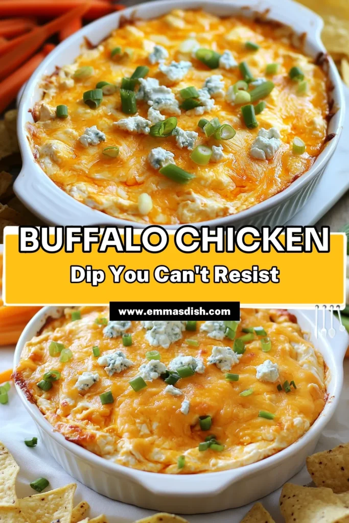 Discover the ultimate Buffalo chicken dip recipe that will impress your guests! This creamy buffalo dip features shredded rotisserie chicken and is a must-try easy buffalo chicken appetizer. Baked to perfection, this rotisserie chicken dip is perfect for game days or gatherings. Serve with tortilla chips or veggie sticks for an irresistible snack. Get the recipe today and elevate your next party! #BuffaloChickenDip #EasyAppetizer #BakedBuffaloDip #ChickenDip