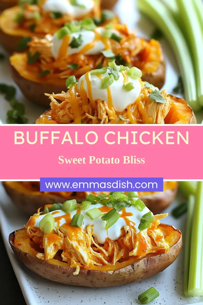 Discover the deliciousness of Buffalo Chicken Stuffed Sweet Potatoes! This healthy buffalo chicken recipe combines baked sweet potatoes with shredded chicken and spicy buffalo sauce for a satisfying meal. Perfect for easy dinner ideas or a buffalo chicken dinner that everyone will love. Try this recipe today and elevate your dinner game! Save for later! #BuffaloChicken #HealthyRecipes #SweetPotatoRecipes #EasyDinnerIdeas