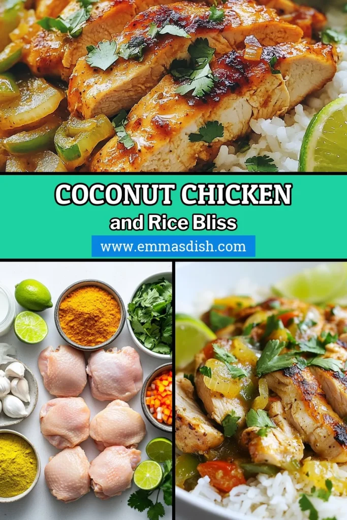 Savor the flavors of this easy Coconut Chicken Recipe that features delicious turmeric curry chicken thighs served over aromatic Jasmine rice with coconut milk. This one-pot coconut rice meal is perfect for busy nights, combining tender chicken and vibrant veggies for a delightful dinner. Ready in just an hour, it's an ideal easy chicken and rice dish for the whole family. Save this recipe for your next meal! #CoconutChicken #EasyDinner #OnePotMeals #DeliciousRecipes