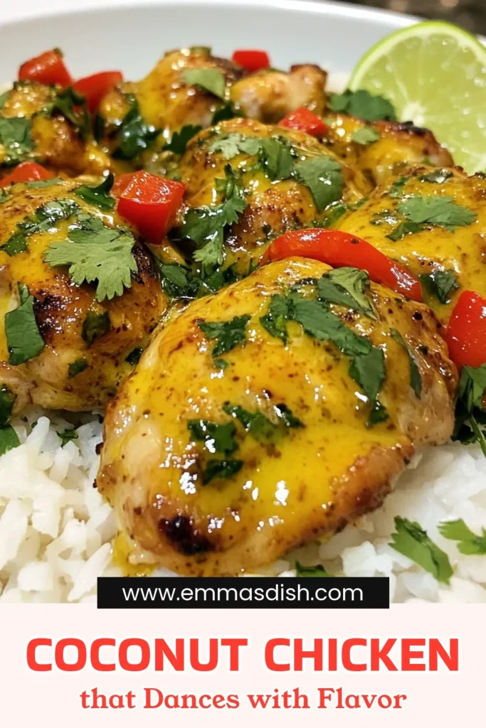 Discover the delicious Brazilian coconut chicken recipe that will impress your family and friends! This easy Brazilian recipe features tender coconut milk chicken thighs infused with cumin, paprika, and turmeric for a unique blend of flavors. Top it off with fresh cilantro and lime for a burst of freshness. Perfect over jasmine rice, this turmeric coconut chicken dish is a must-try! Save this easy recipe for your next meal! #BrazilianCoconutChicken #EasyRecipes #CoconutMilkChicken #TurmericChicken