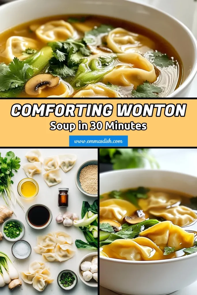 Warm up with this easy wonton soup recipe that's perfect for any day! Learn how to make homemade wontons filled with ground chicken or shrimp, then simmer them in a delicious chicken broth for a comforting soup experience. This homemade chicken broth wonton soup is quick and satisfying, taking just 30 minutes from prep to table. Perfect for family dinners! Save this easy wonton soup for your next cozy meal. #WontonSoup #ComfortFood #SoupRecipes #HomemadeWontons