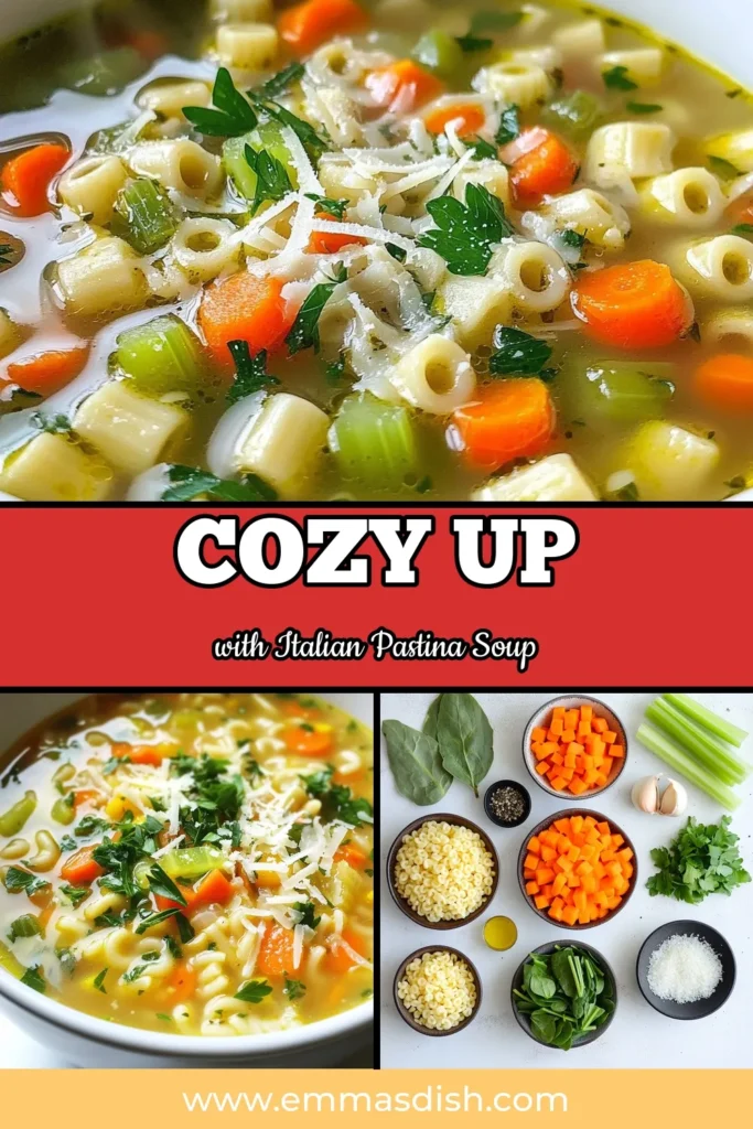 Satisfy your cravings with this homemade Italian Pastina Soup! This comforting vegetable soup combines delicate pastina with fresh veggies for a healthy Italian soup that’s perfect for any time. Enjoy this easy pastina recipe that's ready in just 25 minutes. Dive into a bowl of warm goodness today and experience the joy of a homemade broth pasta soup. Save this recipe for your next meal! #ItalianPastinaSoup #ComfortFood #HealthyRecipes #HomemadeSoup