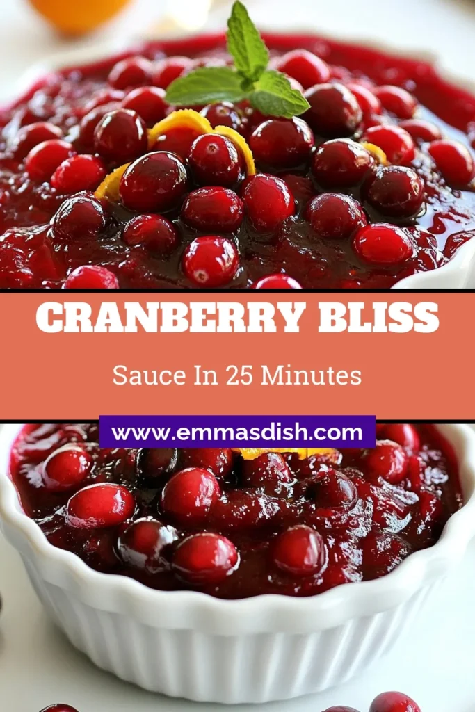 Discover the perfect holiday side with this Easy Cranberry Sauce recipe! This delightful Orange Cranberry Sauce combines fresh cranberries, zesty orange, and warm spices for a deliciously unique flavor. Ideal for your festive gatherings, this Homemade Cranberry Bliss Sauce is a must-try among holiday sauce recipes. Ready in just 25 minutes, it’s a quick and simple treat! Save this recipe for your next celebration! #CranberrySauceRecipe #HolidaySauceRecipes #FreshCranberrySauce #CranberryBlissSauce