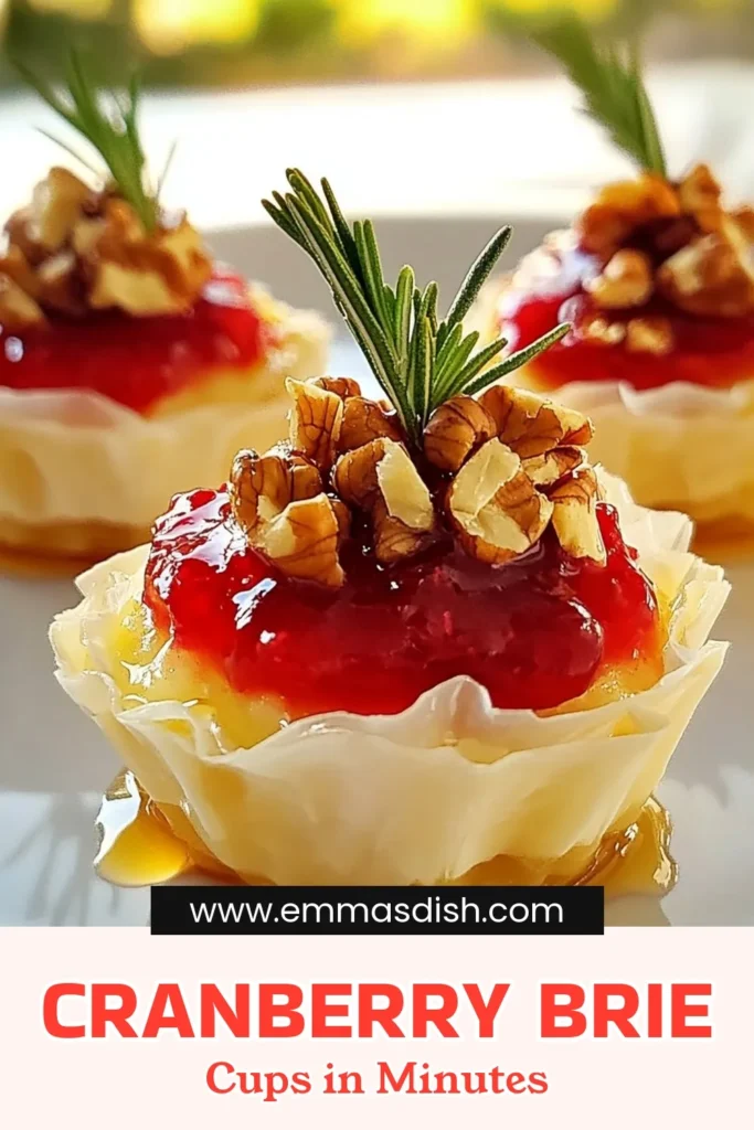 Looking for delicious holiday appetizer recipes? Try these Mini Phyllo Brie Cranberry Cups! These easy phyllo pastry recipes combine creamy Brie cheese with tangy cranberry sauce, creating the perfect cheese and cranberry cups for your festive gatherings. Ready in just 30 minutes, they're a crowd-pleaser everyone will love. Save this recipe to impress your guests this holiday season! #MiniPhylloCups #BrieCranberryBites #EasyPhylloPastryRecipes #HolidayAppetizerRecipes