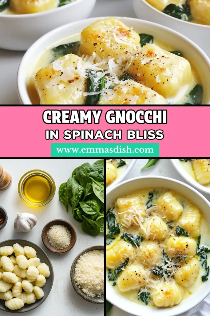 Indulge in this creamy spinach gnocchi recipe that’s perfect for a quick weeknight dinner! This easy spinach pasta recipe features soft gnocchi with Parmesan cheese, garlic, and fresh spinach, creating a delicious vegetarian gnocchi dish in just 20 minutes. Ideal for busy nights, this quick creamy gnocchi recipe is a must-try. Pin it now for easy access and impress your family with this delightful meal! #CreamyGnocchi #VegetarianRecipes #QuickDinner #PastaLovers