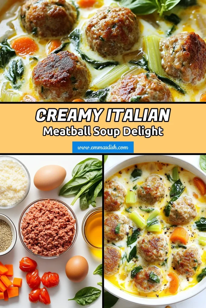 Warm up with this deliciously creamy Italian meatball soup! This easy Italian soup features homemade meatballs simmered in a flavorful chicken broth soup recipe, enriched with heavy cream and fresh spinach. Perfect for a cozy dinner, this creamy meatball soup recipe is a hit with family and friends. Try it today and enjoy a comforting meal! Save this recipe for later! #ItalianMeatballSoup #CreamySoup #HomemadeMeatballs #EasyItalianSoup