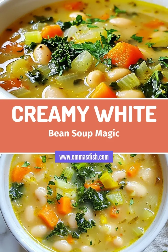 Warm up with this hearty white bean soup that’s perfect for chilly days! This delicious vegetarian bean stew features creamy vegetable broth and wholesome ingredients like kale, carrots, and spices for a comforting meal. Try this healthy bean dish for lunch or dinner, and enjoy a bowlful of goodness! Save this recipe for your next cozy night in. Perfect for family meals! #WhiteBeanRecipes #HeartySoup #VeggieStew #HealthyEating