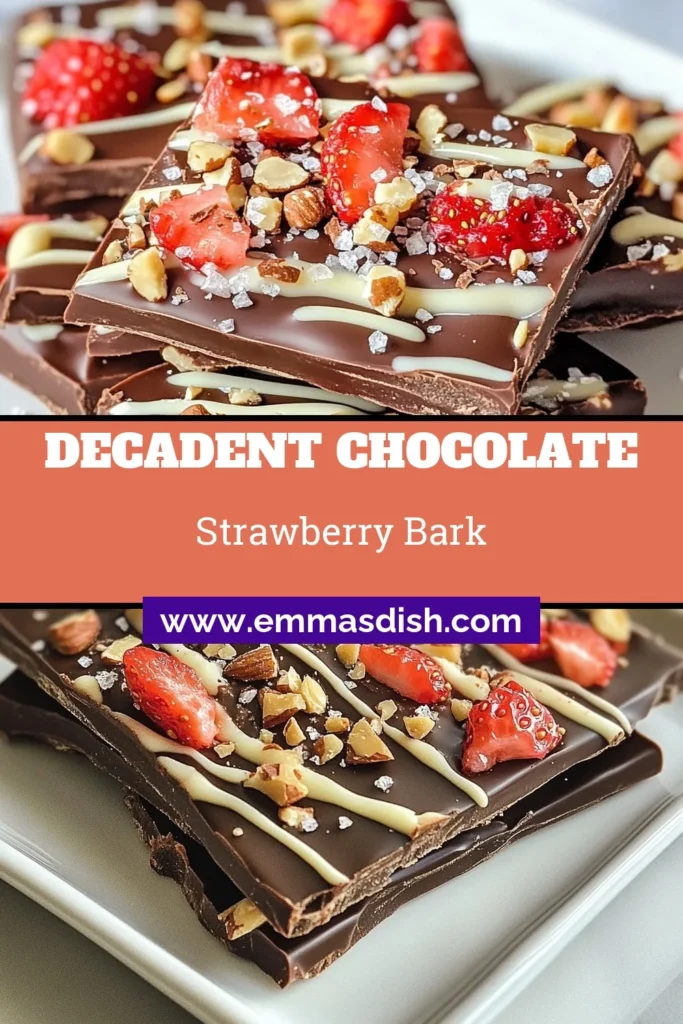 Indulge in a delightful treat with this Chocolate Covered Strawberry Bark! This easy chocolate bark recipe combines rich dark and white chocolate with crunchy nuts and sweet freeze-dried strawberries, making it the perfect homemade bark with strawberries. Impress your friends and family with this delicious chocolate bark with nuts and fruits. Get the step-by-step instructions to create your own today! Save this recipe for later! #ChocolateBark #DessertRecipes #SweetTreats #ChocolateCoveredStrawberries