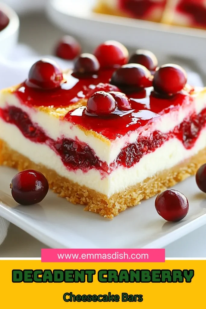 Indulge in these delightful cranberry cheesecake bars, the perfect no-bake cranberry dessert for the holiday season. These easy cheesecake bars feature a creamy filling with a tangy twist, all atop a buttery graham cracker crust. Impress your guests with this festive treat that combines sweet and tart flavors. Try this easy recipe today and make your holiday dessert recipes unforgettable! Save this for your next gathering! #CranberryCheesecakeBars #NoBakeDessert #HolidayRecipes #CreamCheeseBars