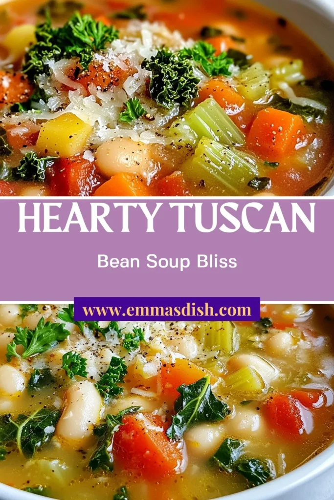 Discover the deliciousness of Tuscan white bean soup with this easy Tuscan soup recipe! Packed with healthy ingredients like kale and hearty white beans, this vegetable soup with kale is perfect for a cozy dinner. This wholesome white bean soup recipe is not just flavorful but also a healthy bean soup option the whole family will love. Save this recipe for a warm, comforting meal any time! #TuscanWhiteBeanSoup #HealthyBeanSoup #WhiteBeanSoupRecipe #EasyTuscanSoup