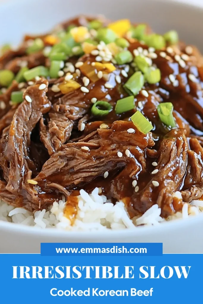 Indulge in the rich flavors of Slow Cooker Korean Beef with this easy recipe perfect for busy weeknights. Made with tender beef chuck roast, savory seasonings, and served with jasmine rice, it's a highlight among savory beef recipes. Discover how simple it is to create delicious Korean food sides that everyone will love. Save this recipe for an easy Korean dish the whole family can enjoy! #SlowCookerKoreanBeef #SavoryBeefRecipes #EasyKoreanDishes #BeefChuckRoastRecipes