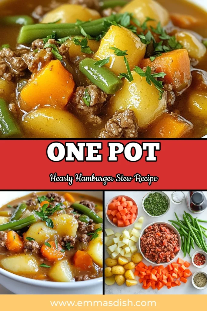 Warm up with this irresistible hearty hamburger stew! This easy beef stew recipe features ground beef, hearty vegetables, and savory flavors simmered in one pot for ultimate comfort. Perfect for cozy nights, this comfort food stew recipe is quick to make and feeds the whole family. Don&rsquo;t miss out on this delicious one-pot hamburger stew! Save for later and satisfy your cravings! #HamburgerStew #BeefStew #ComfortFood #EasyRecipes