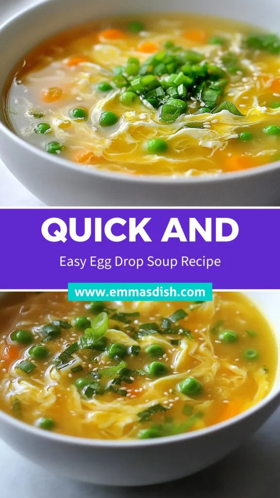 Savor the simplicity of Minute Egg Drop Soup! This quick egg drop soup recipe is perfect for busy days, taking just 10 minutes to prepare. Packed with nutrition, it's a healthy egg drop soup that fits gluten-free diets when using tamari. This easy vegetable soup recipe features peas and carrots, giving a delicious color and flavor. Make this comforting soup today, and elevate your meal! Save it for later! #MinuteEggDropSoup #HealthyRecipes #GlutenFree #QuickMeals