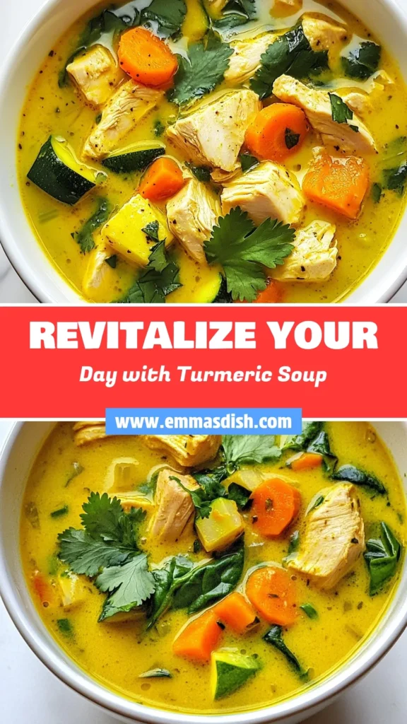 Discover the ultimate healthy chicken soup recipe with this delicious turmeric chicken soup! Packed with anti-inflammatory properties, this quick chicken soup is enriched with creamy coconut milk to create a comforting bowl that warms your soul. Perfect for any day, this nourishing turmeric chicken soup is easy to make and full of flavor. Try it today and enjoy the goodness in every bite! Save for later! #TurmericChickenSoup #HealthySoup #CoconutMilkSoup #AntiInflammatorySoup
