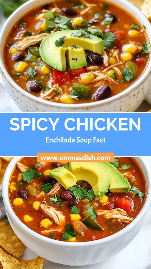 Discover a delicious twist on comfort food with this Chicken Enchilada Soup! This zesty soup recipe combines tender chicken and vibrant veggies for an easy chicken soup that’s bursting with flavor. Perfect for those who crave a spicy chicken soup, this healthy Mexican soup is a must-try for busy weeknights. Ready in just 35 minutes, it’s sure to become a family favorite. Save and click for the full recipe! #ChickenEnchiladaSoup #ZestySoup #EasyChickenSoup #HealthyMexicanSoup