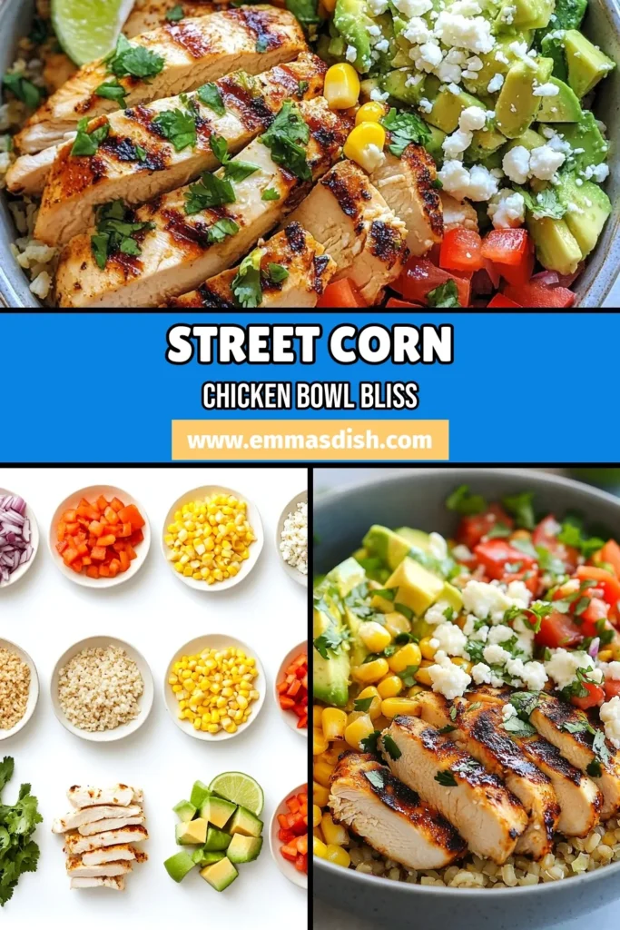 Elevate your dinner game with these delicious Street Corn Chicken Bowls! Perfect for easy dinner ideas, this recipe features juicy grilled chicken, sweet corn, and vibrant veggies over a healthy rice base. Ideal for your weekly meal prep, these healthy rice bowl recipes are packed with flavor. Try this corn salad bowl for a nutritious twist. Click to save this recipe and impress your family tonight! #StreetCornChickenBowls #GrilledChickenRecipes #HealthyRiceBowls #EasyDinnerIdeas