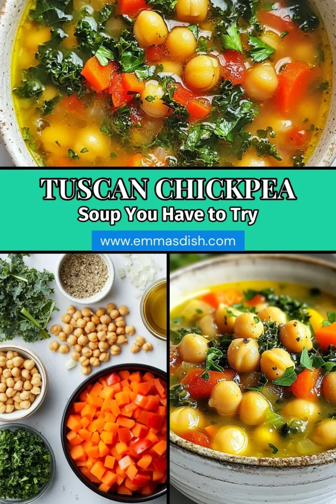 Experience the warmth of Tuscan chickpea soup, a nourishing dish perfect for any day! This healthy chickpea recipe combines chickpeas, kale, and flavorful spices for a comforting vegetarian soup recipe. With a base of easy vegetable broth, this kale and chickpea stew offers wholesome nutrition in every spoonful. Ready in under an hour, it’s perfect for weeknight dinners. Try this delicious recipe today! #TuscanChickpeaSoup #HealthyChickpeaRecipes #VegetarianSoupRecipes #EasyVegetableBrothSoup