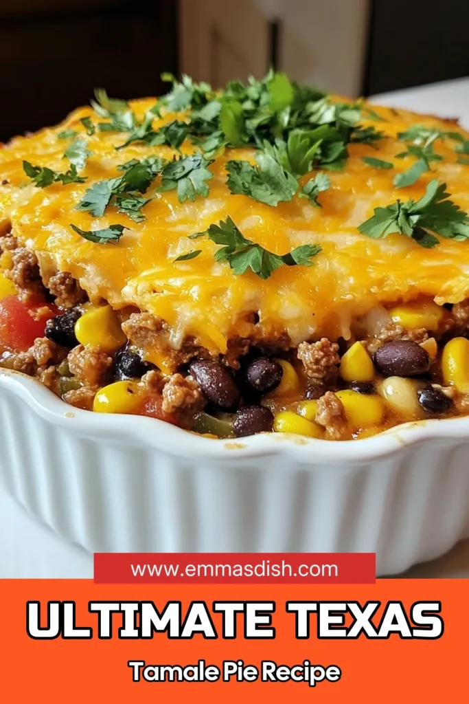 Craving a hearty dish? Try this Texas tamale pie recipe that's both easy and delicious! Our ground beef tamale pie combines savory beef, black beans, and corn, all topped with a cheesy cornmeal crust. This Mexican tamale pie makes for a comforting baked tamale casserole that everyone will love. Perfect for weeknight dinners or gatherings. Save this recipe to impress your friends and family tonight! #TamalePie #MexicanCuisine #EasyRecipes #ComfortFood