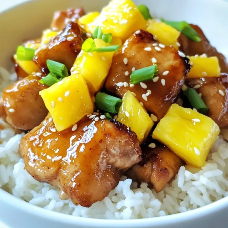 - 1 lb chicken thighs, boneless and skinless - 1 cup fresh pineapple, diced - 1/2 cup brown sugar For this dish, chicken thighs are the star. They are juicy and tender, making them perfect for this sweet and savory meal. Pineapple adds a bright, tropical flavor. Brown sugar gives the sauce its rich sweetness. - 1/4 cup soy sauce - 2 tablespoons apple cider vinegar - 3 cloves garlic, minced - 1 teaspoon fresh ginger, grated Soy sauce adds a salty depth. Apple cider vinegar brings a tangy kick. Garlic and ginger give the dish a warm, aromatic flavor. Together, these ingredients create a tasty marinade that makes the chicken shine. - 2 tablespoons green onions, sliced for garnish - 1 tablespoon sesame seeds for garnish - 1 tablespoon cornstarch - 2 tablespoons water Green onions add a fresh crunch. Sesame seeds provide a nice nutty flavor. You can use cornstarch to thicken the sauce, making it rich and glossy. Adjust these garnishes based on your taste and what you have at home! {{ingredient_image_1}} - In a bowl, mix the brown sugar, soy sauce, apple cider vinegar, minced garlic, and grated ginger. - Stir until the sugar dissolves. - Add the chicken thighs to the marinade. - Make sure the chicken is well-coated. - Cover and place it in the fridge. - Let it marinate for at least 30 minutes. For best taste, aim for 1-2 hours. - Heat a large skillet over medium heat. - Add the marinated chicken thighs to the skillet. - Reserve the marinade for later. - Sear the chicken for 5-7 minutes on each side. - Cook until the chicken turns golden brown and is fully cooked. - Remove the chicken and set it aside. - In the same skillet, pour in the reserved marinade. - Bring it to a simmer over medium heat. - Let it cook for 3-4 minutes. - In a small bowl, mix cornstarch with water to make a slurry. - Slowly stir this slurry into the sauce. - Keep simmering until the sauce thickens. - Stir in the diced pineapple. - Let it cook in the sauce for 2-3 minutes. - Cook until the pineapple is warmed through and slightly caramelized. - Return the cooked chicken to the skillet. - Coat it well with the thickened sauce and pineapple. - Cook for one more minute to blend the flavors. - Plate the chicken and spoon the delicious sauce and pineapple on top. - Garnish with sliced green onions and sesame seeds for color. - For a great meal, serve it on a bed of steamed jasmine rice or quinoa. - Add extra pineapple pieces around for a tropical touch. For the best flavor, marinate your chicken for at least 30 minutes. If you have time, aim for 1-2 hours. This longer time helps the chicken soak up all the sweet and savory goodness. You can adjust sweetness by adding more brown sugar or saltiness with extra soy sauce. Taste the marinade before adding the chicken. Make it just right for your palate. Use a large, non-stick skillet for cooking. This helps the chicken sear nicely without sticking. Cook the chicken over medium heat for about 5-7 minutes per side. Ensure the chicken reaches an internal temperature of 165°F. This way, you know it’s safe to eat and tender too. For a stunning plate, serve the chicken over a bed of jasmine rice or quinoa. This adds a nice base and absorbs the sauce. Arrange extra pineapple pieces around the chicken for a tropical look. Garnish with green onions and sesame seeds for color and crunch. A vibrant plate makes the meal even more exciting! Pro Tips Marinating Time: Allow the chicken to marinate for at least 1-2 hours for enhanced flavor. The longer it sits, the more the flavors will infuse into the meat. Cooking Temperature: Ensure your skillet is hot enough before adding the chicken to achieve a nice sear. This helps to lock in juices and gives a beautiful color. Pineapple Selection: Use fresh pineapple for the best flavor and texture. Canned pineapple may become mushy and less vibrant in taste. Serving Suggestions: Pair this dish with jasmine rice or quinoa and garnish with additional pineapple pieces for a refreshing touch and visual appeal. {{image_2}} You can swap chicken for other proteins. Pork works well, too. Choose pork chops or tenderloin. Tofu is a great option for a plant-based meal. It soaks up flavors nicely. Adjust cooking times for each protein. Pork usually needs about 10-12 minutes of cooking. Tofu should be cooked until golden, about 6-8 minutes on each side. Want to spice things up? Try adding cayenne or paprika. A little heat makes the dish exciting. You can also play with vinegar types. Rice vinegar or balsamic can give different flavors. Each option adds its unique twist to the dish. You can cook this dish in different ways. Oven baking works well if you want less hands-on time. Set your oven to 375°F and bake for about 25-30 minutes. Stovetop cooking gives you a nice sear. It keeps the chicken juicy and flavorful. Slow cookers are another option. Just combine all the ingredients in the pot. Cook on low for 6-8 hours or high for 3-4 hours. You’ll have tender chicken and a rich sauce waiting for you. Leftover Brown Sugar Pineapple Chicken can stay fresh for up to 3 days in the fridge. Store it in an airtight container. Glass or plastic containers with tight lids work best. Make sure to let the chicken cool before sealing it. You can freeze this dish for later use. Divide it into portions before freezing. Use freezer-safe bags or containers. Remove as much air as possible to prevent freezer burn. To thaw, place it in the fridge overnight before reheating. To keep the chicken moist, reheat it in a skillet over low heat. Add a splash of water or broth to keep it juicy. Avoid microwaving it, as this can make the chicken tough. To prevent sogginess in the sauce, reheat it separately. Once warm, combine the chicken and sauce just before serving. Yes, you can use canned pineapple. Canned pineapple is sweet and easy to use. It saves time, as it’s ready to go. However, it often has added sugar and syrup, which can change the taste. Fresh pineapple has a bright, tangy flavor. It also has more nutrients. If you want a fresher taste, use fresh pineapple. If you are short on time, go for canned. Many sides pair well with this dish. Here are a few ideas: - Steamed jasmine rice: This is a classic choice that soaks up the sauce well. - Quinoa: A healthy option that adds protein and fiber. - Stir-fried vegetables: Bright veggies add color and crunch. - Coleslaw: A cool, crunchy side balances the sweetness of the chicken. - Sweet potato fries: Their sweetness matches the dish nicely. These sides enhance the flavors and make the meal more filling. Yes, this recipe is great for meal prep. Here’s how to do it: - Cook the chicken and sauce: Prepare the dish as directed. Let it cool. - Portion it out: Divide the chicken into meal-sized containers with sides. - Store: Keep in the fridge for up to four days. Use airtight containers to keep it fresh. - Reheat: When ready to eat, simply microwave or heat on the stove until warm. Meal prepping makes it easy to enjoy this dish throughout the week! This blog post explored a tasty recipe for Brown Sugar Pineapple Chicken, including key ingredients, step-by-step instructions, and helpful tips. You learned about marinating chicken thighs with a sweet and savory sauce, cooking techniques, and garnishing your dish for a beautiful presentation. Remember, you can easily adapt this recipe with different proteins or cooking methods. Whether you’re cooking for yourself or meal prepping, enjoy the delicious results. Try this recipe to impress your friends and family at your next dinner!