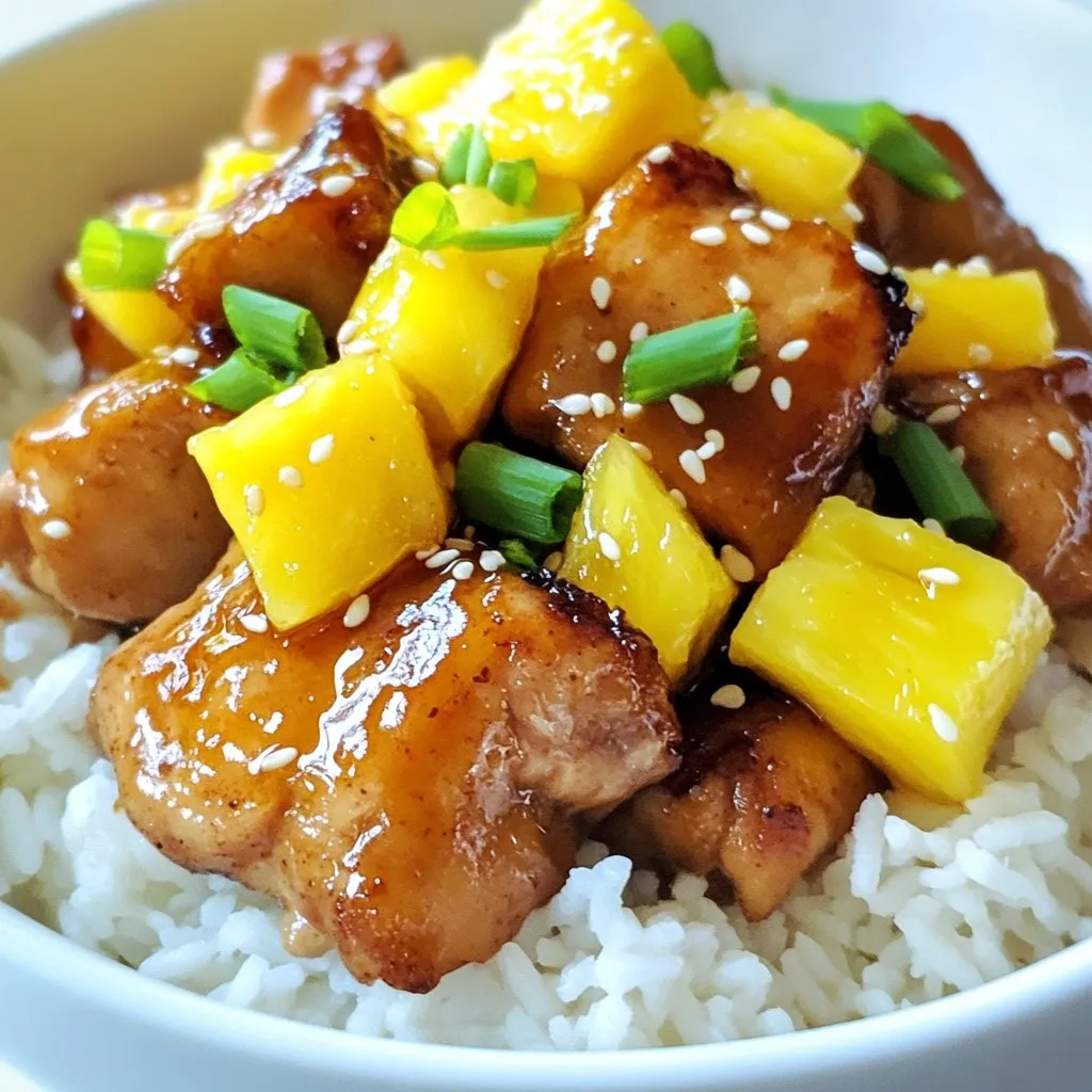 - 1 lb chicken thighs, boneless and skinless - 1 cup fresh pineapple, diced - 1/2 cup brown sugar For this dish, chicken thighs are the star. They are juicy and tender, making them perfect for this sweet and savory meal. Pineapple adds a bright, tropical flavor. Brown sugar gives the sauce its rich sweetness. - 1/4 cup soy sauce - 2 tablespoons apple cider vinegar - 3 cloves garlic, minced - 1 teaspoon fresh ginger, grated Soy sauce adds a salty depth. Apple cider vinegar brings a tangy kick. Garlic and ginger give the dish a warm, aromatic flavor. Together, these ingredients create a tasty marinade that makes the chicken shine. - 2 tablespoons green onions, sliced for garnish - 1 tablespoon sesame seeds for garnish - 1 tablespoon cornstarch - 2 tablespoons water Green onions add a fresh crunch. Sesame seeds provide a nice nutty flavor. You can use cornstarch to thicken the sauce, making it rich and glossy. Adjust these garnishes based on your taste and what you have at home! {{ingredient_image_1}} - In a bowl, mix the brown sugar, soy sauce, apple cider vinegar, minced garlic, and grated ginger. - Stir until the sugar dissolves. - Add the chicken thighs to the marinade. - Make sure the chicken is well-coated. - Cover and place it in the fridge. - Let it marinate for at least 30 minutes. For best taste, aim for 1-2 hours. - Heat a large skillet over medium heat. - Add the marinated chicken thighs to the skillet. - Reserve the marinade for later. - Sear the chicken for 5-7 minutes on each side. - Cook until the chicken turns golden brown and is fully cooked. - Remove the chicken and set it aside. - In the same skillet, pour in the reserved marinade. - Bring it to a simmer over medium heat. - Let it cook for 3-4 minutes. - In a small bowl, mix cornstarch with water to make a slurry. - Slowly stir this slurry into the sauce. - Keep simmering until the sauce thickens. - Stir in the diced pineapple. - Let it cook in the sauce for 2-3 minutes. - Cook until the pineapple is warmed through and slightly caramelized. - Return the cooked chicken to the skillet. - Coat it well with the thickened sauce and pineapple. - Cook for one more minute to blend the flavors. - Plate the chicken and spoon the delicious sauce and pineapple on top. - Garnish with sliced green onions and sesame seeds for color. - For a great meal, serve it on a bed of steamed jasmine rice or quinoa. - Add extra pineapple pieces around for a tropical touch. For the best flavor, marinate your chicken for at least 30 minutes. If you have time, aim for 1-2 hours. This longer time helps the chicken soak up all the sweet and savory goodness. You can adjust sweetness by adding more brown sugar or saltiness with extra soy sauce. Taste the marinade before adding the chicken. Make it just right for your palate. Use a large, non-stick skillet for cooking. This helps the chicken sear nicely without sticking. Cook the chicken over medium heat for about 5-7 minutes per side. Ensure the chicken reaches an internal temperature of 165°F. This way, you know it’s safe to eat and tender too. For a stunning plate, serve the chicken over a bed of jasmine rice or quinoa. This adds a nice base and absorbs the sauce. Arrange extra pineapple pieces around the chicken for a tropical look. Garnish with green onions and sesame seeds for color and crunch. A vibrant plate makes the meal even more exciting! Pro Tips Marinating Time: Allow the chicken to marinate for at least 1-2 hours for enhanced flavor. The longer it sits, the more the flavors will infuse into the meat. Cooking Temperature: Ensure your skillet is hot enough before adding the chicken to achieve a nice sear. This helps to lock in juices and gives a beautiful color. Pineapple Selection: Use fresh pineapple for the best flavor and texture. Canned pineapple may become mushy and less vibrant in taste. Serving Suggestions: Pair this dish with jasmine rice or quinoa and garnish with additional pineapple pieces for a refreshing touch and visual appeal. {{image_2}} You can swap chicken for other proteins. Pork works well, too. Choose pork chops or tenderloin. Tofu is a great option for a plant-based meal. It soaks up flavors nicely. Adjust cooking times for each protein. Pork usually needs about 10-12 minutes of cooking. Tofu should be cooked until golden, about 6-8 minutes on each side. Want to spice things up? Try adding cayenne or paprika. A little heat makes the dish exciting. You can also play with vinegar types. Rice vinegar or balsamic can give different flavors. Each option adds its unique twist to the dish. You can cook this dish in different ways. Oven baking works well if you want less hands-on time. Set your oven to 375°F and bake for about 25-30 minutes. Stovetop cooking gives you a nice sear. It keeps the chicken juicy and flavorful. Slow cookers are another option. Just combine all the ingredients in the pot. Cook on low for 6-8 hours or high for 3-4 hours. You’ll have tender chicken and a rich sauce waiting for you. Leftover Brown Sugar Pineapple Chicken can stay fresh for up to 3 days in the fridge. Store it in an airtight container. Glass or plastic containers with tight lids work best. Make sure to let the chicken cool before sealing it. You can freeze this dish for later use. Divide it into portions before freezing. Use freezer-safe bags or containers. Remove as much air as possible to prevent freezer burn. To thaw, place it in the fridge overnight before reheating. To keep the chicken moist, reheat it in a skillet over low heat. Add a splash of water or broth to keep it juicy. Avoid microwaving it, as this can make the chicken tough. To prevent sogginess in the sauce, reheat it separately. Once warm, combine the chicken and sauce just before serving. Yes, you can use canned pineapple. Canned pineapple is sweet and easy to use. It saves time, as it’s ready to go. However, it often has added sugar and syrup, which can change the taste. Fresh pineapple has a bright, tangy flavor. It also has more nutrients. If you want a fresher taste, use fresh pineapple. If you are short on time, go for canned. Many sides pair well with this dish. Here are a few ideas: - Steamed jasmine rice: This is a classic choice that soaks up the sauce well. - Quinoa: A healthy option that adds protein and fiber. - Stir-fried vegetables: Bright veggies add color and crunch. - Coleslaw: A cool, crunchy side balances the sweetness of the chicken. - Sweet potato fries: Their sweetness matches the dish nicely. These sides enhance the flavors and make the meal more filling. Yes, this recipe is great for meal prep. Here’s how to do it: - Cook the chicken and sauce: Prepare the dish as directed. Let it cool. - Portion it out: Divide the chicken into meal-sized containers with sides. - Store: Keep in the fridge for up to four days. Use airtight containers to keep it fresh. - Reheat: When ready to eat, simply microwave or heat on the stove until warm. Meal prepping makes it easy to enjoy this dish throughout the week! This blog post explored a tasty recipe for Brown Sugar Pineapple Chicken, including key ingredients, step-by-step instructions, and helpful tips. You learned about marinating chicken thighs with a sweet and savory sauce, cooking techniques, and garnishing your dish for a beautiful presentation. Remember, you can easily adapt this recipe with different proteins or cooking methods. Whether you’re cooking for yourself or meal prepping, enjoy the delicious results. Try this recipe to impress your friends and family at your next dinner!