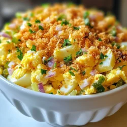 - 6 large eggs - 1/4 cup mayonnaise - 1 tablespoon Dijon mustard - 1 tablespoon lemon juice - 1/4 teaspoon garlic powder - Salt and pepper to taste - 1/2 cup celery, finely chopped - 1/4 cup red onion, finely chopped - 1/4 cup pickles, finely chopped - 1/2 cup panko breadcrumbs - 2 tablespoons olive oil - Fresh parsley, chopped (for garnish) To make crispy egg salad, gather these fresh ingredients first. The six large eggs are the stars of this dish. They give a rich and creamy base. The mayonnaise adds a smooth texture, while Dijon mustard gives a nice kick. Lemon juice brightens the flavors. Garlic powder adds depth without being too strong. Next, we need the crunch. The celery, red onion, and pickles add a refreshing bite. The panko breadcrumbs will make our salad crispy and fun. Finally, olive oil helps toast the breadcrumbs. Don't forget the parsley! It adds a pop of color and flavor on top. When you have these ingredients ready, you can start cooking. Each one plays a key role in making this dish delicious and satisfying. {{ingredient_image_1}} To start, place six large eggs in a saucepan. Cover them with cold water. Heat the pot on medium until the water boils. When it starts boiling, cover the pot. Remove it from heat and let the eggs sit for 12 minutes. This makes them perfect for egg salad. After 12 minutes, transfer the eggs to an ice bath. Let them cool for about five minutes. This helps with easy peeling. Next, prepare the dressing. In a bowl, mix 1/4 cup mayonnaise, 1 tablespoon Dijon mustard, and 1 tablespoon lemon juice. Add 1/4 teaspoon garlic powder, salt, and pepper to taste. Stir until well combined. If you want it creamier, add more mayonnaise. Taste and adjust flavors as needed. You want it just right for your salad. Now, let’s combine the ingredients. Chop the cooled eggs into small pieces. In a large mixing bowl, add the chopped eggs, 1/2 cup finely chopped celery, 1/4 cup finely chopped red onion, and 1/4 cup finely chopped pickles. Pour the dressing over the mixture. Gently stir until everything is well coated. This step is key for a tasty egg salad. For the crispy topping, heat 2 tablespoons of olive oil in a skillet over medium heat. Add 1/2 cup of panko breadcrumbs to the skillet. Toast them, stirring frequently. Cook until golden and crispy, which should take about 3 to 4 minutes. Remove from heat and let cool. This crispy element adds great texture to your egg salad. For serving, spoon the egg salad into bowls. Top each with the crispy panko. Garnish with fresh chopped parsley for a pop of color. You can serve this on bread or enjoy it in a bowl. Either way, it’s a delicious treat! Fresh eggs are key for a great egg salad. Older eggs can be harder to peel and may not taste as good. Always choose large, fresh eggs for the best results. To avoid sogginess, don’t let the egg salad sit too long before serving. Serve it right after mixing to keep that perfect crunch. You can add or substitute various ingredients for a twist. Try adding diced bell peppers for a sweet crunch. Swap the red onion for green onions for a milder taste. Adjust the garlic powder and salt to your liking. Taste as you go to find what works best for you. Prep your ingredients ahead of time to save time. Chop celery, onion, and pickles a day before and store them in the fridge. You can also use store-bought mayo and mustard to cut prep time. This way, you’ll whip up your egg salad in no time! Pro Tips Perfectly Boiled Eggs: For the best results, place the eggs in cold water and then bring to a boil. This method helps prevent cracking and ensures even cooking. Add Flavor to the Dressing: Feel free to customize the dressing by adding herbs like dill or chives for extra flavor. A pinch of cayenne pepper can also add a nice kick. Crunch Factor: Make sure to toast the panko breadcrumbs until they are golden brown for a delightful crunch. This step is key to achieving the crispy topping you desire. Chill for Best Flavor: Allow the egg salad to chill in the refrigerator for at least 30 minutes before serving. This resting time lets the flavors meld beautifully. {{image_2}} You can add cooked and crumbled bacon to your egg salad. This addition gives a nice crunch and a smoky flavor. The saltiness of the bacon also balances the creaminess of the dressing. If you enjoy bold flavors, consider using a bit of black pepper or smoked paprika to enhance the taste. Incorporating avocado into your egg salad brings creaminess. Simply mash ripe avocado and mix it in with the eggs. This adds healthy fats and a smooth texture. To balance the creaminess, add a squeeze of lemon juice. This will brighten the flavor and cut through the richness. For a twist, try adding olives and feta cheese. Chopped olives provide a briny taste, while feta adds a creamy texture. This variation gives your salad a Mediterranean flair. To complete the dish, sprinkle some dried oregano or fresh basil. This enhances the flavors and makes it more aromatic. To keep your crispy egg salad fresh, use airtight containers. Glass or plastic containers work well. Make sure they seal tightly to keep moisture out. You want to keep the ingredients crisp and tasty. Always store the salad in the fridge right after making it. This helps prevent bacteria growth and keeps it safe to eat. You can store your egg salad in the fridge for about three to five days. After this time, it may lose its flavor and texture. Watch for signs of spoilage, like a sour smell or discoloration. If it looks or smells off, it’s best to throw it away. Safety first! Reheating egg salad is usually not necessary. It tastes best cold. If you want to heat it, do so gently. Use a low setting on the stove or microwave. Heat it just enough to take the chill off. To keep the texture, avoid cooking it too long. Enjoy your crispy egg salad fresh for the best flavor! You can use yogurt or avocado instead of mayo. Both keep it creamy. Greek yogurt adds a tangy flavor. Avocado brings rich creaminess. Use mashed avocado for a smooth texture. Both options keep the mix flavorful and light. Balance flavors by adding lemon juice. This helps brighten the dish. Yes, you can prep parts in advance. Cook and chop eggs. Mix the salad base without the crispy topping. Store it in the fridge for up to two days. Add the crispy topping just before serving. This keeps it crunchy and fresh. I love using whole grain or sourdough bread. These offer great texture and flavor. You can also try rye or a soft baguette. For a lighter option, serve it on leafy greens. This keeps it fresh and adds a nice crunch. In this article, we explored how to make a tasty egg salad. We covered ingredients and detailed steps to prepare it perfectly. You learned how to create a crispy topping and enhance flavors with easy tricks. Remember, fresh eggs and proper storage are key to great taste. Feel free to experiment with variations like bacon or avocado. Enjoy crafting a delicious meal that can impress everyone at your table. Happy cooking!