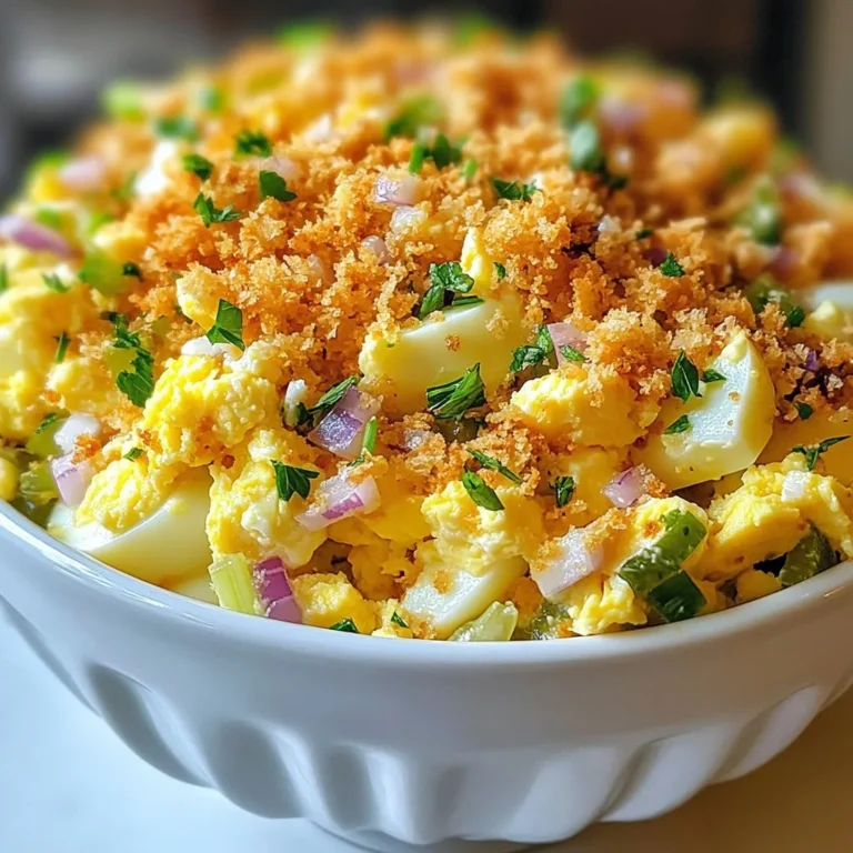 - 6 large eggs - 1/4 cup mayonnaise - 1 tablespoon Dijon mustard - 1 tablespoon lemon juice - 1/4 teaspoon garlic powder - Salt and pepper to taste - 1/2 cup celery, finely chopped - 1/4 cup red onion, finely chopped - 1/4 cup pickles, finely chopped - 1/2 cup panko breadcrumbs - 2 tablespoons olive oil - Fresh parsley, chopped (for garnish) To make crispy egg salad, gather these fresh ingredients first. The six large eggs are the stars of this dish. They give a rich and creamy base. The mayonnaise adds a smooth texture, while Dijon mustard gives a nice kick. Lemon juice brightens the flavors. Garlic powder adds depth without being too strong. Next, we need the crunch. The celery, red onion, and pickles add a refreshing bite. The panko breadcrumbs will make our salad crispy and fun. Finally, olive oil helps toast the breadcrumbs. Don't forget the parsley! It adds a pop of color and flavor on top. When you have these ingredients ready, you can start cooking. Each one plays a key role in making this dish delicious and satisfying. {{ingredient_image_1}} To start, place six large eggs in a saucepan. Cover them with cold water. Heat the pot on medium until the water boils. When it starts boiling, cover the pot. Remove it from heat and let the eggs sit for 12 minutes. This makes them perfect for egg salad. After 12 minutes, transfer the eggs to an ice bath. Let them cool for about five minutes. This helps with easy peeling. Next, prepare the dressing. In a bowl, mix 1/4 cup mayonnaise, 1 tablespoon Dijon mustard, and 1 tablespoon lemon juice. Add 1/4 teaspoon garlic powder, salt, and pepper to taste. Stir until well combined. If you want it creamier, add more mayonnaise. Taste and adjust flavors as needed. You want it just right for your salad. Now, let’s combine the ingredients. Chop the cooled eggs into small pieces. In a large mixing bowl, add the chopped eggs, 1/2 cup finely chopped celery, 1/4 cup finely chopped red onion, and 1/4 cup finely chopped pickles. Pour the dressing over the mixture. Gently stir until everything is well coated. This step is key for a tasty egg salad. For the crispy topping, heat 2 tablespoons of olive oil in a skillet over medium heat. Add 1/2 cup of panko breadcrumbs to the skillet. Toast them, stirring frequently. Cook until golden and crispy, which should take about 3 to 4 minutes. Remove from heat and let cool. This crispy element adds great texture to your egg salad. For serving, spoon the egg salad into bowls. Top each with the crispy panko. Garnish with fresh chopped parsley for a pop of color. You can serve this on bread or enjoy it in a bowl. Either way, it’s a delicious treat! Fresh eggs are key for a great egg salad. Older eggs can be harder to peel and may not taste as good. Always choose large, fresh eggs for the best results. To avoid sogginess, don’t let the egg salad sit too long before serving. Serve it right after mixing to keep that perfect crunch. You can add or substitute various ingredients for a twist. Try adding diced bell peppers for a sweet crunch. Swap the red onion for green onions for a milder taste. Adjust the garlic powder and salt to your liking. Taste as you go to find what works best for you. Prep your ingredients ahead of time to save time. Chop celery, onion, and pickles a day before and store them in the fridge. You can also use store-bought mayo and mustard to cut prep time. This way, you’ll whip up your egg salad in no time! Pro Tips Perfectly Boiled Eggs: For the best results, place the eggs in cold water and then bring to a boil. This method helps prevent cracking and ensures even cooking. Add Flavor to the Dressing: Feel free to customize the dressing by adding herbs like dill or chives for extra flavor. A pinch of cayenne pepper can also add a nice kick. Crunch Factor: Make sure to toast the panko breadcrumbs until they are golden brown for a delightful crunch. This step is key to achieving the crispy topping you desire. Chill for Best Flavor: Allow the egg salad to chill in the refrigerator for at least 30 minutes before serving. This resting time lets the flavors meld beautifully. {{image_2}} You can add cooked and crumbled bacon to your egg salad. This addition gives a nice crunch and a smoky flavor. The saltiness of the bacon also balances the creaminess of the dressing. If you enjoy bold flavors, consider using a bit of black pepper or smoked paprika to enhance the taste. Incorporating avocado into your egg salad brings creaminess. Simply mash ripe avocado and mix it in with the eggs. This adds healthy fats and a smooth texture. To balance the creaminess, add a squeeze of lemon juice. This will brighten the flavor and cut through the richness. For a twist, try adding olives and feta cheese. Chopped olives provide a briny taste, while feta adds a creamy texture. This variation gives your salad a Mediterranean flair. To complete the dish, sprinkle some dried oregano or fresh basil. This enhances the flavors and makes it more aromatic. To keep your crispy egg salad fresh, use airtight containers. Glass or plastic containers work well. Make sure they seal tightly to keep moisture out. You want to keep the ingredients crisp and tasty. Always store the salad in the fridge right after making it. This helps prevent bacteria growth and keeps it safe to eat. You can store your egg salad in the fridge for about three to five days. After this time, it may lose its flavor and texture. Watch for signs of spoilage, like a sour smell or discoloration. If it looks or smells off, it’s best to throw it away. Safety first! Reheating egg salad is usually not necessary. It tastes best cold. If you want to heat it, do so gently. Use a low setting on the stove or microwave. Heat it just enough to take the chill off. To keep the texture, avoid cooking it too long. Enjoy your crispy egg salad fresh for the best flavor! You can use yogurt or avocado instead of mayo. Both keep it creamy. Greek yogurt adds a tangy flavor. Avocado brings rich creaminess. Use mashed avocado for a smooth texture. Both options keep the mix flavorful and light. Balance flavors by adding lemon juice. This helps brighten the dish. Yes, you can prep parts in advance. Cook and chop eggs. Mix the salad base without the crispy topping. Store it in the fridge for up to two days. Add the crispy topping just before serving. This keeps it crunchy and fresh. I love using whole grain or sourdough bread. These offer great texture and flavor. You can also try rye or a soft baguette. For a lighter option, serve it on leafy greens. This keeps it fresh and adds a nice crunch. In this article, we explored how to make a tasty egg salad. We covered ingredients and detailed steps to prepare it perfectly. You learned how to create a crispy topping and enhance flavors with easy tricks. Remember, fresh eggs and proper storage are key to great taste. Feel free to experiment with variations like bacon or avocado. Enjoy crafting a delicious meal that can impress everyone at your table. Happy cooking!