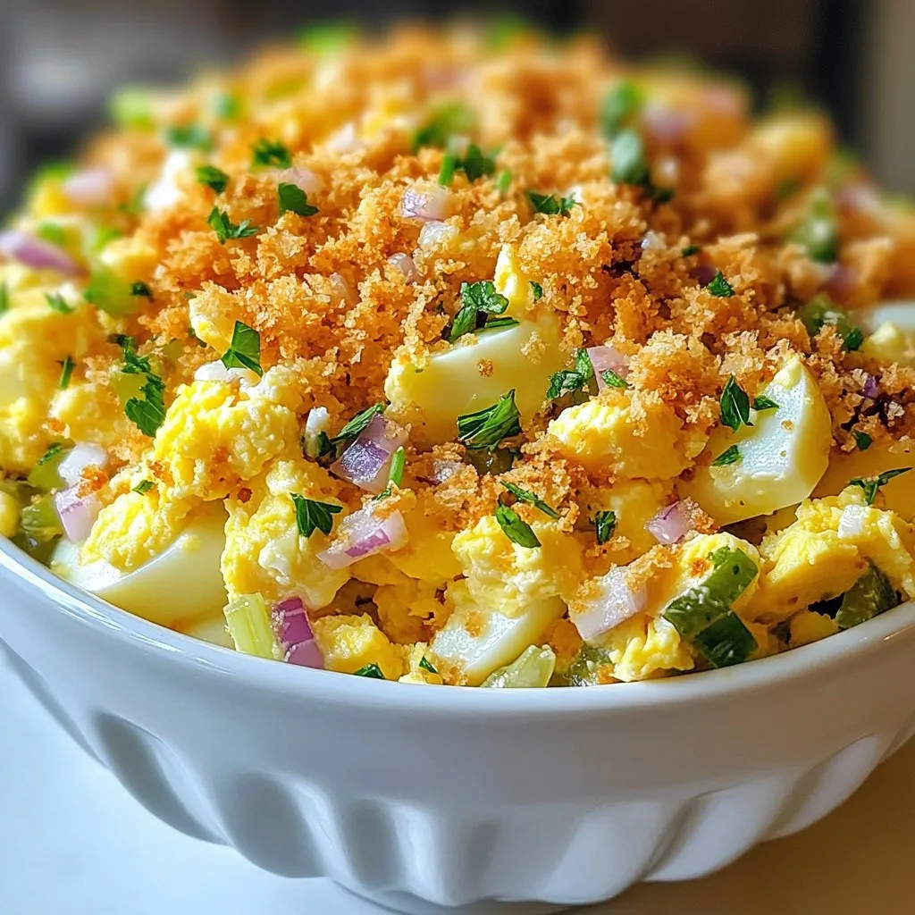 - 6 large eggs - 1/4 cup mayonnaise - 1 tablespoon Dijon mustard - 1 tablespoon lemon juice - 1/4 teaspoon garlic powder - Salt and pepper to taste - 1/2 cup celery, finely chopped - 1/4 cup red onion, finely chopped - 1/4 cup pickles, finely chopped - 1/2 cup panko breadcrumbs - 2 tablespoons olive oil - Fresh parsley, chopped (for garnish) To make crispy egg salad, gather these fresh ingredients first. The six large eggs are the stars of this dish. They give a rich and creamy base. The mayonnaise adds a smooth texture, while Dijon mustard gives a nice kick. Lemon juice brightens the flavors. Garlic powder adds depth without being too strong. Next, we need the crunch. The celery, red onion, and pickles add a refreshing bite. The panko breadcrumbs will make our salad crispy and fun. Finally, olive oil helps toast the breadcrumbs. Don't forget the parsley! It adds a pop of color and flavor on top. When you have these ingredients ready, you can start cooking. Each one plays a key role in making this dish delicious and satisfying. {{ingredient_image_1}} To start, place six large eggs in a saucepan. Cover them with cold water. Heat the pot on medium until the water boils. When it starts boiling, cover the pot. Remove it from heat and let the eggs sit for 12 minutes. This makes them perfect for egg salad. After 12 minutes, transfer the eggs to an ice bath. Let them cool for about five minutes. This helps with easy peeling. Next, prepare the dressing. In a bowl, mix 1/4 cup mayonnaise, 1 tablespoon Dijon mustard, and 1 tablespoon lemon juice. Add 1/4 teaspoon garlic powder, salt, and pepper to taste. Stir until well combined. If you want it creamier, add more mayonnaise. Taste and adjust flavors as needed. You want it just right for your salad. Now, let’s combine the ingredients. Chop the cooled eggs into small pieces. In a large mixing bowl, add the chopped eggs, 1/2 cup finely chopped celery, 1/4 cup finely chopped red onion, and 1/4 cup finely chopped pickles. Pour the dressing over the mixture. Gently stir until everything is well coated. This step is key for a tasty egg salad. For the crispy topping, heat 2 tablespoons of olive oil in a skillet over medium heat. Add 1/2 cup of panko breadcrumbs to the skillet. Toast them, stirring frequently. Cook until golden and crispy, which should take about 3 to 4 minutes. Remove from heat and let cool. This crispy element adds great texture to your egg salad. For serving, spoon the egg salad into bowls. Top each with the crispy panko. Garnish with fresh chopped parsley for a pop of color. You can serve this on bread or enjoy it in a bowl. Either way, it’s a delicious treat! Fresh eggs are key for a great egg salad. Older eggs can be harder to peel and may not taste as good. Always choose large, fresh eggs for the best results. To avoid sogginess, don’t let the egg salad sit too long before serving. Serve it right after mixing to keep that perfect crunch. You can add or substitute various ingredients for a twist. Try adding diced bell peppers for a sweet crunch. Swap the red onion for green onions for a milder taste. Adjust the garlic powder and salt to your liking. Taste as you go to find what works best for you. Prep your ingredients ahead of time to save time. Chop celery, onion, and pickles a day before and store them in the fridge. You can also use store-bought mayo and mustard to cut prep time. This way, you’ll whip up your egg salad in no time! Pro Tips Perfectly Boiled Eggs: For the best results, place the eggs in cold water and then bring to a boil. This method helps prevent cracking and ensures even cooking. Add Flavor to the Dressing: Feel free to customize the dressing by adding herbs like dill or chives for extra flavor. A pinch of cayenne pepper can also add a nice kick. Crunch Factor: Make sure to toast the panko breadcrumbs until they are golden brown for a delightful crunch. This step is key to achieving the crispy topping you desire. Chill for Best Flavor: Allow the egg salad to chill in the refrigerator for at least 30 minutes before serving. This resting time lets the flavors meld beautifully. {{image_2}} You can add cooked and crumbled bacon to your egg salad. This addition gives a nice crunch and a smoky flavor. The saltiness of the bacon also balances the creaminess of the dressing. If you enjoy bold flavors, consider using a bit of black pepper or smoked paprika to enhance the taste. Incorporating avocado into your egg salad brings creaminess. Simply mash ripe avocado and mix it in with the eggs. This adds healthy fats and a smooth texture. To balance the creaminess, add a squeeze of lemon juice. This will brighten the flavor and cut through the richness. For a twist, try adding olives and feta cheese. Chopped olives provide a briny taste, while feta adds a creamy texture. This variation gives your salad a Mediterranean flair. To complete the dish, sprinkle some dried oregano or fresh basil. This enhances the flavors and makes it more aromatic. To keep your crispy egg salad fresh, use airtight containers. Glass or plastic containers work well. Make sure they seal tightly to keep moisture out. You want to keep the ingredients crisp and tasty. Always store the salad in the fridge right after making it. This helps prevent bacteria growth and keeps it safe to eat. You can store your egg salad in the fridge for about three to five days. After this time, it may lose its flavor and texture. Watch for signs of spoilage, like a sour smell or discoloration. If it looks or smells off, it’s best to throw it away. Safety first! Reheating egg salad is usually not necessary. It tastes best cold. If you want to heat it, do so gently. Use a low setting on the stove or microwave. Heat it just enough to take the chill off. To keep the texture, avoid cooking it too long. Enjoy your crispy egg salad fresh for the best flavor! You can use yogurt or avocado instead of mayo. Both keep it creamy. Greek yogurt adds a tangy flavor. Avocado brings rich creaminess. Use mashed avocado for a smooth texture. Both options keep the mix flavorful and light. Balance flavors by adding lemon juice. This helps brighten the dish. Yes, you can prep parts in advance. Cook and chop eggs. Mix the salad base without the crispy topping. Store it in the fridge for up to two days. Add the crispy topping just before serving. This keeps it crunchy and fresh. I love using whole grain or sourdough bread. These offer great texture and flavor. You can also try rye or a soft baguette. For a lighter option, serve it on leafy greens. This keeps it fresh and adds a nice crunch. In this article, we explored how to make a tasty egg salad. We covered ingredients and detailed steps to prepare it perfectly. You learned how to create a crispy topping and enhance flavors with easy tricks. Remember, fresh eggs and proper storage are key to great taste. Feel free to experiment with variations like bacon or avocado. Enjoy crafting a delicious meal that can impress everyone at your table. Happy cooking!