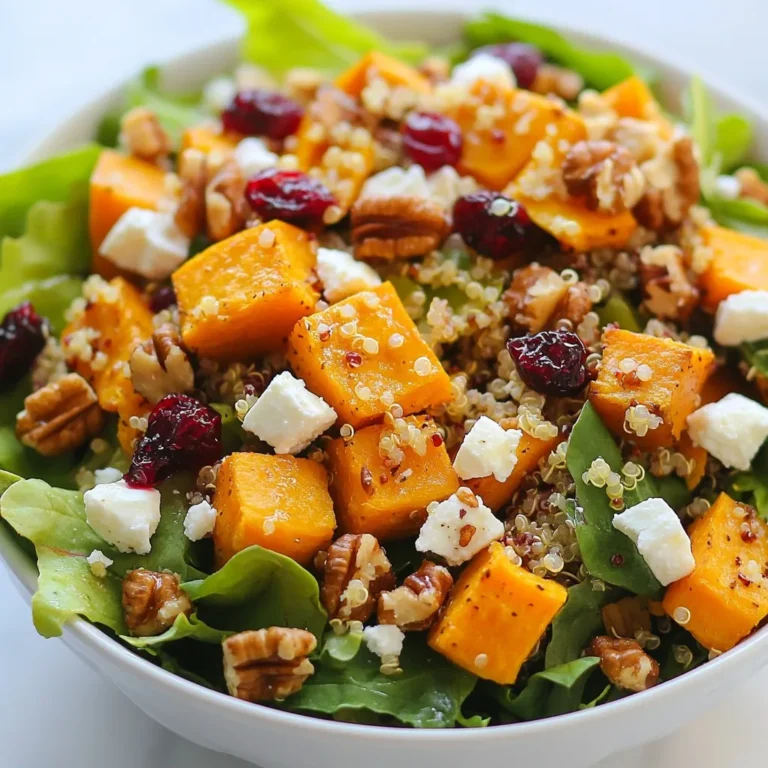 - 2 cups mixed greens (spinach, arugula, or kale) - 1 cup roasted sweet potatoes, cubed - 1/2 cup cooked quinoa - 1/2 cup feta cheese, crumbled - 1/2 cup toasted walnuts, chopped - 1/2 cup dried cranberries - 1/4 cup red onion, thinly sliced - 1/4 cup olive oil - 2 tablespoons apple cider vinegar - 2 tablespoons cranberry sauce - 1 tablespoon honey or maple syrup - Salt and pepper to taste This recipe is a mix of fresh and hearty flavors. The core ingredients make a solid base. You can use mixed greens like spinach, arugula, or kale for a vibrant look. Roasted sweet potatoes add sweetness and texture. Cooked quinoa boosts protein and gives a nice chew. Crumbled feta cheese lends a creamy touch. Toasted walnuts add crunch and depth. For extra flavor, dried cranberries bring sweetness and tartness. Thinly sliced red onion adds a crunch and a mild bite. Olive oil and apple cider vinegar make a bright dressing. Homemade cranberry sauce gives the salad its name and flavor. Finally, honey or maple syrup can sweeten the dressing. Season with salt and pepper to taste. Together, these ingredients create a salad that is both fresh and filling. {{ingredient_image_1}} First, preheat your oven to 400°F (200°C). While the oven heats up, cut the sweet potatoes into cubes. Toss them in a bowl with olive oil, salt, and pepper. Make sure every piece gets coated. Spread the cubes on a baking sheet in a single layer. Roast them for 25 to 30 minutes. They should turn golden and tender. Remember to turn them halfway through to cook evenly. Once done, take them out and let them cool. Start by rinsing the quinoa under cold water. This step helps remove any bitterness. In a pot, combine one part quinoa with two parts water. Bring it to a boil and then lower the heat. Let it simmer for about 15 minutes. The water should absorb fully. After cooking, use a fork to fluff the quinoa. Fluffing makes it light and airy. Set it aside to cool before mixing it into your salad. In a small bowl, whisk together the olive oil, apple cider vinegar, cranberry sauce, and honey or maple syrup. Mix well until all the ingredients blend together. Taste the dressing and adjust sweetness or seasoning to your liking. If you like it sweeter, add more honey or syrup. For a tangier taste, add a bit more vinegar. This dressing will add a burst of flavor to your salad. To present your Cranberry-Glazed Harvest Veggie Salad beautifully, use a large shallow dish. This allows all the colors to shine. Sprinkle extra walnuts and cranberries on top. Garnish with fresh herbs like parsley or cilantro for a festive touch. For accompaniments, pair this salad with crusty bread or creamy soup. These options enhance the meal experience. You can switch the mixed greens to your favorites. Try using romaine or butter lettuce. For proteins, include grilled chicken, chickpeas, or tofu. If you want vegan options, skip the feta or use a plant-based substitute. To make it gluten-free, ensure your quinoa is certified gluten-free and use gluten-free dressing. Spice up the dressing by adding a pinch of cayenne or smoked paprika. This adds a warm kick and depth. For extra crunch, consider adding sliced bell peppers or crispy chickpeas. These additions not only enhance the taste but also make the salad more satisfying. Pro Tips Choose Seasonal Greens: Using seasonal greens enhances flavor and freshness. Options like spinach, arugula, or kale are great for this salad. Customize Your Nuts: Feel free to swap walnuts for pecans or almonds for a different texture and flavor profile. Make It Vegan: To make this salad vegan, simply omit the feta cheese or use a plant-based feta alternative. Prep Ahead: Roast sweet potatoes and cook quinoa ahead of time for an easy assembly on busy days. {{image_2}} You can easily change the veggies in this salad based on what is fresh and in season. - Spring: Use asparagus or snap peas instead of sweet potatoes. - Summer: Try fresh tomatoes or bell peppers for a colorful twist. - Fall: Add roasted beets or butternut squash for a hearty touch. - Winter: Incorporate Brussels sprouts or carrots for a crunchy bite. These swaps keep your salad fresh and exciting. You can also customize based on what you find at the store. This way, you enjoy the best flavors each season offers. While I love the cranberry dressing in this recipe, you have options! - Store-Bought: Grab a balsamic vinaigrette for a quick fix. - Homemade: Try mixing lemon juice, olive oil, and mustard for a tangy flavor. You can also experiment with other dressings like tahini or yogurt-based ones. Each choice adds its own flair to the salad. Adding proteins makes this salad more filling and delicious. - Grilled Chicken: Slice it and add on top for a hearty meal. - Chickpeas: Toss in a can for a quick vegetarian boost. These proteins not only enhance the taste but also provide essential nutrients. You get energy and stay full longer. To store leftovers, use an airtight container. This keeps the salad fresh longer. Place the salad in the fridge right after serving. It stays good for up to three days. The greens may wilt but the rest will hold well. After assembly, roasted sweet potatoes last for about five days. Quinoa can stay fresh for up to a week. You can freeze some parts of this salad. However, I do not recommend freezing the whole salad. The mixed greens will become mushy. Instead, freeze the roasted sweet potatoes and quinoa separately. Use freezer bags and remove as much air as possible. They will keep well for about three months. If you want to warm up the sweet potatoes or quinoa, do not microwave them. Instead, heat them gently in a pan over low heat. Stir often to avoid sticking. You can serve the salad cold or warm, based on your taste. Top with fresh ingredients like walnuts and cranberries for a beautiful look. You can try using other fruity sauces. Options like raspberry or cherry sauce work well. You can also mix honey with a bit of lemon juice for sweetness. This gives a nice flavor and keeps the salad fresh. The salad stays fresh for about three days in the fridge. If you keep the dressing separate, it can last longer. Roasted sweet potatoes and quinoa can also stay fresh for up to five days. Just store them in airtight containers. Yes, you can make this salad ahead. Prepare the sweet potatoes and quinoa the day before. Mix the salad, but wait to add the dressing until just before serving. This keeps everything crisp and tasty. Store the components separately for best results. This blog post shared a delicious salad recipe featuring mixed greens, roasted sweet potatoes, and quinoa. You learned how to roast sweet potatoes, cook fluffy quinoa, and prepare a tasty dressing. We discussed tips for serving, ingredient swaps, and unique variations to keep it fresh and exciting. Remember, you can customize this salad based on the season or your taste. Enjoy making this versatile dish that is both nutritious and satisfying!