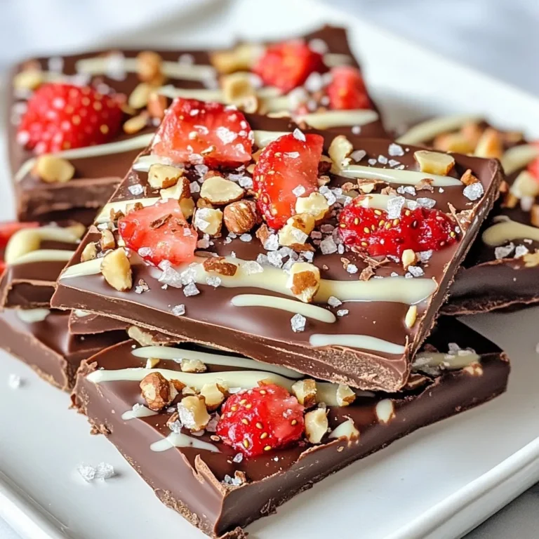 To make this tasty chocolate covered strawberry bark, you'll need: - 1 cup dark chocolate chips - 1 cup white chocolate chips - 1 cup freeze-dried strawberries - 1/2 cup crushed nuts (almonds or walnuts for added texture) - Sea salt (for sprinkling) These ingredients create a great mix of flavors and textures. The dark chocolate pairs well with the sweet white chocolate. The freeze-dried strawberries add a fruity crunch. Don't forget to sprinkle sea salt for that perfect touch! You can switch things up to match your taste! Try these alternatives: - Use milk chocolate chips instead of dark chocolate for a sweeter taste. - Swap freeze-dried strawberries with other fruits like raspberries or bananas. - Substitute crushed nuts with seeds or granola for a nut-free option. - Add a few sprinkles or edible glitter for a fun look! Feel free to get creative. This bark is easy to customize for different flavors and preferences. Choosing the right chocolate and strawberries makes a big difference. Here are some tips: - Pick high-quality chocolate chips with a good cocoa content. Look for brands with minimal ingredients. - For strawberries, choose freeze-dried ones without added sugar. They should be crisp and vibrant. - Always check the packaging for freshness dates. Fresh ingredients lead to better taste and texture. Using quality items enhances the flavor and makes your bark truly delightful! {{ingredient_image_1}} Start by getting your baking sheet ready. Line it with parchment paper or a silicone mat. This step stops the bark from sticking. Make sure the paper fits well and covers the whole sheet. Next, we melt the dark chocolate. Take one cup of dark chocolate chips and place them in a microwave-safe bowl. Heat them in the microwave for 30 seconds. After that, stir the chips. Repeat this process until the chocolate is smooth. It should take about 1-2 minutes total. Now, let’s move on to the white chocolate. While the dark chocolate cools, melt one cup of white chocolate chips. Use the same microwave method as before. When the dark chocolate is set but soft, drizzle the white chocolate over it. You can use a spoon or a piping bag for this. Next, sprinkle the freeze-dried strawberries and crushed nuts on top. For a special touch, add a light sprinkle of sea salt. Let the bark set in the fridge for about 30 minutes. This helps it harden fully. Once it is firm, take it out and break it into pieces. Aim for irregular shapes for a rustic look. Enjoy your tasty bark! To melt chocolate well, use a microwave-safe bowl. Place dark chocolate chips in the bowl. Heat them in 30-second bursts. Stir after each burst until smooth. This method stops the chocolate from burning. You can also use a double boiler. Fill a pot with a little water. Boil the water, then place the bowl on top. Stir until melted. This method gives even heat. For a stunning look, spread dark chocolate evenly. Use a spatula to make it about 1/4 inch thick. Once it sets a bit, drizzle white chocolate over it. You can use a spoon or a piping bag. It gives a nice touch. Next, sprinkle freeze-dried strawberries and crushed nuts on top. Add a little sea salt for flavor and crunch. This mix of colors makes it pop. To keep your bark fresh, store it in an airtight container. Place parchment paper between layers to avoid sticking. Keep it in a cool, dry place. Avoid direct sunlight and heat. If you want to store it longer, refrigerate it. Chocolate covered strawberry bark can last up to two weeks. If you freeze it, it stays good for about three months. Just remember to thaw it in the fridge before eating. Pro Tips Use Quality Chocolate: High-quality chocolate will melt smoothly and provide a richer flavor to your bark. Customize Your Toppings: Feel free to mix and match toppings like dried fruits, seeds, or different types of nuts for variety. Ensure Even Melting: Stir chocolate thoroughly during melting to avoid scorching and ensure an even consistency. Store Properly: Keeps the bark in an airtight container at room temperature for up to two weeks for the best texture and flavor. {{image_2}} You can switch up the chocolate for your bark. Try using milk chocolate instead of dark. It makes the bark taste sweeter and creamier. You may also mix dark and white chocolate for a fun twist. The rich taste of dark chocolate blends well with the sweetness of white chocolate. Try adding flavored chocolates, like orange or mint, to surprise your taste buds. Each choice adds a new layer of flavor. Get creative with your toppings! Besides freeze-dried strawberries, you can use crushed cookies like Oreos or graham crackers. Nuts add crunch, so try pecans or hazelnuts. You can even sprinkle some coconut flakes for a tropical touch. For a spicy kick, add a pinch of cayenne pepper to your chocolate. This adds a fun surprise in every bite. You can mix and match until you find your favorite combination! As the seasons change, so can your bark! For spring, add pastel-colored candies like M&Ms. In fall, try adding pumpkin spice or chopped candy corn for a festive touch. During the winter holidays, use peppermint pieces or colored sprinkles for a cheerful look. Each season offers a chance to celebrate with new flavors and colors. Have fun and let your creativity shine with each batch! To keep your chocolate covered strawberry bark fresh, store it in an airtight container. Place parchment paper between layers to prevent sticking. A cool, dry spot in your kitchen is best. Avoid areas near heat sources. Chocolate can melt or lose its snap in warm places. When stored properly, chocolate covered strawberry bark lasts about two weeks. After that, it may lose its texture and flavor. If you want to keep it longer, consider freezing it. Just remember that the longer you store it, the more the taste can change. To freeze your bark, cut it into pieces first. Place it in a freezer-safe bag or container, removing as much air as you can. When you are ready to enjoy it, take out only what you need. Thaw it in the fridge for best results. Avoid thawing at room temperature, as this can cause moisture to form on the bark. Yes, you can use milk chocolate. It adds a sweeter taste. Milk chocolate melts well, just like dark chocolate. Keep in mind that it may change the flavor profile slightly. If you like sweeter treats, milk chocolate is a great choice. You can use many fruits! Try bananas, cherries, or raspberries. Dried fruits work well too, like mango or cranberries. Fresh fruits have more moisture, so use them carefully. Each fruit brings its unique flavor and texture to the bark. To make removal easy, line your baking sheet with parchment paper. This prevents sticking. A silicone mat works well too. After the bark sets, gently lift the edges of the paper. This should help you remove the bark easily without breaking it. Absolutely! Use vegan dark chocolate chips and skip the white chocolate. You can also use coconut cream instead of white chocolate for a creamy layer. Make sure other ingredients, like nuts, are also vegan-friendly. Enjoy a tasty vegan treat! You now know how to make delicious chocolate-covered strawberry bark. We explored key ingredients, alternative options, and tips for quality. The step-by-step guide showed you how to create this treat easily. We discussed ways to customize your bark and how to store it properly. In the end, this bark is a fun treat for any time. Enjoy your creation and share it with friends!