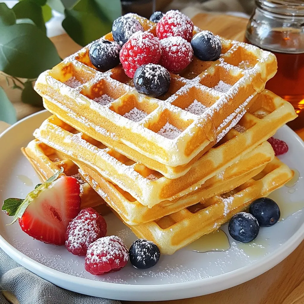 - 2 cups all-purpose flour - 2 tablespoons sugar - 1 tablespoon baking powder - 1/2 teaspoon salt - 2 large eggs - 1 3/4 cups milk - 1/2 cup vegetable oil (or melted butter) - 1 teaspoon vanilla extract - Optional: 1/2 teaspoon ground cinnamon To enhance the flavor of your waffles, consider adding: - 1/2 teaspoon nutmeg - Chocolate chips - Fresh fruit like blueberries or strawberries For those with common allergens, here are some substitutions: - Use almond flour for gluten-free waffles. - Substitute the eggs with mashed banana or flaxseed meal for a vegan option. - Swap milk with almond or soy milk for dairy-free waffles. {{ingredient_image_1}} Start by measuring your flour, sugar, baking powder, salt, and optional cinnamon. Use a large bowl. Whisk these dry ingredients together until they blend well. Accurate measuring is key for fluffy waffles. Too much or too little can change the texture. If you want extra flavor, add your spices like cinnamon. This small step makes a big difference! In a separate bowl, beat the eggs with a fork. Then, add the milk, vegetable oil or melted butter, and vanilla extract. Mix until everything is smooth. Using room temperature ingredients helps your batter blend better. If your eggs and milk are cold, it can affect the final texture. Now, pour the wet mixture into the dry bowl. Use a spatula to gently fold the two together. Be careful not to overmix. You want the batter to be lumpy, not smooth. Lumpy batter leads to fluffy waffles. If you mix too much, your waffles can turn out dense. Preheat your waffle iron according to the instructions. Lightly grease it with non-stick spray or brush with oil. Pour about 1/2 to 3/4 cup of batter onto the hot iron. Close the lid and cook for 4-5 minutes. Look for golden brown color and crisp edges. This shows they are done. When your waffles are ready, place them on a cooling rack. This keeps them from getting soggy. You can serve them warm with toppings like fresh berries, maple syrup, or whipped cream. These add flavor and make your waffles even more fun! If you have leftovers, store them in an airtight container. Reheat them in the toaster for a quick breakfast. To make waffles fluffy, start by separating the egg whites from the yolks. Beat the whites until they form soft peaks. This step adds volume to the batter and helps create an airy texture. Another trick is to use club soda instead of regular milk. The bubbles in club soda lift the batter, making it lighter. You can also use baking soda as an alternative for a similar effect. Let the batter rest for about 10 minutes before cooking. This resting time allows bubbles to form, which makes the waffles fluffier. Professional chefs suggest using fresh ingredients for the best results. Fresh eggs and milk enhance flavor and texture. Feel free to experiment with flavors! Add chocolate chips, nuts, or spices like cinnamon to change things up. If you own a unique waffle iron, adjust the batter amount. Some irons need less batter, while others require more. Always check the manufacturer's instructions for the best results. Pro Tips Perfectly Preheat: Make sure your waffle iron is fully preheated before adding the batter to ensure crispy, golden waffles. Don’t Overmix: Gently fold the batter until just combined to keep your waffles light and fluffy. Lumps are okay! Cooling Rack Magic: Place cooked waffles on a cooling rack instead of a plate to keep them crispy while you finish cooking the rest. Customize Your Flavor: Add extras like chocolate chips, blueberries, or nuts to the batter for a delicious twist on classic waffles. {{image_2}} Adding chocolate chips or nuts makes waffles even more fun. Just fold in your favorite mix-ins after combining the batter. Try semi-sweet chocolate chips for a sweet treat. Walnuts or pecans add a nice crunch and flavor. Berry-infused waffles are another great option. Use fresh or frozen berries like blueberries or strawberries. Mash them lightly and mix them into the batter. This gives a fruity twist to each bite. Savory additions like cheese or herbs can change the game. Adding shredded cheese like cheddar can give you a cheesy delight. You can also try mixing in fresh herbs like chives or rosemary for a unique taste. For gluten-free waffles, swap all-purpose flour with almond or coconut flour. You can also use gluten-free flour blends available at stores. These options will keep your waffles light and fluffy without gluten. If you want vegan waffles, replace eggs with flaxseed meal or applesauce. Use plant-based milk like almond or oat milk instead of regular milk. This way, you still enjoy tasty waffles without animal products. For low-sugar alternatives, use natural sweeteners like honey or maple syrup. These options give sweetness without refined sugar. You can also try adding mashed bananas to sweeten the batter naturally. To keep your leftover waffles fresh, follow these easy steps: - Refrigerating: Place your waffles in an airtight container. You can use a plastic or glass container. Make sure they are cool before sealing. - Freezing: For long-term storage, freeze waffles. Stack them with parchment paper between each one. This way, they won't stick together. - Reheating Tips: When you're ready to eat them, reheat in the toaster or oven. This helps restore their crispiness. Heat them at 350°F for about 5-7 minutes. Waffles can last for a good amount of time if stored properly: - In the fridge: Expect them to stay fresh for about 3-4 days. - In the freezer: They can last up to 2 months. Watch for these signs of spoilage: - Mold: Check for any visible mold on the waffles. - Off smell: If they smell sour or strange, it's best to throw them out. - Texture changes: If they become hard or very dry, they may not taste good anymore. If your waffles are dense, a few things might be wrong. First, check your baking powder. Make sure it's fresh. Old baking powder can cause flat waffles. Second, watch your mixing. Overmixing makes the batter tough. You want it lumpy, not smooth. Lastly, ingredient ratios matter. Use the right amounts of flour, liquid, and leavening agents for best results. Yes, you can make waffle batter ahead of time. Store it in the fridge for up to 24 hours. When you’re ready to cook, give it a gentle stir. If it thickens, add a splash of milk. For best taste and texture, use it fresh. Waffles are done when they are golden brown and crisp. Most waffle irons have a light that signals when they are ready. If you don’t have one, check them after about 4-5 minutes. They should be firm, not wet. If they stick, they might need more time. Many toppings make waffles shine. Classic maple syrup is a favorite. Fresh berries add brightness and flavor. For something special, try whipped cream or chocolate sauce. Balance is key; mix sweet and crunchy toppings for a tasty bite. Fluffy homemade waffles are fun and easy to make. This guide covered every step, from gathering ingredients to serving tips. Remember, separating egg whites helps create that lofty texture. You can customize flavors or even adjust for diets. Storing your leftovers right ensures tasty breakfasts later. Enjoy your waffle-making journey, and don't be afraid to experiment! You'll impress your friends and family with your delicious creations.