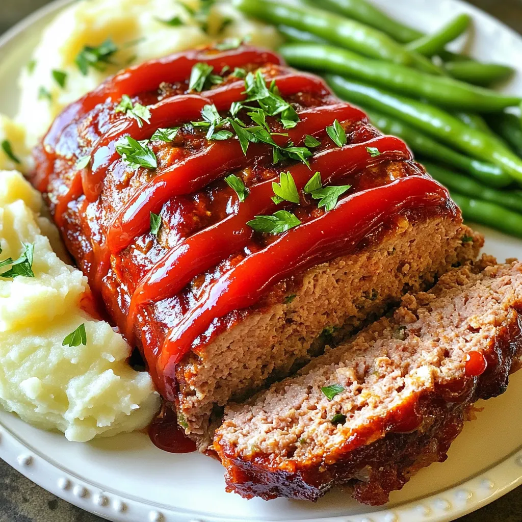 To make a great meatloaf, gather these key items: - 1 lb (450g) ground beef - 1 lb (450g) ground turkey - 1 cup breadcrumbs - 1/4 cup milk - 1 large onion, finely chopped - 2 cloves garlic, minced - 1/4 cup fresh parsley, chopped - 2 large eggs - 1 tablespoon Worcestershire sauce - 1 tablespoon Dijon mustard - 1 teaspoon salt - 1/2 teaspoon black pepper - 1/2 teaspoon dried oregano - 1/2 teaspoon smoked paprika - 1/2 cup ketchup (for topping) For a twist on your meatloaf, consider these: - 1/4 cup grated Parmesan cheese Adding Parmesan gives a nice savory kick. You can mix it in with the other ingredients. Choose high-quality items for the best flavor: - Fresh ground beef and turkey: Look for lean cuts. - Whole-wheat breadcrumbs: They add texture and flavor. - Organic milk: This enhances the taste. - Fresh herbs: Always go for fresh parsley over dried. These choices make a big difference. Using quality products leads to a tastier meatloaf. Enjoy the process, and your dish will shine! {{ingredient_image_1}} Start by preheating your oven to 350°F (175°C). Lightly grease a loaf pan. In a large bowl, mix 1 pound of ground beef and 1 pound of ground turkey. Make sure they blend well. In another bowl, soak 1 cup of breadcrumbs in 1/4 cup of milk for about 5 minutes. This helps the breadcrumbs soften and adds moisture. After soaking, add the breadcrumbs to the meat. Next, add 1 finely chopped onion, 2 minced garlic cloves, and 1/4 cup of chopped fresh parsley. Then, toss in 2 large eggs, 1 tablespoon of Worcestershire sauce, and 1 tablespoon of Dijon mustard. For flavor, add 1 teaspoon of salt, 1/2 teaspoon of black pepper, 1/2 teaspoon of dried oregano, and 1/2 teaspoon of smoked paprika. If you want, add 1/4 cup of grated Parmesan cheese. Mix everything gently with your hands or a spatula. Be careful not to over-mix. Once mixed, shape the meat into a loaf in the pan. Now, it’s time to bake! Spread 1/2 cup of ketchup evenly over the top of the meatloaf. Place the loaf pan in the preheated oven. Bake for 1 hour. Check the internal temperature. It should reach 160°F (70°C). This ensures the meat is safe to eat and moist. After baking, remove the meatloaf from the oven and let it rest for 10 to 15 minutes. This step is key. Resting helps the juices settle, making your meatloaf even more tender. When ready, slice and serve! For a great side, try mashed potatoes and steamed green beans. Enjoy your flavorful dinner! To keep your meatloaf tender and moist, use a mix of ground beef and turkey. This blend offers flavor and keeps it juicy. Soak the breadcrumbs in milk for five minutes. This step adds moisture. Don't over-mix the ingredients. Mix until just combined to maintain tenderness. One common mistake is using too much filler. Stick to one cup of breadcrumbs. Another mistake is cooking at too high a temperature. Always bake at 350°F (175°C). Letting the meatloaf rest after baking is key. This waiting time helps juices settle. Adding grated Parmesan cheese can boost flavor. You can also mix in fresh herbs like thyme or rosemary. A splash of soy sauce or teriyaki sauce adds depth. Finally, topping with ketchup gives a sweet glaze. These simple tweaks can elevate your meatloaf to new heights. Pro Tips Let it Rest: Allow the meatloaf to rest after baking for at least 10-15 minutes. This helps the juices redistribute, resulting in a moister and more flavorful slice. Customize Your Flavor: Feel free to add your favorite seasonings or vegetables to the meat mixture, such as bell peppers or mushrooms, for added texture and taste. Perfect Portioning: For easy serving and meal prep, consider dividing the meat mixture into individual mini loaves before baking. They cook faster and are perfect for freezing. Experiment with Toppings: While ketchup is traditional, try using BBQ sauce, a balsamic glaze, or even a layer of cheese on top for a unique twist. {{image_2}} You can easily change flavors in meatloaf. Swap ground beef for pork or chicken. This gives a new taste. Try adding fresh herbs like basil or thyme for a fresh kick. You can also mix in different spices. For a spicy twist, add cayenne pepper or chili powder. Use crushed crackers instead of breadcrumbs for a crunchy texture. Love cheese? Toss in some shredded cheddar or mozzarella for a rich flavor. Classic meatloaf is simple and comforting. It usually has ground meat, breadcrumbs, and spices. Gourmet meatloaf raises the bar. You can add fancy ingredients like sun-dried tomatoes or truffle oil. Use gourmet sauces for a unique glaze. A balsamic reduction instead of ketchup can elevate the dish. You can also shape the meatloaf into mini loaves or muffins for a fun twist. These smaller versions cook faster and look cute on a plate. Want a meatless option? You can make a great veggie meatloaf. Use lentils or black beans as the base. Add oats or quinoa for texture. Chopped vegetables like bell peppers or carrots add more flavor. For binding, use flaxseed meal mixed with water instead of eggs. Nutritional yeast can give a cheesy taste without dairy. For a vegan glaze, mix maple syrup with ketchup. This adds sweetness and depth. To store your leftover meatloaf, first let it cool. Once it's at room temp, wrap it tightly in plastic wrap or foil. You can also place it in an airtight container. This keeps the meatloaf fresh. Store it in the fridge for up to three days. If you plan to eat it later, freezing is a great option. For freezing, slice the meatloaf first. This makes it easy to take out just what you need. Wrap each slice in plastic wrap and then place them in a freezer bag. Remove as much air as possible to avoid freezer burn. Meatloaf can be frozen for up to three months. Label your bags with the date for easy tracking. When it's time to enjoy your meatloaf again, the best way to reheat it is in the oven. Preheat your oven to 350°F (175°C). Place the slices on a baking sheet and cover them with foil. Heat for about 15-20 minutes or until warm. You can also reheat in the microwave if you're in a hurry. Just cover it with a damp paper towel and heat for one minute at a time. Enjoy the tender, moist meatloaf just like when it was fresh! To keep your meatloaf moist, use a mix of ground meats. I like ground beef and turkey. Adding soaked breadcrumbs helps too. It holds in moisture. You can also add milk to your mixture. Eggs help bind the ingredients and add moisture. Avoid over-mixing the meat. This keeps the texture tender. Letting your meatloaf rest after baking also helps keep it juicy. The best meat combo is one part beef and one part turkey. This mix gives great flavor and texture. Beef adds richness, while turkey keeps it light. If you want a twist, try adding ground pork or lamb. Each meat brings its own taste. Experiment and find what you like best! Yes, you can add vegetables to your meatloaf! Finely chopped onions, carrots, or bell peppers work well. These add flavor and moisture. You can also mix in spinach or zucchini for extra nutrients. Just make sure to chop them small. This way, they blend well with the meat mixture. Enjoy your flavorful twist! You now have the tools to make a great meatloaf. We covered essential ingredients and flavors to boost your dish. You learned step-by-step instructions for baking it right. I shared tips to keep your meatloaf tender and avoid common mistakes. You also discovered tasty variations for different diets. Lastly, we discussed best storage and reheating methods. With these tips, you can create a meatloaf everyone loves. Enjoy making and sharing this classic meal!