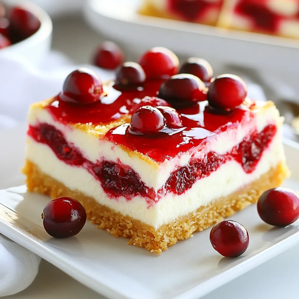 To make these cranberry cheesecake bars, gather these key items: - 1 cup graham cracker crumbs - 1/4 cup unsalted butter, melted - 1/4 cup granulated sugar (for the crust) - 1 (8 oz) package cream cheese, softened - 1/2 cup granulated sugar (for the cheesecake layer) - 1 teaspoon vanilla extract - 2 large eggs - 1 cup cranberry sauce (preferably homemade or whole-berry) These ingredients blend to create a rich, creamy cheesecake with a tart cranberry twist. To elevate your bars, consider adding: - 1/2 teaspoon orange zest - Fresh cranberries for garnish The orange zest brings a bright flavor. Fresh cranberries add a festive touch. If you need alternatives, here are some suggestions: - Swap graham cracker crumbs for crushed cookies like digestive biscuits or vanilla wafers. - Use coconut oil instead of butter for a dairy-free option. - Try a vegan cream cheese to make this recipe plant-based. These substitutions can help you tailor the recipe to your needs while keeping the deliciousness intact. {{ingredient_image_1}} First, you need to preheat the oven to 350°F (175°C). This step is important for even baking. Next, take an 8x8 inch baking pan and line it with parchment paper. Make sure to leave some paper hanging over the edges. This helps you lift the bars out easily later. In a medium bowl, mix together 1 cup of graham cracker crumbs, 1/4 cup of melted butter, and 1/4 cup of granulated sugar. Stir until the crumbs are well moistened. Press this mixture firmly into the bottom of your prepared pan. This creates a sturdy layer for the cheesecake filling. In a large mixing bowl, beat 1 (8 oz) package of softened cream cheese until it’s smooth. Gradually add 1/2 cup of granulated sugar, mixing until well blended. Then, add in 1 teaspoon of vanilla extract. Mix once more to combine everything. Next, add 2 large eggs, one at a time, mixing just until combined. Be careful not to overmix, as this can make the cheesecake tough. Now, you can add in the cranberry sauce. If you want a citrus twist, fold in 1/2 teaspoon of orange zest. Then, take just half of the cranberry sauce and add it to the cheesecake mixture. Use a spatula to gently swirl it in. This creates a beautiful marbled effect that looks stunning. Carefully pour the cheesecake mixture over the cooled crust in the baking pan. Smooth the top with a spatula. Next, dot the top with the remaining cranberry sauce, using a knife to create swirls for decoration. Bake the bars in the preheated oven for 25-30 minutes. The edges should be set, but the center can still jiggle a bit. After baking, let them cool completely in the pan at room temperature. Once cooled, chill in the refrigerator for at least 2 hours before cutting into squares. To make a smooth cheesecake filling, start with room temperature cream cheese. Cold cream cheese clumps. Beat the cream cheese alone first until it feels soft. Then, add sugar slowly and mix well. This helps break up any lumps. Always add eggs one at a time. Mix just enough to blend, but don’t overdo it. Overmixing can make your filling too airy, which can crack while baking. A great crust is key for these bars. Use fresh graham cracker crumbs for the best flavor. Mix them with melted butter and sugar until the crumbs feel wet. Press the mixture firmly into the pan. This helps form a solid base. Bake the crust until it turns a light golden brown. Let it cool slightly before adding the filling. This keeps the crust from getting soggy. If your cheesecake cracks, it may have baked too long or at too high a temp. Keep an eye on the edges. They should be set, while the center stays a bit jiggly. If the filling is too runny, you may not have mixed enough. Ensure your eggs are fully incorporated. If your bars stick to the pan, try using parchment paper or a non-stick spray. This makes for easy removal and clean cuts. Pro Tips Use Room Temperature Ingredients: Make sure your cream cheese and eggs are at room temperature before mixing. This will help create a smoother and creamier cheesecake filling without lumps. Homemade Cranberry Sauce: If possible, use homemade cranberry sauce for a fresher flavor. It’s easy to make by simmering fresh cranberries with sugar and water until they burst and thicken. Chill Before Slicing: Allow the cheesecake bars to chill in the refrigerator for at least 2 hours. This helps them set properly and makes them easier to cut into neat squares. Swirl for Decoration: When adding the remaining cranberry sauce on top, use a knife or toothpick to create beautiful swirls. This adds an appealing visual element to your bars. {{image_2}} You can switch up the fruit sauce to change the flavor. Try raspberry, blueberry, or even cherry sauce. Each fruit brings a new taste. For a fun twist, use a mix of fruits. Just make sure to adjust the sweetness if needed. Fresh or frozen fruits work well too, so use what you have! To enhance your bars, add flavor infusions. A splash of almond extract can give a lovely twist. You can also add spices like cinnamon or nutmeg for warmth. If you love citrus, a bit of lemon zest or juice brightens the bars. Remember, small amounts go a long way, so start light and taste as you go! For a gluten-free version, swap the graham cracker crumbs for gluten-free options. You can use almond flour or gluten-free cookie crumbs. Check your butter and other ingredients for gluten-free labels. This way, everyone can enjoy these tasty treats without worry. To keep your cranberry cheesecake bars fresh, place them in an airtight container. You can store them in the fridge for up to five days. This way, they stay cool and tasty. If you want to keep them longer, consider freezing them. You can freeze cranberry cheesecake bars for up to three months. First, let the bars cool completely. Then, cut them into squares. Wrap each square tightly in plastic wrap. After that, place the wrapped bars in a freezer-safe container or bag. Make sure to label the container with the date. When you're ready to enjoy your frozen bars, remove them from the freezer. Let them thaw in the fridge overnight. If you want to serve them warm, preheat your oven to 350°F (175°C). Place the bars in a baking dish and warm them for about 10 minutes. This will make them soft and delicious again. Yes, you can use store-bought cranberry sauce. It saves time and still tastes great. However, homemade sauce offers a fresher flavor. If you choose store-bought, look for whole-berry sauce for a better texture. Cranberry cheesecake bars last about five days in the fridge. Keep them in an airtight container to stay fresh. You can also freeze them for longer storage. They last up to three months in the freezer. Absolutely! These bars are perfect for making ahead. You can prepare them a day or two before your event. Just store them in the fridge until you are ready to serve. To cut cheesecake bars, first chill them well. Use a sharp, warm knife for clean cuts. Wipe the knife with a damp cloth between cuts to keep the edges neat. This way, you get perfect squares every time! This blog post covered how to make delicious cranberry cheesecake bars. We discussed essential and optional ingredients, plus swaps to suit your taste. I shared handy steps for making the crust and cheesecake layer, plus a marbled look. You learned tips to achieve a smooth filling and perfect crust. My variations offered ways to customize and storage tips helped you manage leftovers. I hope this guide inspires you to bake and enjoy these treats!