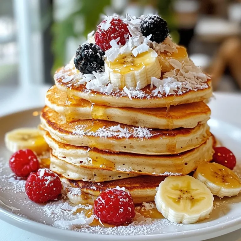 To make coconut cream pancakes, gather these key ingredients: - 1 cup all-purpose flour - 1 tablespoon baking powder - 1/2 teaspoon salt - 1/4 cup granulated sugar - 1 cup coconut milk (use full fat for creaminess) - 1/4 cup shredded coconut (sweetened or unsweetened) - 2 tablespoons vegetable oil or melted coconut oil - 1 teaspoon vanilla extract - 1 egg - Fresh fruit (like sliced bananas or berries) and extra shredded coconut for topping Each ingredient plays a role in creating fluffy, tasty pancakes. The flour gives structure, while the baking powder makes them rise. Coconut milk adds creaminess, and shredded coconut provides texture. Accurate measurements matter. Use a dry measuring cup for the flour and a liquid measuring cup for the coconut milk. Measure the sugar and baking powder with standard measuring spoons. Make sure the egg is large, as size can impact the batter. If the batter is too thick, adjust with a bit more coconut milk. This ensures a smooth, pourable consistency, perfect for making pancakes. Choose high-quality coconut milk for the best flavor. Look for brands that use real coconut and avoid additives. Fresh eggs improve flavor and texture. For shredded coconut, pick unsweetened for less sugar or sweetened for a treat. Using fresh fruit as toppings not only looks great but adds natural sweetness. Try ripe bananas or berries for a burst of flavor. {{ingredient_image_1}} Start by measuring 1 cup of all-purpose flour. Add 1 tablespoon of baking powder. Then, mix in 1/2 teaspoon of salt and 1/4 cup of granulated sugar. Use a whisk to blend these dry items well. This step lays a great base for your pancakes. In a separate bowl, pour 1 cup of coconut milk. Make sure to use full-fat coconut milk for a creamy taste. Then, add 1/4 cup of shredded coconut, 2 tablespoons of vegetable oil or melted coconut oil, 1 teaspoon of vanilla extract, and 1 egg. Whisk these wet ingredients until the mixture is smooth and combined. Now it’s time to cook! Preheat a non-stick skillet over medium heat. Lightly grease it with some oil or butter. Pour about 1/4 cup of your batter onto the skillet. Watch for small bubbles to form on the surface. This usually takes 2-3 minutes. Flip the pancake and cook for another 2-3 minutes until it turns a light golden brown. Repeat this step with the remaining batter, greasing the skillet as needed. Enjoy your delicious pancakes warm, topped with fresh fruit and shredded coconut! To get fluffy pancakes, use fresh baking powder. Old baking powder may not rise well. Mix the dry and wet ingredients separately. This helps keep the batter light. When you combine them, stir gently. Overmixing can make the pancakes tough. If your batter is too thick, add a splash of coconut milk. This will help achieve the right consistency. One common mistake is using cold ingredients. Cold coconut milk or eggs will not mix well. Always use room temperature ingredients for smooth batter. Another mistake is cooking on too high heat. If your skillet is too hot, the outside cooks too fast. This leaves the inside raw. Cook on medium heat for the best results. To enhance flavor, stack your pancakes high on a plate. Top them with fresh fruit, like sliced bananas or berries. A sprinkle of shredded coconut adds texture and taste. For extra creaminess, drizzle some coconut milk or syrup on top. You can also add a dollop of whipped cream for a special touch. These additions make your pancakes not only taste good but look great too! Pro Tips Use Full-Fat Coconut Milk: For richer and creamier pancakes, opt for full-fat coconut milk instead of light varieties. Don’t Overmix the Batter: Stir the batter until just combined to keep the pancakes fluffy. A few lumps are okay! Add Flavor Variations: Experiment by adding a pinch of cinnamon or nutmeg to the batter for an extra flavor boost. Keep Pancakes Warm: If making a large batch, keep the cooked pancakes warm in a low oven (about 200°F) while you finish cooking the rest. {{image_2}} Using different flours can change how your pancakes feel. You can try whole wheat flour for a nuttier taste. Oat flour adds a fun texture and makes them gluten-free. Almond flour gives a lighter pancake with a slight sweetness. Each flour changes the flavor and texture. Experiment to find your favorite! Spices can take your pancakes to the next level. A dash of cinnamon adds warmth. Nutmeg gives a cozy feel too. You could also use vanilla bean paste for a richer flavor. Try a splash of coconut extract for more coconut goodness. Just a little can make a big difference! Mixing in fruits and nuts can make your pancakes even better. Blueberries or raspberries add juicy bites. Bananas give natural sweetness and creaminess. Chopped nuts, like walnuts or pecans, add crunch. You can also use dried fruits, like raisins or cranberries. These add flavor and fun texture! You can store leftover pancakes easily. First, let them cool down on a plate. Once they are cool, stack them with a piece of parchment paper between each pancake. This helps keep them from sticking together. Place the stack in an airtight container. Store them in the fridge for up to three days. To freeze pancakes, follow the same cooling and stacking method. Wrap the stack in plastic wrap, then place it in a freezer bag. You can freeze them for up to two months. When you’re ready to eat, remove the desired amount. Reheat in the toaster, microwave, or skillet. If using a microwave, heat for 30 seconds at a time until warm. For storing pancakes, use airtight containers. Glass containers work well because they keep pancakes fresh. You can also use BPA-free plastic containers. Make sure the lid seals tightly. If you freeze them, use freezer-safe bags. This keeps pancakes fresh and tasty for longer. Yes, you can use coconut cream. It will make the pancakes richer and thicker. Coconut cream adds a nice texture. If you use it, thin it with a little water. This will help achieve a good batter consistency. To make these pancakes dairy-free, use coconut milk. This recipe already uses coconut milk, which is dairy-free. You can also use plant-based oil instead of butter for cooking. This keeps the pancakes delicious without dairy. Toppings can enhance the flavor of your pancakes. I love using fresh fruit like bananas or berries. They add natural sweetness and color. You can also sprinkle extra shredded coconut on top. A drizzle of maple syrup or honey complements the pancakes nicely too. In this blog post, we explored the best ways to make delicious pancakes. We covered ingredients, measurements, and tips for cooking them just right. You learned how to mix, store leftovers, and even add fun variations. Remember, fluffy pancakes start with quality ingredients and smart cooking techniques. Keep these tips in mind for your next breakfast. Enjoy creating tasty meals that everyone will love. You now have the tools to make pancake magic happen!