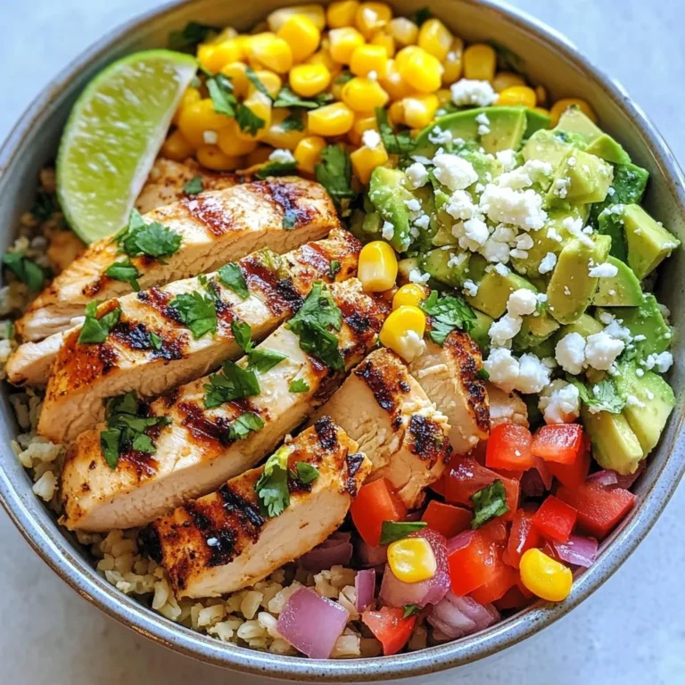 - 2 cups cooked brown rice - 1 lb grilled chicken breast, sliced - 1 cup sweet corn (fresh or canned) - 1 red bell pepper, diced - 1 avocado, diced - 1/2 cup red onion, finely chopped These main ingredients create a great base for your Street Corn Chicken Bowls. The brown rice provides fiber and makes the dish hearty. The grilled chicken adds protein and flavor. Fresh corn gives sweetness, while the red bell pepper and avocado add crunch and creaminess. - 1/2 cup crumbled feta cheese - Olive oil for grilling Feta cheese is optional, but it adds a nice tang. You can use olive oil to grill the chicken, adding a rich flavor while keeping it moist. - 1/2 teaspoon smoked paprika - 1/2 teaspoon chili powder - 1 tablespoon lime juice - 1/4 cup cilantro, chopped - Salt and pepper to taste These spices and herbs make your dish pop. The smoked paprika gives a warm flavor. Chili powder adds a little heat. Lime juice brightens everything up. Fresh cilantro adds a refreshing touch. You can adjust salt and pepper to fit your taste. When you gather these ingredients, you set yourself up for a delicious meal. Enjoy the process of making these bowls! {{ingredient_image_1}} First, take 1 pound of chicken breast. I like to marinate it to get great flavor. Mix olive oil, smoked paprika, chili powder, salt, and pepper in a bowl. Coat the chicken well. Let it marinate for at least 20 minutes. This step makes the chicken juicy and tasty. Now, heat your grill to medium. Grill the chicken for about 6 to 7 minutes on each side. Make sure it’s cooked through and no longer pink inside. Once done, let the chicken rest for a few minutes before slicing it. This resting time keeps it moist. Next, let's cook the corn. You can use fresh or canned corn. If using fresh, just cut it off the cob. Heat a small skillet over medium heat. Add a drizzle of olive oil to the pan. Then, add the corn and cook for about 5 minutes. Stir it occasionally. You want it to char a bit for great flavor. Season it with a pinch of salt, then remove it from the heat. This step adds a nice smoky taste to your bowls. Now it’s time to put everything together. Take four serving bowls and add 2 cups of cooked brown rice. This will be the base of your bowls. Next, layer the sliced grilled chicken on top of the rice. Add the charred corn next. Then, sprinkle diced red bell pepper, diced avocado, and chopped red onion on top. This adds color and crunch to your meal. Finally, drizzle lime juice over the bowls. Add fresh cilantro for a pop of flavor. If you like cheese, sprinkle crumbled feta on top. Your Street Corn Chicken Bowls are ready to serve! Enjoy them warm with extra lime wedges if you want. Marinating chicken adds great taste. Use olive oil, smoked paprika, and chili powder. Mix these with salt and pepper. Let the chicken sit for at least 20 minutes. This helps the flavors soak in. You can also marinate it for longer if you have time. Try to use fresh herbs for a brighter taste. Grilling chicken is simple and tasty. Heat your grill to medium. Cook each side for 6-7 minutes. Use a meat thermometer to check. The chicken should reach 165°F. Let it rest before slicing. This helps keep it juicy. If you want, you can also bake or pan-sear the chicken. Cooking corn adds a nice touch. Use fresh or canned corn. Heat olive oil in a skillet over medium heat. Add the corn and stir it. Cook for about 5 minutes. The goal is to get a lovely char. This gives the corn a sweet flavor. Don’t forget to season it with salt. This simple step makes a big difference! Pro Tips Marinate for Flavor: Allow the chicken to marinate for at least 30 minutes or even overnight for a deeper flavor profile. Fresh Corn Advantage: If possible, use fresh corn for grilling. It adds a sweet, juicy flavor that enhances the dish. Perfectly Cooked Chicken: Use a meat thermometer to ensure the chicken reaches an internal temperature of 165°F for safety and juiciness. Add a Spicy Kick: For an added kick, consider mixing some diced jalapeños into the bowl or topping it with hot sauce. {{image_2}} You can easily change this dish to make it vegetarian. Simply swap the grilled chicken for black beans or grilled zucchini. Both options add great taste and protein. You can also use grilled corn on the cob for a fresh flavor. This way, you keep the vibrant colors and textures while making it meat-free. Feel free to get creative with toppings! Here are some fun ideas: - Chopped jalapeños for heat - Diced tomatoes for freshness - Sliced radishes for crunch - Sour cream for creaminess - Shredded lettuce for added greens Mix and match these to find your favorite combo. You can even add a sprinkle of nuts or seeds for a delightful crunch. Sauces can really boost the taste. Here are a few to try: - A drizzle of creamy chipotle sauce for smoky spice - Cilantro lime dressing for zesty brightness - A splash of hot sauce for extra heat - Avocado crema for smooth richness These sauces can change the whole vibe of your bowl. Just pick one to add a new layer of flavor. To keep your street corn chicken bowls fresh, store them in an airtight container. Place all layers together, or keep them separate for better texture. If you layer them, the rice and chicken may soak up juices. You can store them in the fridge for up to three days. Label the container with the date so you know when to eat them. When you're ready to enjoy your leftovers, reheat them gently. Use the microwave for quick heating. Place the bowl in the microwave for 1-2 minutes. Stir halfway to ensure even heating. If you want to keep it crispy, heat on the stove. Add a splash of water in a pan, cover, and heat on low for about 5 minutes. If you want to save some bowls for later, you can freeze them. Make sure to cool everything completely before freezing. Use freezer-safe containers or bags. Remove as much air as possible. You can freeze the bowls for up to three months. To enjoy later, thaw them in the fridge overnight before reheating. Avoid freezing avocado or fresh toppings to keep them fresh. Yes, you can use frozen corn. Frozen corn cooks quickly and is sweet. Just thaw it before cooking. I recommend sautéing it in a skillet. This will add some nice flavors. Cook it until it is hot and slightly charred, about 5 minutes. This step will keep the dish tasty. If you want a different cheese, try goat cheese or queso fresco. Both give a creamy touch. You can also skip cheese if you prefer a lighter bowl. For a vegan option, use avocado or a nut-based cheese. Each of these options will keep your bowl tasty. To add heat, use more chili powder or cayenne pepper. Start with a small amount and taste. You can also add sliced jalapeños or hot sauce. Mixing in diced chipotle peppers gives a smoky spice. Adjust it to your heat level, and enjoy your spicy street corn chicken bowl! This blog post covered everything you need for tasty grilled chicken bowls. We looked at key ingredients, step-by-step cooking, and helpful tips. You learned how to add flavor with marinades and what to do with leftovers. I shared variations that cater to different diets and preferences. Remember, cooking is fun! Experiment with ingredients and enjoy new flavors. Happy cooking!