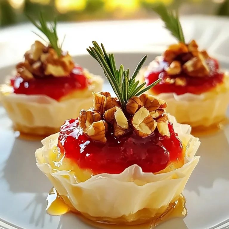 To make Mini Phyllo Brie Cranberry Cups, gather these key items: - mini phyllo pastry cups - 8 oz Brie cheese, cut into small cubes - 1/2 cup cranberry sauce (store-bought or homemade) - optional: - 1/4 cup walnuts, chopped - fresh rosemary leaves for garnish - honey for drizzling You can swap out Brie cheese for several options. Cream cheese or goat cheese works well too. If you want to make it even creamier, try using mascarpone cheese. For cranberry sauce, you can make your own easily. Just cook fresh or frozen cranberries with sugar and a splash of water on medium heat until the berries burst. Adjust the sweetness to your taste. If you're looking for nut-free options, skip the walnuts. Instead, consider using seeds like sunflower seeds for crunch. This keeps the dish safe for those with nut allergies. {{ingredient_image_1}} 1. First, preheat your oven to 350°F (175°C). This step warms up your oven for even baking. 2. Next, arrange the mini phyllo pastry cups on a baking sheet. Keep them spaced out. This helps each cup cook well. 1. For each pastry cup, place a small cube of Brie cheese at the bottom. This creamy cheese melts wonderfully. 2. Spoon about 1 teaspoon of cranberry sauce over the Brie in each cup. The tart sauce pairs well with the cheese. 3. If you like, sprinkle chopped walnuts on top of the cranberry sauce. This adds a nice crunch and extra flavor. 1. Bake in your preheated oven for about 12-15 minutes. Watch closely as they cook. 2. Check for doneness by looking for melted cheese and golden brown phyllo. This shows they are ready. To get that perfect melt, keep an eye on your phyllo cups. Bake them at 350°F for about 12-15 minutes. Watch closely as they turn golden brown. If you leave them too long, the phyllo may burn. You want the cheese gooey, not charred. If you need more time, check after every couple of minutes. You can add other toppings to boost the taste. Consider sliced almonds or even a sprinkle of cinnamon. They can add depth and crunch. Balance is key here. The sweetness of cranberry sauce pairs well with salty Brie. If you want more sweetness, drizzle honey on top. Just remember to keep it balanced. Pair these cups with a light salad or some fresh fruit. They work great alongside a crisp white wine too. For presentation, use a nice serving platter. Arrange the cups in a circle with fresh rosemary sprigs for color. This will make your dish look fancy and inviting! Pro Tips Use Room Temperature Brie: Allow the Brie to sit at room temperature for about 30 minutes before using. This will make it easier to melt and create a creamier texture in your cups. Experiment with Flavors: Feel free to add other ingredients like caramelized onions or sliced apples to customize the flavor profile of your cups. Keep an Eye on Baking Time: Ovens can vary, so start checking your cups around the 10-minute mark to avoid over-baking and ensure that the phyllo stays crisp. Make Ahead: You can prepare the cups ahead of time by filling them with Brie and cranberry sauce, then refrigerate until you're ready to bake. Just add a few extra minutes to the baking time if baking from cold. {{image_2}} You can try different fruit sauces with Brie. Raspberry sauce adds a nice tartness. Apple butter offers a sweet twist. You can also use fig jam for a rich flavor. For nuts, walnuts are great but try pecans or almonds too. They add crunch and taste. If you need gluten-free options, use gluten-free phyllo cups. They work well and taste great. For a vegan twist, replace Brie with a creamy vegan cheese. You can also use a fruit sauce made from dates or apples for extra sweetness. For holiday cheer, sprinkle in spices like cinnamon or nutmeg. These spices enhance the flavors and give warmth. In summer, fresh berries like blueberries or strawberries make a bright topping. They add a refreshing taste and look beautiful on the plate. To keep your Mini Phyllo Brie Cranberry Cups fresh, store them in the fridge. Place them in an airtight container. This method helps keep them from drying out. You can store them for up to three days. If you want to save some for later, you can freeze them. Place the cups in a single layer on a baking sheet. Once frozen, move them to a freezer-safe bag. They can stay in the freezer for up to a month. When you're ready to enjoy leftovers, reheat them to keep the taste. The best way is to use an oven. Preheat the oven to 350°F (175°C). Place the cups on a baking sheet. Bake for about 10 minutes or until warm. This method helps the phyllo stay crisp. Avoid using the microwave, as it can make the phyllo soggy. These cups last well when stored properly. In the fridge, they stay good for about three days. In the freezer, they can last up to a month. Check for signs of spoilage. If they smell off or have a strange texture, it's best to toss them. Enjoy your tasty treats while they are fresh! Can I make Mini Phyllo Brie Cranberry Cups ahead of time? Yes, you can prepare the cups ahead. Make them up to a day before. Store them in the fridge after baking. Just reheat them briefly before serving. What can I substitute for Brie cheese? You can use camembert or cream cheese. Both melt nicely and have a rich taste. Goat cheese is another option for a tangy twist. How do I know when the cups are done baking? Look for golden brown phyllo cups. The cheese should be melted and bubbly. This usually takes about 12 to 15 minutes. How to prevent the phyllo from becoming soggy? Avoid adding too much cranberry sauce. Use just a teaspoon in each cup. This keeps the phyllo crisp during baking. Baking them right away also helps. Can I use different fruit sauces? Absolutely! You can try apple, cherry, or even fig sauce. Each will give a unique flavor that pairs well with Brie. How many cups per person should I prepare? Plan for 2 to 3 cups per person. This amount is perfect for a tasty appetizer. Adjust based on your guest list and event type. What's the best way to adjust for larger gatherings? Simply multiply the number of cups by your guest count. If you expect 20 guests, prepare 40 to 60 cups. This way, everyone gets enough to enjoy. In this guide, we explored how to make Mini Phyllo Brie Cranberry Cups. You learned the key ingredients, like mini phyllo cups and Brie cheese. We discussed alternatives and substitutions for dietary needs. Step-by-step, we walked through preparation, assembly, and baking. These tasty cups can wow your guests. Try different flavors or serve them during holidays. Remember to store leftovers properly. With these tips, you can enjoy these appetizers anytime. Happy cooking!