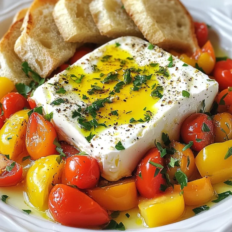- 200g feta cheese, block - 1 cup cherry tomatoes, halved - 1 bell pepper, diced (red or yellow) - 2 cloves garlic, minced - 1 teaspoon dried oregano - 2 tablespoons olive oil - 4 large eggs - Fresh parsley, chopped (for garnish) - Salt and black pepper to taste - Crusty bread or pita for serving Using fresh ingredients makes a big difference. Fresh feta has a better taste. Ripe tomatoes burst with flavor. Fresh bell peppers add crunch. Garlic gives a nice kick. Fresh parsley adds color and taste. Good quality olive oil enhances all flavors. When you use fresh items, your dish shines. If you can’t find feta, goat cheese works well. Cherry tomatoes can be swapped for diced regular tomatoes. Any bell pepper color works, but zucchini is a nice twist. For garlic, use garlic powder if needed. You can choose dried herbs like basil instead of oregano. If you want a vegan version, try tofu instead of eggs. These swaps keep your dish tasty and fun. {{ingredient_image_1}} Start by preheating your oven to 375°F (190°C). This step is key for a great bake. An even temperature helps the feta and veggies cook well. It only takes a few minutes, so don’t rush. In a baking dish, add the halved cherry tomatoes, diced bell pepper, and minced garlic. These veggies bring flavor and color to the dish. Drizzle two tablespoons of olive oil over them. Next, sprinkle in one teaspoon of dried oregano, salt, and black pepper. Toss everything together well. This mix will create a tasty base for the feta. Make a small well in the center of your veggie mix. Place the block of feta cheese in that well. Drizzle a bit more olive oil over the feta to add richness. Now, bake it in your preheated oven for 20 minutes. The feta should be soft and slightly golden when done. After 20 minutes, carefully remove the baking dish from the oven. Crack four large eggs over the feta and vegetables. Return the dish to the oven and bake for another 10 to 12 minutes. Check the eggs: you want the whites set and the yolks soft. Once they reach your desired doneness, take the dish out of the oven. Garnish with chopped fresh parsley for a pop of color and flavor. Serve this warm dish with crusty bread or pita. Enjoy this delightful meal! Choosing feta is easy if you know what to look for. Look for creamy, moist feta. A block of feta will give you the best texture. Feta in brine keeps it fresh and flavorful. You may also find feta made from sheep's milk or goat's milk. These types often have a richer taste. Trust your taste buds! Try different brands to find your favorite. Eggs can be cooked to your liking. If you want runny yolks, bake them for about 10 minutes. For firmer yolks, leave them in for 12 minutes. Keep an eye on them! The whites should be set and firm. You can also crack the eggs into a small bowl first. This way, you can remove any shell bits before adding them to the dish. Serve this dish warm, right from the oven. Crusty bread or pita is perfect for dipping. You can also add a side salad for freshness. For a touch of spice, sprinkle some red pepper flakes on top. Fresh herbs like basil or mint can brighten the flavors. Don't forget to drizzle more olive oil over the top for a rich finish. Pro Tips Use Fresh Ingredients: The flavor of this dish greatly depends on the quality of the tomatoes and peppers. Opt for seasonal, ripe produce for the best taste. Experiment with Cheese: While feta is traditional, try using a mix of cheeses like goat cheese or a creamy ricotta for a different flavor profile. Adjust Egg Doneness: For perfectly cooked eggs, keep an eye on them during the final baking stage. Cook them longer for firmer yolks or shorter for a runnier texture. Serving Suggestions: Pair this dish with olives, avocado, or a light salad to enhance the Mediterranean experience and add more textures to your meal. {{image_2}} You can make your Mediterranean Baked Feta even more colorful and tasty! Try adding more veggies. Zucchini or spinach work great. Slice the zucchini thinly or chop the spinach roughly. Both add nice flavors and colors. You can also use artichoke hearts or olives for more variety. They make the dish feel more Mediterranean. Changing up the herbs and spices can really change the taste! If you like a bit of heat, sprinkle in some red pepper flakes. Fresh basil or mint can add a lovely twist. You could also try thyme or rosemary for a different flavor. Mix and match to find what you like best. Each herb will give your dish a new personality. If you want to add meat, there are many tasty options. Crumbled sausage or diced ham can enhance the dish. Just cook the meat first, then mix it with the veggies before baking. You can also add cooked bacon for a smoky touch. Remember, adding meat makes this dish heartier and can turn it into a filling breakfast or brunch. After enjoying your Mediterranean Baked Feta, let it cool to room temperature. Transfer any leftovers to an airtight container. You can store it in the fridge for up to three days. If you plan to keep it longer, consider freezing it. Just remember, freezing may change the texture of the feta and eggs. To reheat, place the leftovers in the oven. Preheat your oven to 350°F (175°C). Cover the dish with aluminum foil to keep it moist. Heat for about 15 minutes or until warm. You can also use a microwave. Heat in short bursts of 30 seconds, stirring in between. Keep an eye on it to avoid overcooking. Store feta cheese in its original packaging in the fridge. It lasts about a week after opening. Cherry tomatoes should stay in a cool, dry place. They can last about a week, too. Bell peppers can sit in the fridge for about one week. Garlic bulbs can last for several weeks in a dark, cool area. Always check for any signs of spoilage before using. Yes, you can prep this dish ahead. Chop the veggies and feta. Store them in the fridge. When you're ready, just assemble and bake. It saves time and keeps the flavors fresh. This dish pairs well with crusty bread or pita. You can also add a side salad for crunch. For a hearty meal, serve it with roasted potatoes. Each option adds a nice touch to your breakfast. Yes, you can make a vegan version! Instead of feta cheese, use tofu. Marinate the tofu in olive oil and herbs for flavor. Replace eggs with chickpea flour mixed with water. This keeps the dish delicious and plant-based. This article covered the essential ingredients for making Mediterranean Baked Feta. We explored how fresh ingredients boost flavor and offered alternatives for common items. I shared step-by-step instructions, tips for the best feta, and suggestions for custom doneness of eggs. Lastly, we talked about fun variations and storage tips to keep your leftovers tasty. Remember, cooking is about joy and creativity. Enjoy experimenting with this dish!