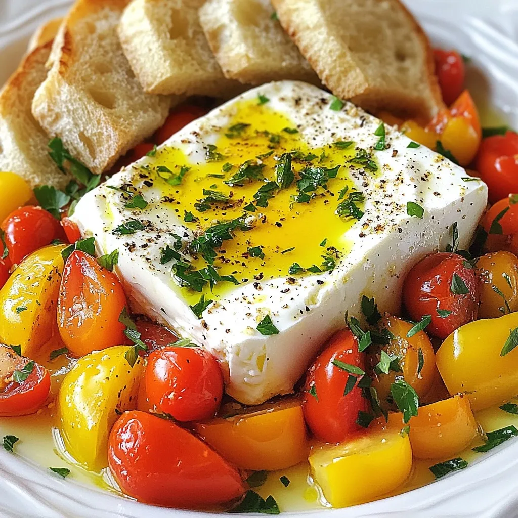 - 200g feta cheese, block - 1 cup cherry tomatoes, halved - 1 bell pepper, diced (red or yellow) - 2 cloves garlic, minced - 1 teaspoon dried oregano - 2 tablespoons olive oil - 4 large eggs - Fresh parsley, chopped (for garnish) - Salt and black pepper to taste - Crusty bread or pita for serving Using fresh ingredients makes a big difference. Fresh feta has a better taste. Ripe tomatoes burst with flavor. Fresh bell peppers add crunch. Garlic gives a nice kick. Fresh parsley adds color and taste. Good quality olive oil enhances all flavors. When you use fresh items, your dish shines. If you can’t find feta, goat cheese works well. Cherry tomatoes can be swapped for diced regular tomatoes. Any bell pepper color works, but zucchini is a nice twist. For garlic, use garlic powder if needed. You can choose dried herbs like basil instead of oregano. If you want a vegan version, try tofu instead of eggs. These swaps keep your dish tasty and fun. {{ingredient_image_1}} Start by preheating your oven to 375°F (190°C). This step is key for a great bake. An even temperature helps the feta and veggies cook well. It only takes a few minutes, so don’t rush. In a baking dish, add the halved cherry tomatoes, diced bell pepper, and minced garlic. These veggies bring flavor and color to the dish. Drizzle two tablespoons of olive oil over them. Next, sprinkle in one teaspoon of dried oregano, salt, and black pepper. Toss everything together well. This mix will create a tasty base for the feta. Make a small well in the center of your veggie mix. Place the block of feta cheese in that well. Drizzle a bit more olive oil over the feta to add richness. Now, bake it in your preheated oven for 20 minutes. The feta should be soft and slightly golden when done. After 20 minutes, carefully remove the baking dish from the oven. Crack four large eggs over the feta and vegetables. Return the dish to the oven and bake for another 10 to 12 minutes. Check the eggs: you want the whites set and the yolks soft. Once they reach your desired doneness, take the dish out of the oven. Garnish with chopped fresh parsley for a pop of color and flavor. Serve this warm dish with crusty bread or pita. Enjoy this delightful meal! Choosing feta is easy if you know what to look for. Look for creamy, moist feta. A block of feta will give you the best texture. Feta in brine keeps it fresh and flavorful. You may also find feta made from sheep's milk or goat's milk. These types often have a richer taste. Trust your taste buds! Try different brands to find your favorite. Eggs can be cooked to your liking. If you want runny yolks, bake them for about 10 minutes. For firmer yolks, leave them in for 12 minutes. Keep an eye on them! The whites should be set and firm. You can also crack the eggs into a small bowl first. This way, you can remove any shell bits before adding them to the dish. Serve this dish warm, right from the oven. Crusty bread or pita is perfect for dipping. You can also add a side salad for freshness. For a touch of spice, sprinkle some red pepper flakes on top. Fresh herbs like basil or mint can brighten the flavors. Don't forget to drizzle more olive oil over the top for a rich finish. Pro Tips Use Fresh Ingredients: The flavor of this dish greatly depends on the quality of the tomatoes and peppers. Opt for seasonal, ripe produce for the best taste. Experiment with Cheese: While feta is traditional, try using a mix of cheeses like goat cheese or a creamy ricotta for a different flavor profile. Adjust Egg Doneness: For perfectly cooked eggs, keep an eye on them during the final baking stage. Cook them longer for firmer yolks or shorter for a runnier texture. Serving Suggestions: Pair this dish with olives, avocado, or a light salad to enhance the Mediterranean experience and add more textures to your meal. {{image_2}} You can make your Mediterranean Baked Feta even more colorful and tasty! Try adding more veggies. Zucchini or spinach work great. Slice the zucchini thinly or chop the spinach roughly. Both add nice flavors and colors. You can also use artichoke hearts or olives for more variety. They make the dish feel more Mediterranean. Changing up the herbs and spices can really change the taste! If you like a bit of heat, sprinkle in some red pepper flakes. Fresh basil or mint can add a lovely twist. You could also try thyme or rosemary for a different flavor. Mix and match to find what you like best. Each herb will give your dish a new personality. If you want to add meat, there are many tasty options. Crumbled sausage or diced ham can enhance the dish. Just cook the meat first, then mix it with the veggies before baking. You can also add cooked bacon for a smoky touch. Remember, adding meat makes this dish heartier and can turn it into a filling breakfast or brunch. After enjoying your Mediterranean Baked Feta, let it cool to room temperature. Transfer any leftovers to an airtight container. You can store it in the fridge for up to three days. If you plan to keep it longer, consider freezing it. Just remember, freezing may change the texture of the feta and eggs. To reheat, place the leftovers in the oven. Preheat your oven to 350°F (175°C). Cover the dish with aluminum foil to keep it moist. Heat for about 15 minutes or until warm. You can also use a microwave. Heat in short bursts of 30 seconds, stirring in between. Keep an eye on it to avoid overcooking. Store feta cheese in its original packaging in the fridge. It lasts about a week after opening. Cherry tomatoes should stay in a cool, dry place. They can last about a week, too. Bell peppers can sit in the fridge for about one week. Garlic bulbs can last for several weeks in a dark, cool area. Always check for any signs of spoilage before using. Yes, you can prep this dish ahead. Chop the veggies and feta. Store them in the fridge. When you're ready, just assemble and bake. It saves time and keeps the flavors fresh. This dish pairs well with crusty bread or pita. You can also add a side salad for crunch. For a hearty meal, serve it with roasted potatoes. Each option adds a nice touch to your breakfast. Yes, you can make a vegan version! Instead of feta cheese, use tofu. Marinate the tofu in olive oil and herbs for flavor. Replace eggs with chickpea flour mixed with water. This keeps the dish delicious and plant-based. This article covered the essential ingredients for making Mediterranean Baked Feta. We explored how fresh ingredients boost flavor and offered alternatives for common items. I shared step-by-step instructions, tips for the best feta, and suggestions for custom doneness of eggs. Lastly, we talked about fun variations and storage tips to keep your leftovers tasty. Remember, cooking is about joy and creativity. Enjoy experimenting with this dish!