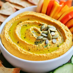 To make creamy pumpkin hummus, you need these simple ingredients: - 1 cup canned pumpkin puree (not pumpkin pie filling) - 1 can (15 oz) chickpeas, drained and rinsed - 2 tablespoons tahini - 2 tablespoons olive oil - 2 tablespoons lemon juice - 1 clove garlic, minced - 1 teaspoon ground cumin - 1/2 teaspoon smoked paprika - Salt and pepper to taste - Water as needed for desired consistency - Pumpkin seeds for garnish (optional) This creamy pumpkin hummus is not only tasty but also healthy. Each serving offers: - Calories: About 120 - Protein: 4 grams - Carbohydrates: 15 grams - Fiber: 4 grams - Fat: 6 grams These values can vary based on serving sizes and specific brands used. Pumpkin adds many benefits to this dip. Here are a few key points: - Rich in Nutrients: Pumpkin is full of vitamins A and C. These vitamins help boost your immune system. - High in Fiber: This helps keep your digestion smooth and can keep you feeling full. - Low in Calories: Pumpkin is low in calories, making it a great choice for dips. - Antioxidants: Pumpkin has antioxidants that may help fight inflammation and protect your cells. Adding pumpkin to hummus is a smart way to make a healthy snack. Enjoy the flavor and health benefits with every bite! {{ingredient_image_1}} Start by gathering all the ingredients. You need: - 1 cup canned pumpkin puree - 1 can (15 oz) chickpeas, drained and rinsed - 2 tablespoons tahini - 2 tablespoons olive oil - 2 tablespoons lemon juice - 1 clove garlic, minced - 1 teaspoon ground cumin - 1/2 teaspoon smoked paprika - Salt and pepper to taste - Water as needed for desired consistency - Pumpkin seeds for garnish (optional) Ensure your food processor is clean and ready for use. Put the pumpkin puree, chickpeas, tahini, olive oil, lemon juice, garlic, cumin, and paprika into the food processor. Blend everything together until it is smooth. You may need to scrape down the sides of the bowl to mix well. This step is vital to get a creamy texture. If the hummus feels too thick, add water slowly. Start with one tablespoon. Blend again, checking the texture. Keep adding water until you reach the creaminess you like. Once you have the right texture, taste the hummus. Add salt and pepper to your liking, then blend one last time to mix. Now, you can serve your creamy pumpkin hummus. Transfer it to a bowl and drizzle a bit of olive oil on top. Sprinkle pumpkin seeds for a nice crunch. Enjoy! To make your creamy pumpkin hummus pop, try adding a pinch of nutmeg. This spice brings warmth and depth, perfect for fall. You can also mix in a touch of maple syrup for sweetness. It complements the pumpkin well. If you like heat, sprinkle in some cayenne pepper or red pepper flakes. This adds a nice kick. Experiment with different herbs too. Fresh thyme or rosemary can give a unique twist. Remember, taste as you go. Adjust until it’s just right for you. Make your hummus look inviting! Start by using a shallow bowl. Spread the hummus evenly for a smooth look. Drizzle some olive oil on top for shine. Then, add a sprinkle of smoked paprika for color. If you want a crunchy touch, add pumpkin seeds in the center. You can even place a few fresh herbs around the edge. This adds both beauty and flavor. Use colorful dippables to enhance the overall look. Sliced veggies and bright pita chips work great. Creamy pumpkin hummus is versatile. You can serve it as a dip or spread. Offer pita chips, sliced cucumbers, and carrot sticks for dipping. These fresh options pair well with the creamy texture. For a heartier option, spread it on toasted bread or bagels. It makes a great sandwich base too. You can also use it as a topping for salads or grain bowls. The possibilities are endless! Enjoy sharing this tasty dip at your next gathering. Pro Tips Use Fresh Ingredients: Opt for freshly squeezed lemon juice and high-quality olive oil for a more vibrant flavor in your hummus. Experiment with Spices: Feel free to adjust the spices or add others like cinnamon or nutmeg for a unique twist that complements the pumpkin. Chill Before Serving: Let the hummus sit in the refrigerator for at least 30 minutes before serving to enhance the flavors. Perfect Pairings: Serve with a variety of dippers like sliced apples, pretzel crisps, or roasted vegetables for a delightful snack experience. {{image_2}} To make spicy pumpkin hummus, add heat to the mix. You can stir in 1 to 2 teaspoons of cayenne pepper or red pepper flakes. This will bring a nice kick to your dip. You can also add a dash of hot sauce for extra flair. Serve this spicy version with crunchy veggies or pita chips. It’s perfect for those who love a little heat! For a fresh twist, try herb-infused pumpkin hummus. Simply add a handful of fresh herbs like parsley, cilantro, or basil while blending. You can use dried herbs too, like oregano or thyme. These herbs will add depth and make your hummus taste bright and green. This variation pairs well with toasted pita or as a spread on sandwiches. If you need a nut-free option, skip the tahini. Instead, use sunflower seed butter for a similar creamy texture. You can also blend in a bit of extra olive oil to keep it rich. This nut-free pumpkin hummus still tastes delicious and works great with veggies or chips. It’s a safe choice for those with nut allergies! Store leftover creamy pumpkin hummus in an airtight container. Make sure to cover it well. This keeps the hummus fresh and tasty. You can keep it in the fridge for up to a week. Before serving, stir it well. Add a bit of olive oil for extra flavor. You can freeze your hummus for longer storage. Use a freezer-safe container. Leave some space at the top, as hummus expands when frozen. It will stay good for about three months. When ready to use, thaw it in the fridge overnight. Stir it before serving to regain its smooth texture. Creamy pumpkin hummus lasts about a week in the fridge. If you freeze it, it lasts up to three months. Always check for any off smells or colors before eating. If it looks or smells bad, it’s best to toss it out. Enjoy your hummus while it is fresh for the best taste! Yes, you can use fresh pumpkin. First, you need to cook it. Cut the pumpkin into pieces, remove the seeds, and roast it until soft. Then scoop out the flesh and mash it. This fresh pumpkin can replace the canned puree in the recipe. However, canned pumpkin is easier and quicker. It’s also more consistent in texture. You can serve this hummus with many tasty snacks. Here are some ideas: - Pita chips - Sliced cucumbers - Carrot sticks - Bell pepper strips - Crusty bread - Tortilla chips These dippables add color and crunch to your spread. They also enhance the flavor of the hummus. If your hummus is too thick, don’t worry. Just add water. Start with one tablespoon at a time. Blend after each addition. Keep blending until you reach your desired creamy texture. This way, you can control how thick or smooth you want it. You can also add a touch more olive oil for richness. This blog post covered everything you need to know about pumpkin hummus. We discussed ingredients, nutritional facts, and the many benefits of pumpkin. I also provided a step-by-step guide to make your hummus creamy. You learned tips for enhancing flavor and easy serving ideas. With variations like spicy and herb-infused hummus, there's a recipe for everyone. Remember to store leftovers properly to enjoy them longer. Embrace creativity and make your hummus your own!