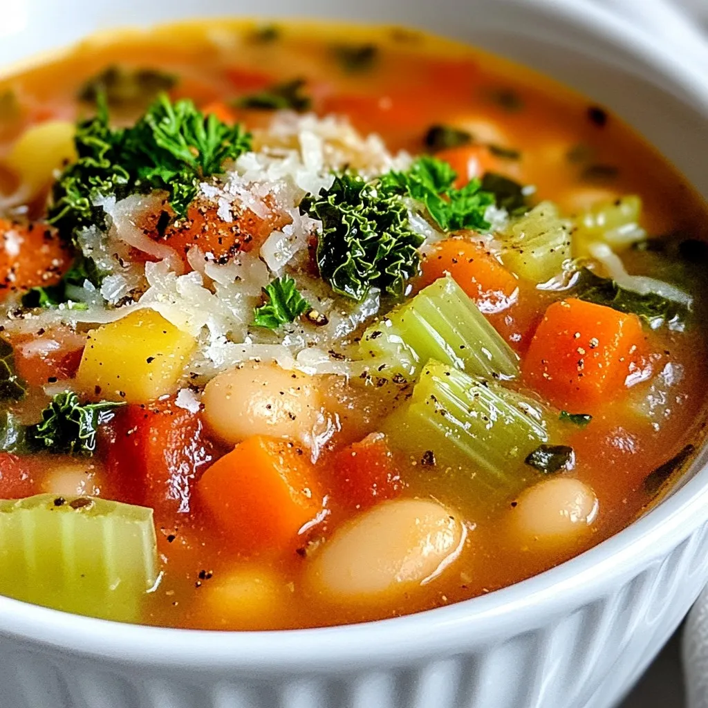 To make a great Tuscan white bean soup, you'll need some key components. Here’s what you should gather: - 2 cups cooked white beans (cannellini or navy), drained - 1 tablespoon olive oil - 1 large onion, diced - 2 cloves garlic, minced - 2 medium carrots, diced - 2 celery stalks, diced - 4 cups vegetable broth - 1 can (14 oz) diced tomatoes, undrained - 1 teaspoon dried thyme - 1 teaspoon dried rosemary - 1 teaspoon red pepper flakes (adjust for heat preference) - Salt and pepper to taste - 2 cups kale, chopped - Fresh parsley, for garnish - Grated Parmesan cheese (optional) These ingredients work together to create a hearty and fulfilling meal. The beans provide protein and fiber. Onions and garlic add depth and flavor. Carrots and celery give a sweet crunch, while kale brings in vitamins. You can customize the soup with a few optional ingredients. Try adding different greens like spinach. You could also add some potatoes for extra heartiness. If you like more spice, toss in some extra red pepper flakes. Don’t forget that grated Parmesan cheese can enhance the flavor. {{ingredient_image_1}} To make Tuscan white bean soup, you’ll start with a large pot. First, heat one tablespoon of olive oil over medium heat. This oil adds a nice flavor to the soup. Next, add one large diced onion to the pot. Sauté the onion for about 3-4 minutes. You want it to become translucent. This step builds the base flavor of your soup. Now, stir in two minced garlic cloves, two diced carrots, and two diced celery stalks. Cook this mix for 5 minutes, stirring often. This helps all the veggies soften and blend. After that, add two cups of cooked white beans. You can use cannellini or navy beans. Then, pour in four cups of vegetable broth and one can of diced tomatoes. Make sure the tomatoes are undrained for extra flavor. Add one teaspoon each of dried thyme and dried rosemary. These herbs give your soup a lovely aroma. If you like some heat, add one teaspoon of red pepper flakes. Season with salt and pepper to taste. Bring the mixture to a boil. Once it boils, reduce the heat. Let it simmer for 20-25 minutes. This simmering time lets all the flavors mix well. About 5 minutes before you serve, add two cups of chopped kale. Stir it in until it wilts and becomes tender. This adds a nice green color and nutrients. Finally, taste your soup. Adjust the seasoning if needed. Serve it hot, topped with fresh parsley and grated Parmesan cheese if you want. Enjoy this warm and nourishing meal! To make your Tuscan white bean soup even better, try a few simple tricks. First, add more herbs for a richer taste. Fresh herbs, like basil or oregano, can brighten each bite. You can also squeeze some lemon juice for a fresh twist. If you want your soup thicker, blend a portion of it. This adds creaminess while keeping texture. For more depth, sauté the garlic and onions longer. This brings out their sweetness. For dietary needs, you can swap the vegetable broth for chicken broth. This adds a different flavor. If you need it gluten-free, check the broth label. Most brands are safe! For vegan diets, skip the cheese or use a plant-based option. You can also add more veggies, like zucchini or bell peppers, for extra nutrition. Adjust the red pepper flakes for heat. You can make it mild or spicy based on your taste. These tips will help you create a soup that warms your heart and fills your belly! Pro Tips Use Homemade Broth: For a deeper flavor, consider using homemade vegetable broth instead of store-bought. Beans Prep: If using dried beans, soak and cook them beforehand to enhance their texture and taste in the soup. Add Citrus: A squeeze of lemon or lime juice just before serving brightens the flavors and adds a fresh note. Storage Tips: This soup stores well in the fridge for up to 5 days or can be frozen for up to 3 months; just reheat gently before serving. {{image_2}} You can make Tuscan white bean soup in many fun ways. Here are some ideas to change things up. - Different ingredients to try: - Swap white beans for lentils or chickpeas. - Add potatoes for a heartier base. - Toss in some cooked sausage for a meatier flavor. - Use spinach instead of kale for a softer taste. - Seasonal variations: - In spring, add fresh peas and asparagus. - Summer? Use fresh tomatoes and basil instead of canned. - In fall, try adding pumpkin or butternut squash for sweetness. - Winter calls for root veggies like parsnips or turnips. These twists keep the dish fresh and exciting. You can mix and match to suit your taste! To keep your Tuscan white bean soup fresh, store it in an airtight container. This helps maintain flavor and texture. Allow the soup to cool before sealing. Refrigerate it for up to three days. If you want to save it longer, freezing is a great option. Portion the soup into freezer-safe bags or containers. Leave some space at the top for expansion. It can last up to three months in the freezer. To thaw, place the frozen soup in the fridge overnight. You can also use the microwave for quick thawing. Heat it gently on the stove, stirring often to ensure even warmth. This way, you can enjoy a warm, hearty bowl of soup whenever you want! Can I use dried beans instead of canned? Yes, you can use dried beans. Just soak them overnight first. Cook them until soft before adding them to the soup. This adds great flavor and texture. Is this soup vegan-friendly? Yes, this soup is vegan-friendly. It uses vegetable broth and no animal products. You can leave out the Parmesan cheese for a fully vegan meal. How can I make it spicier? To make it spicier, add more red pepper flakes. You can also use fresh chili peppers. Taste as you go to find the right heat for you. In this blog post, we explored the key ingredients for Tuscan White Bean Soup and shared step-by-step instructions for making it. I provided tips to enhance flavor and suggested variations to keep it exciting. Proper storage techniques ensure freshness for leftovers, while the FAQ section addresses common questions. Put your unique twist on this soup and enjoy the process. With these tips, you’ll create a comforting dish that fits your taste. Happy cooking!