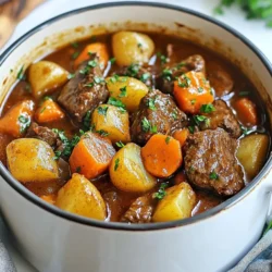 - 2 lbs beef chuck, cut into 1-inch cubes - 3 tablespoons olive oil - 1 large onion, chopped - 4 cloves garlic, minced - 4 medium carrots, sliced - 3 medium potatoes, diced - 2 cups beef broth - 1 cup diced tomatoes (canned or fresh) - 2 teaspoons dried thyme - 1 teaspoon smoked paprika - 2 bay leaves - Salt and pepper to taste - Fresh parsley, chopped This beef stew recipe draws inspiration from Anthony Bourdain's love for hearty, comforting dishes. The ingredients are simple yet flavorful. The beef chuck gives a rich taste, while the olive oil helps in browning it perfectly. Onions and garlic add depth and aroma. Carrots and potatoes bring sweetness and heartiness. When it comes to liquids, beef broth is the star. It adds a savory base. Diced tomatoes give a slight acidity that balances the dish. Thyme and smoked paprika infuse a warm, earthy flavor. Bay leaves add a subtle herbal note. Finally, don’t forget salt and pepper to enhance all the flavors. For garnish, fresh parsley adds a pop of color and freshness. This stew uses basic ingredients, but the result is a dish packed with flavor and warmth, making it perfect for any occasion. {{ingredient_image_1}} - Browning the beef cubes: Start by heating 3 tablespoons of olive oil in a heavy pot over medium-high heat. Season 2 lbs of beef chuck cubes with salt and pepper. Once the oil is hot, add the beef in batches. Brown the meat on all sides. This step adds depth to the flavor. Remove the beef and set it aside. - Sautéing onions and garlic: In the same pot, lower the heat to medium. Add 1 chopped large onion and 4 minced garlic cloves. Sauté for about 3 to 4 minutes. You want the onion to be translucent and fragrant. - Adding vegetables to the pot: Next, add 4 sliced carrots and 3 diced potatoes to the pot. Stir them for another 3 to 4 minutes. This helps to slightly soften the vegetables and brings out their natural sweetness. - Incorporating liquids and seasoning: Return the browned beef to the pot. Pour in 2 cups of beef broth and 1 cup of diced tomatoes. Also, add 2 teaspoons of dried thyme, 1 teaspoon of smoked paprika, and 2 bay leaves. Stir well to mix everything. - Simmering the stew: Bring the mixture to a boil, then reduce the heat to low. Cover the pot and let it simmer for about 1.5 to 2 hours. This slow cooking makes the beef tender and lets the flavors meld together. Stir occasionally and check the stew. Add more broth if it sticks. - Adjusting seasoning to taste: After simmering, taste the stew. If needed, adjust the seasoning with more salt and pepper. This step is key to getting the right flavor. - Removing bay leaves: Before serving, don’t forget to remove the bay leaves. They are not meant to be eaten. - Serving in rustic bowls: Ladle the stew into rustic bowls. This adds a cozy touch to your meal. - Suggested accompaniments: Serve the stew with crusty bread. The bread is perfect for dipping into the rich stew. To boost the flavor of your beef stew, consider adding these spices: - 1 teaspoon dried rosemary - 1 teaspoon ground cumin - 1 tablespoon Worcestershire sauce You can also try different broths. A rich chicken broth adds depth. For a lighter taste, use vegetable broth. The best way to brown meat is in batches. This helps the beef get a nice crust. Ensure your oil is hot before adding meat. This creates a great flavor base. Simmering time is key. Let the stew cook low and slow. This helps break down the tough beef. Aim for at least 1.5 hours. This time allows the flavors to meld well. For garnishing, fresh parsley adds color and brightness. You can also add a sprinkle of smoked paprika. It enhances the stew's look and taste. Serve the stew hot in rustic bowls. A side of crusty bread is perfect for dipping. Enjoy the warmth and comfort of this hearty dish. Pro Tips Brown the Beef: Ensure the beef is well-browned on all sides to develop a rich, deep flavor in your stew. Layer Flavors: Add the vegetables in stages; this enhances their individual flavors and prevents them from becoming mushy. Use Quality Broth: A good-quality beef broth will elevate the overall taste of your stew significantly. Let it Rest: Allow the stew to sit for a bit after cooking; this lets the flavors meld together beautifully. {{image_2}} You can swap beef with lamb or chicken for a new twist. Lamb gives a rich flavor, while chicken lightens the dish. For a vegetarian option, use hearty vegetables like mushrooms or lentils. They add depth and texture, making the stew satisfying. Using seasonal vegetables can boost flavor and nutrition. Try squash in fall or green beans in summer. You can also explore herbs and spices. Replace thyme with rosemary or add cumin for warmth. This keeps the stew fresh and exciting. You can use a slow cooker or Instant Pot for ease. Just brown the meat first, then add all ingredients. Set it on low for 6-8 hours or high for 3-4 hours. For stovetop cooking, stick to the classic pot method. This takes about 2 hours. The oven can also work if you place the pot in a low heat oven. Both methods yield a hearty stew, so pick what suits you best. To store leftover stew, let it cool down first. Pour it into a container with a tight lid. I recommend using glass or BPA-free plastic containers. These keep the stew fresh and safe. For freezing beef stew, make sure it cools completely. Use freezer-safe bags or containers. Lay the bags flat for easy stacking. To thaw, move the stew to the fridge overnight. You can reheat it on the stove over low heat. Stir often to avoid sticking. Beef stew lasts about 3 to 4 days in the fridge. Look for signs of spoilage such as off smells or mold. If you see any, toss it out. It's better to be safe! What is the best cut of beef for stew? The best cut of beef for stew is beef chuck. It has good fat and flavor. This cut becomes tender when cooked slowly. You can also use brisket or round if needed. They work well, but chuck is my top choice. Can I make beef stew ahead of time? Yes, you can make beef stew ahead of time. It tastes even better the next day. The flavors blend as it sits. Store it in the fridge for up to three days. You can also freeze it for later use. How can I make beef stew less greasy? To make beef stew less greasy, trim excess fat from the beef before cooking. You can also skim the fat off the top after cooking. Using leaner cuts helps too, but it may be less tender. What’s the difference between boiling and simmering? Boiling is cooking at a high temperature with big bubbles. Simmering is at a lower heat with small bubbles. Simmering is better for stews as it keeps meat tender. It allows flavors to mix without overcooking. How do I know when the beef is tender? You will know the beef is tender when it breaks apart easily with a fork. This usually takes about one and a half to two hours of simmering. Be sure to check it a few times while cooking. What sides pair well with beef stew? Beef stew pairs well with crusty bread or warm biscuits. A fresh salad adds a nice crunch. You can also serve it with mashed potatoes for a hearty meal. Roasted vegetables are another good option. Can I add wine to my beef stew recipe? Yes, you can add wine to enhance the flavor. A dry red wine works best. Add it after browning the meat and before adding broth. It gives depth to the stew and makes it richer. We explored how to make a hearty beef stew, from key ingredients to cooking methods. You learned how to enhance flavors and present your dish nicely. Try variations like different proteins or cooking styles for new tastes. Storing leftovers correctly can keep your stew fresh. Remember these tips for a tasty dish every time! Enjoy your cooking journey and share your stew experience with others.