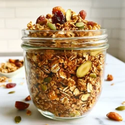 - 2 cups rolled oats - 1 cup nuts (pecans, walnuts, or almonds), chopped - 1/2 cup pumpkin seeds - 1/4 cup flaxseeds The base of gingerbread granola starts with rolled oats. They give the granola a hearty texture and help it crisp up nicely. I love adding chopped nuts for crunch. Pecan, walnut, or almond options work well. Pumpkin seeds bring a delightful nutty flavor, while flaxseeds add a boost of nutrition. - 1/2 cup honey or maple syrup - 1/4 cup coconut oil, melted - 1 teaspoon vanilla extract - 2 teaspoons ground ginger - 1 teaspoon ground cinnamon - 1/2 teaspoon ground nutmeg - 1/4 teaspoon ground cloves - Pinch of salt Sweetening your granola is key. Honey or maple syrup gives it a warm, rich flavor. I melt coconut oil to help the granola clump together. Vanilla extract adds a lovely depth of flavor. The spices&mdash;ginger, cinnamon, nutmeg, and cloves&mdash;bring the gingerbread vibe. Don&rsquo;t forget a pinch of salt to balance all the sweetness. - 1/2 cup dried cranberries or raisins (optional) - Suggestions for other mix-ins Dried cranberries or raisins add a sweet and chewy contrast. You can also get creative! Try adding dark chocolate chips or coconut flakes for extra flavor. Mix-ins make your granola unique and fun, so feel free to experiment! {{ingredient_image_1}} First, preheat your oven to 350&deg;F (175&deg;C). While it warms up, line a large baking sheet with parchment paper. This helps the granola bake evenly and makes cleanup easy. In a large bowl, mix the following dry ingredients: - 2 cups rolled oats - 1 cup chopped nuts (pecans, walnuts, or almonds) - 1/2 cup pumpkin seeds - 1/4 cup flaxseeds - 2 teaspoons ground ginger - 1 teaspoon ground cinnamon - 1/2 teaspoon ground nutmeg - 1/4 teaspoon ground cloves - Pinch of salt Stir these together well. This mix will give your granola its tasty flavor and crunchy texture. In another bowl, whisk together these wet ingredients: - 1/2 cup honey or maple syrup - 1/4 cup melted coconut oil - 1 teaspoon vanilla extract Once mixed, pour this over the dry ingredients. Use a spatula to mix until everything is coated. This step is key for flavor and crunch. After mixing, spread the granola mixture evenly on your prepared baking sheet. Now, bake the granola in your preheated oven for 20-25 minutes. Stir it halfway through the baking time. This helps it brown evenly. Keep an eye on it to avoid burning. It should look golden and smell amazing when ready. When done, take the granola out of the oven. Let it cool completely on the baking sheet. It will get crisp as it cools. After cooling, you can stir in 1/2 cup of dried cranberries or raisins if you like. Finally, store the granola in an airtight container. It will stay fresh at room temperature for up to 2 weeks. Enjoy your crunchy gingerbread granola! - Stir the granola once halfway through baking. This helps it brown evenly. - Let the granola cool completely on the baking sheet. This step makes it crisp. - If you want more sweetness, add extra honey or maple syrup. - To boost the gingerbread flavor, add more ginger and spices. A pinch of allspice works too. - Serve the granola with yogurt or milk for a tasty breakfast. - For a beautiful look, layer granola with yogurt in clear jars. Add a sprinkle of cinnamon on top. Pro Tips Ensure Even Baking: Stir the granola halfway through the baking time to promote even browning and prevent burning. Cooling is Key: Let the granola cool completely on the baking sheet before transferring it to an airtight container; it will become crisp as it cools. Flavor Variations: Experiment with different nuts, seeds, or dried fruits based on your preference for a unique twist each time. Storage Tips: Store the granola in an airtight container at room temperature, and it will stay fresh for up to 2 weeks. {{image_2}} If you want a nut-free version of gingerbread granola, try using more seeds. You can replace nuts with extra pumpkin seeds or sunflower seeds. These options give a crunchy texture and add healthy fats. For a seed-free mix, use more oats or puffed rice. This keeps the granola light and tasty. Spices are key to great flavor. If you love a stronger taste, add more ginger or cinnamon. You can also change spices based on what you like. Try cardamom for a unique twist or skip the cloves if you want a milder flavor. Experimenting with spices makes your granola special. Honey and maple syrup work well, but you can use other sweeteners. Agave syrup is a great choice for a lighter sweetness. If you want less sugar, try stevia for a no-calorie option. Adjust the amount to fit your taste. Swapping sweeteners can change the flavor while keeping it delicious. Store your gingerbread granola in an airtight container. Glass jars work well. Keep it in a cool, dry place, away from sunlight. This will help maintain its crunch and flavor. Avoid storing it near the stove or in humid areas. Homemade granola lasts up to two weeks. Check the granola for freshness. If it smells off or has a weird taste, it may be stale. Stale granola can lose its crunch and flavor, making it less enjoyable. To revive stale granola, spread it on a baking sheet. Heat your oven to 300&deg;F (150&deg;C). Bake for about 5-10 minutes. This quick method will help restore some crunch. Let it cool before serving. Enjoy the fresh taste again! To make gingerbread granola vegan, swap honey with maple syrup. Use plant-based oil instead of coconut oil. You can also choose flaxseeds for added nutrition. Flaxseeds can replace eggs in recipes as they bind ingredients together. Yes, you can add fresh fruit! Fresh fruit like apples or bananas adds moisture and flavor. However, they can make the granola soggy. Dried fruits, like cranberries or raisins, keep granola crunchy. If using fresh fruit, add it just before serving. Gingerbread granola is healthy and filling. It contains oats, nuts, and seeds, which offer fiber and protein. A typical serving has about 200 calories. It also includes healthy fats from nuts and seeds. This granola is a great snack or breakfast option. Yes, you can freeze gingerbread granola! Place it in an airtight container or freezer bag. It can last up to three months in the freezer. To thaw, leave it in the fridge overnight or at room temperature for a few hours. This keeps the granola fresh and crunchy. Gingerbread granola blends wholesome oats, nuts, seeds, and spices for a tasty treat. Following the steps ensures great flavor and texture. Remember, you can customize ingredients for your taste. Whether you enjoy it with yogurt or on its own, this granola serves as a great snack. With proper storage, it stays fresh and crunchy. Experiment with flavors and enjoy your homemade creation!
