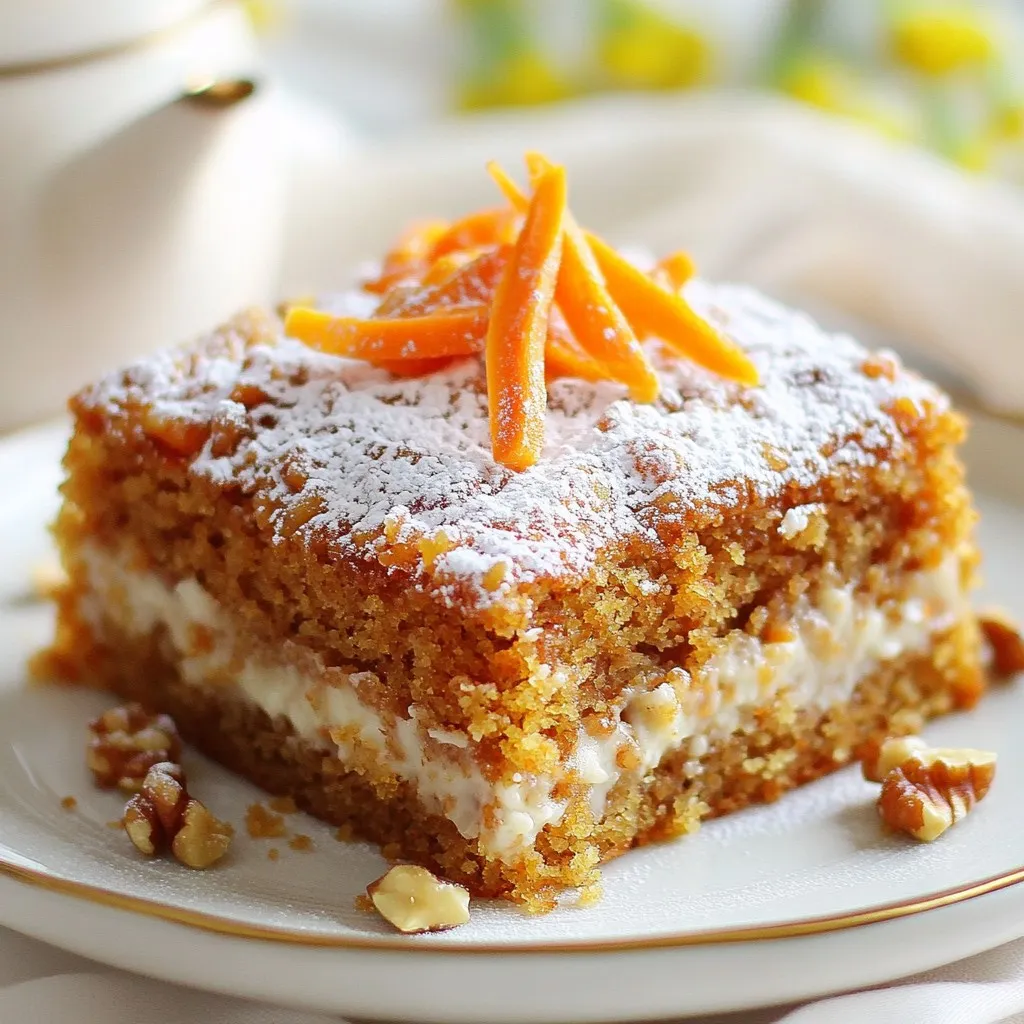 For this delicious cake, you need: - 2 cups rolled oats - 1 teaspoon baking powder - 1 teaspoon baking soda - 1 teaspoon ground cinnamon - 1/2 teaspoon nutmeg - 1/4 teaspoon salt - 2 cups grated carrots (about 3 medium carrots) - 1/2 cup unsweetened applesauce - 1/4 cup honey or maple syrup - 1/4 cup plain Greek yogurt - 2 large eggs - 1 teaspoon vanilla extract These main ingredients work together to create a moist and tasty cake. The oats give it a nice texture, while the carrots add natural sweetness. You can make your cake even better by adding: - 1/2 cup chopped walnuts or pecans - 1/2 cup raisins These add-ins give the cake a great crunch and extra flavor. Walnuts or pecans add a nutty taste, and raisins bring more sweetness. If you want to make this cake vegan, replace the eggs with flax eggs. Mix 1 tablespoon of flaxseed meal with 2.5 tablespoons of water for each egg. For a gluten-free option, use gluten-free oats. This way, you can enjoy the cake without any gluten or animal products. {{ingredient_image_1}} Start by preheating your oven to 350°F (175°C). This helps your cake bake evenly. Next, take a 9-inch round cake pan. Lightly grease it or line it with parchment paper. This will keep the cake from sticking. In a large mixing bowl, add the rolled oats, baking powder, baking soda, ground cinnamon, nutmeg, and salt. Mix these dry ingredients well. This step ensures that your cake has a nice rise and flavor. In another bowl, whisk together the grated carrots, unsweetened applesauce, honey or maple syrup, plain Greek yogurt, eggs, and vanilla extract. Make sure everything is fully combined. This mixture gives moisture and sweetness to the cake. Now, gradually add the wet mixture to the dry mixture. Stir gently until just combined. Be careful not to over-mix. Over-mixing can make the cake dense. If you like, fold in chopped walnuts or pecans and raisins for extra flavor. Pour the batter into your prepared cake pan. Smooth the top with a spatula. Bake in the preheated oven for 30-35 minutes. Check if it's done by inserting a toothpick in the center; it should come out clean. After baking, let the cake cool in the pan for 10 minutes. Then, transfer it to a wire rack to cool completely. This keeps the cake moist and fluffy. To make your cake moist, use fresh grated carrots. Fresh carrots have more water. Applesauce also adds moisture. Don't skip it! Mix the wet ingredients gently. Over-mixing can make the cake dense. Spices are key to flavor. Ground cinnamon and nutmeg work well together. You can add a pinch of ginger for a warm twist. Try using fresh vanilla beans for more depth. Don't fear experimenting with spices! Presentation makes a cake look special. Dust the cooled cake with powdered sugar. You can add grated carrots and nuts on top for fun. Serve slices with Greek yogurt for creaminess. This makes it more appealing and tasty! Pro Tips Use Fresh Carrots: For the best flavor and texture, opt for fresh, firm carrots and grate them just before using. Don’t Overmix: Combine the wet and dry ingredients until just incorporated to keep the cake light and tender. Experiment with Spices: Feel free to add other spices like ginger or cloves for an extra flavor boost. Storing Leftovers: Store any leftover cake in an airtight container in the fridge for up to five days; it can also be frozen for longer storage. {{image_2}} To make a vegan version, you can swap a few key ingredients. Instead of eggs, use flaxseed meal mixed with water. This mixture works well as an egg substitute. Mix one tablespoon of flaxseed meal with three tablespoons of water. Let it sit for about five minutes to thicken. For yogurt, use a plant-based option like almond or coconut yogurt. You can also replace honey with maple syrup for sweetness. With these changes, you create a delicious vegan carrot cake that everyone can enjoy. If you need a gluten-free cake, it's simple. Just use gluten-free rolled oats instead of regular oats. Make sure they are certified gluten-free to avoid cross-contamination. You can also check that your baking powder is gluten-free. This way, you can still enjoy a soft and moist carrot cake without gluten. The flavor and texture will remain just as tasty. Adding different flavors can make your carrot cake even better. For a tropical twist, mix in crushed pineapple. Drain it well to avoid adding too much moisture. You can also add shredded coconut for extra texture and flavor. Both add a nice sweetness and taste that pairs well with the carrots and spices. Don't hesitate to experiment with other add-ins like lemon zest or chopped apples. Each variation can give your cake a unique, delightful flavor! To keep your Healthy Oatmeal Carrot Cake fresh, store it in an airtight container. This helps keep moisture in and prevents it from drying out. You can also wrap the cake in plastic wrap before placing it in the container for extra protection. If you want to enjoy it later, store it in the fridge. If you want to freeze this cake, let it cool completely first. Cut it into slices for easy serving. Wrap each slice in plastic wrap and then in aluminum foil. This double wrap helps prevent freezer burn. You can store the wrapped slices in a freezer bag. The cake can last up to three months in the freezer. When stored in the fridge, Healthy Oatmeal Carrot Cake lasts about a week. If kept at room temperature, it will stay fresh for about three days. Always check for any signs of spoilage, like changes in smell or texture, before enjoying. Yes, you can make this cake sugar-free. Replace honey or maple syrup with a sugar substitute like stevia or erythritol. These options add sweetness without sugar. Adjust the amount based on your taste preference. To make this cake egg-free, use flax eggs. Mix 1 tablespoon of ground flaxseed with 2.5 tablespoons of water. Let it sit for 5 minutes until it thickens. This will bind your ingredients just like eggs do. You can serve this cake with a dollop of Greek yogurt. It adds creaminess and pairs well with the spices. Fresh fruit like berries also makes a great side. For a special touch, drizzle a bit of honey on top. Quick oats work in this recipe, but the texture may change. Rolled oats give a heartier bite. If you use quick oats, watch the baking time as they may cook faster. Just keep an eye on the cake while it bakes. You can create a tasty and healthy oatmeal carrot cake using simple ingredients and easy steps. This cake is perfect for various diets, with options for vegan and gluten-free versions. You can use additional flavors like spices or fruits to make it even better. Store leftover cake properly for freshness or freeze it for later. Overall, this recipe is both flexible and easy. Try it out and enjoy a slice of health and flavor in every bite. Your taste buds will thank you!