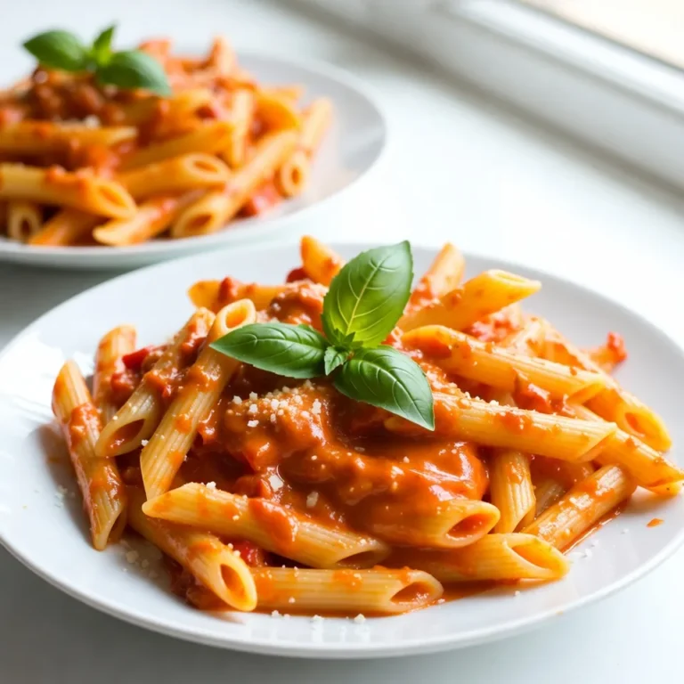 To make roasted red pepper pasta, you need a few key items. Here’s a list of what you’ll need: - 4 large red bell peppers - 12 oz pasta (spaghetti or penne work well) - 1 cup heavy cream - 1 cup grated Parmesan cheese - 3 cloves garlic, minced - 2 tablespoons olive oil - 1 teaspoon red pepper flakes (adjust to taste) - Salt and pepper to taste - Fresh basil leaves for garnish These ingredients blend together to create a rich and creamy dish. The roasted red peppers add a sweet, smoky flavor that makes this meal special. You’ll need some simple tools to prepare this dish: - Baking sheet for roasting peppers - Large pot for boiling pasta - Blender or food processor for the sauce - Large skillet for combining pasta and sauce - Measuring cups and spoons - Knife and cutting board for chopping Having these tools ready makes cooking easier and more fun. You can make this recipe your own with some easy swaps: - Pasta: Use any pasta shape you like. Gluten-free pasta works too. - Cream: Substitute heavy cream with half-and-half or a dairy-free option. - Parmesan: Try nutritional yeast for a vegan twist or use any cheese you prefer. - Red pepper flakes: Adjust the heat level by adding more or less based on your taste. These substitutions keep your dish flexible and fun. Enjoy creating your own version! {{ingredient_image_1}} To roast red peppers, start by preheating your oven to 450°F (230°C). I like to choose large red bell peppers for this dish. Cut them in half and remove the seeds and stems. Place the pepper halves cut side down on a baking sheet. Roast the peppers for about 20-25 minutes. You want the skin to char and blister. This adds great flavor. After roasting, let the peppers cool a bit. Once cool, peel off the skins. Set the roasted peppers aside for later. While the peppers roast, it's time to cook the pasta. Fill a large pot with water and add salt. Bring it to a boil. I usually use spaghetti or penne for this recipe. Add the pasta and cook it according to the package instructions. Aim for al dente, which means it should be firm to the bite. Once cooked, drain the pasta but save about 1 cup of the pasta cooking water. This water is great for adjusting your sauce later. Now, let’s make the sauce. In a blender or food processor, combine the roasted red peppers, 1 cup of heavy cream, and 3 minced garlic cloves. Also add 2 tablespoons of olive oil, 1 teaspoon of red pepper flakes, and some salt and pepper. Blend until the mixture is smooth and creamy. If the sauce feels too thick later, you can use that reserved pasta water to reach the right consistency. This sauce is rich and delightful, perfect for coating your pasta. To roast peppers well, choose large, firm red bell peppers. Their skin is sweet and perfect for this dish. Preheat your oven to 450°F (230°C). Cut each pepper in half, and remove the seeds and stems. Place them cut side down on a baking sheet. Roast for 20-25 minutes. Look for a charred, blistered skin; this adds a deep flavor. Once done, let them cool for a bit. Then, peel off the skins. This step is key to making your sauce smooth and rich. A smooth sauce makes every bite better. After blending your roasted peppers with cream and garlic, check the thickness. If it feels too thick, add a bit of the pasta water. Start with just a little and blend again. This water has starch from the pasta, which helps thicken the sauce without making it pasty. Aim for a creamy, velvety texture that clings to your pasta. Cheese is a game changer in this dish. Grated Parmesan adds saltiness and depth. Stir it in after heating the sauce. This will melt and blend into the sauce perfectly. Don’t forget the seasonings! Red pepper flakes give a nice kick. Adjust to your taste. A pinch of salt and pepper rounds out the flavors. Adding fresh basil at the end not only makes it pretty, but also adds a fresh touch. Pro Tips Use Fresh Ingredients: Always opt for fresh, ripe red bell peppers for the best flavor. Look for peppers that are firm and shiny to ensure maximum sweetness. Adjust Spice Levels: The amount of red pepper flakes can be tailored to your taste. Start with a little and increase gradually to find your perfect heat level. Save Some Pasta Water: Reserve a cup of pasta cooking water before draining. This starchy water can help adjust the sauce’s consistency and help it cling to the pasta. Garnish for Greatness: Fresh basil not only adds a pop of color but also enhances the flavor profile. Don’t skip this step for a restaurant-quality presentation! {{image_2}} Roasted red pepper pasta is a great dish for vegetarians. The blend of peppers, cream, and cheese creates a rich taste. You can add more veggies to enhance it. Try adding spinach or mushrooms for extra nutrition. Zucchini or cherry tomatoes also work well. They add color and flavor without meat. If you want protein, there are many options. Grilled chicken or shrimp pairs nicely with this pasta. You can also use chickpeas for a plant-based choice. Just add them to the skillet when mixing with the sauce. Tofu is another great option. It soaks up the sauce and adds a fun texture. For a gluten-free meal, swap regular pasta for gluten-free options. Look for pasta made from rice or lentils. These choices keep the dish tasty and safe for those with gluten issues. You can also spiralize zucchini for a lighter option. This gives you a fresh take on the classic dish while being gluten-free. To store your roasted red pepper pasta, let it cool first. Use an airtight container. This helps keep the pasta fresh. I recommend storing it in the fridge. It lasts about 3-4 days. Make sure to label your container with the date. This way, you know when to eat it. When you reheat the pasta, do it slowly. Use a skillet over low heat. Add a splash of water or cream to keep it moist. Stir gently until it warms through. You can also use a microwave. If you do, cover the bowl to trap steam. Heat in short bursts, stirring in between. You can freeze this pasta for later meals. Let it cool completely before freezing. Use freezer-safe bags or containers. Remove as much air as you can. This prevents freezer burn. The pasta can last up to 2-3 months in the freezer. When ready to eat, thaw it in the fridge overnight. Then, reheat as mentioned above. Enjoy your tasty meal anytime! You can serve Roasted Red Pepper Pasta with a side salad. A simple mixed green salad works well. Garlic bread adds a nice crunch and flavor. If you want more protein, grilled chicken or shrimp pairs nicely too. Yes, you can make the sauce ahead of time. Blend and store it in the fridge for up to three days. When ready to use, just heat it gently. This saves time on busy days. To make it spicier, add more red pepper flakes to the sauce. You can also use a spicy cheese. For a milder taste, cut back on the red pepper flakes. Adding more cream can also tone down the heat. Roasted red pepper pasta is easy to make and full of flavor. We covered the essential ingredients and kitchen tools needed. You now know how to roast peppers and cook pasta perfectly. Use the tips for a great sauce and explore various options. Remember, storing and reheating properly will keep your dish tasty. Try serving it with sides that elevate the meal. Whether you spice it up or keep it mild, this dish is sure to impress. Enjoy your cooking adventure!