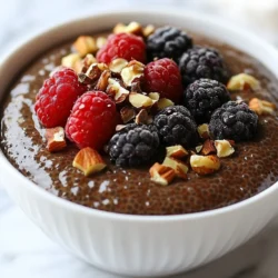To make vegan chocolate chia pudding, you need the following ingredients: - 1/2 cup chia seeds - 2 cups unsweetened almond milk (or any plant-based milk) - 1/2 cup unsweetened cocoa powder - 1/4 cup maple syrup (adjust to taste) - 1 teaspoon vanilla extract - Pinch of salt - Fresh berries and nuts for topping (optional) These ingredients come together to create a rich and creamy dessert. The chia seeds provide texture and nutrition. The cocoa powder adds deep chocolate flavor, while maple syrup adds sweetness. You can easily swap some ingredients if needed. Here are a few ideas: - Chia seeds: If you can't find chia seeds, try ground flaxseeds. Use double the amount. - Almond milk: Use any plant-based milk like oat, coconut, or soy milk. - Maple syrup: Agave syrup or honey (if not strictly vegan) work well too. - Cocoa powder: Carob powder is a great caffeine-free option. These swaps keep the pudding tasty and satisfying while meeting your needs. Chia seeds are tiny but packed with benefits. Here are some key points: - Rich in Omega-3 Fatty Acids: Good for heart health. - High in Fiber: Aids digestion and helps you feel full. - Loaded with Antioxidants: Protects your body from damage. - Good Source of Protein: Supports muscle health. Incorporating chia seeds into your diet boosts nutrition without adding many calories. This pudding lets you enjoy these benefits in a delicious way. {{ingredient_image_1}} Start by grabbing a medium-sized mixing bowl. In it, add the chia seeds. Pour in 2 cups of unsweetened almond milk. Next, add 1/2 cup of unsweetened cocoa powder. This gives the pudding its rich chocolate flavor. Then, pour in 1/4 cup of maple syrup. You can adjust this based on how sweet you like it. Add 1 teaspoon of vanilla extract for a nice aroma. Lastly, sprinkle in a pinch of salt to balance the taste. Now, whisk everything together for about 2-3 minutes. Make sure you break up any lumps of cocoa powder. The mixture should be smooth and well combined. After mixing, let the pudding sit for 10 minutes. This helps the chia seeds soak up the liquid. Give it another whisk to break up any clumps that may have formed. Once mixed, it’s time to chill the pudding. You can cover the bowl with plastic wrap. If you prefer, pour the mixture into individual serving cups. This makes serving easy later on. Now, pop it into the fridge. Chill for at least 4 hours or overnight. This allows the chia seeds to absorb the liquid and thicken nicely. When you’re ready to serve, take the pudding out of the fridge. Give it a good stir. If it feels too thick, add a splash of almond milk. This will help reach your desired consistency. Now, it’s time to add some fun toppings! Fresh berries like strawberries or raspberries make great choices. You can also sprinkle some nuts on top for added texture. Enjoy your rich and creamy vegan chocolate chia pudding! To avoid clumps, mix your ingredients well. I whisk together chia seeds, almond milk, cocoa powder, maple syrup, vanilla extract, and salt for 2-3 minutes. This helps break up cocoa lumps. After 10 minutes, whisk again. This step prevents clumps from forming as the chia seeds soak. Sweetness is key to your pudding's flavor. Start with 1/4 cup of maple syrup. Taste it after mixing. If you like it sweeter, add more syrup. You can also use agave or another sweetener if you prefer. Just remember to mix well after adding! You can make your pudding even better with add-ins. Try adding a tablespoon of nut butter for creaminess. You can also mix in some cinnamon or a dash of espresso powder for a mocha flavor. Fresh fruit, like bananas or berries, makes a tasty topping too. Pro Tips Adjust Sweetness: Taste the pudding before chilling and adjust the maple syrup to your liking for the perfect balance of sweetness. Mix Well: Ensure you whisk the mixture thoroughly to eliminate any lumps of cocoa powder for a smooth pudding. Soak Time Matters: For best results, let the pudding sit overnight in the fridge, allowing the chia seeds to fully absorb the liquid and enhance the texture. Top it Up: Experiment with different toppings like coconut flakes, granola, or nut butter for added flavor and crunch. {{image_2}} You can change the taste of your vegan chocolate chia pudding easily. Here are some fun ideas: - Mocha: Add 1 tablespoon of coffee or espresso powder. This gives a rich coffee flavor. - Vanilla: Use 2 teaspoons of vanilla extract instead of 1. It adds a sweet aroma. - Mint: Add a few drops of peppermint extract. This gives a cool twist. Feel free to mix in any flavor you like. You can even try spices like cinnamon or nutmeg for a warm touch. Toppings make your pudding look great and add flavor. Here are some tasty ideas: - Fresh fruits: Use berries like strawberries, blueberries, or raspberries. They add freshness. - Nuts: Chopped almonds or walnuts give a nice crunch. They also boost protein. - Granola: Sprinkle some granola on top for extra texture. It adds a wholesome feel. - Coconut flakes: Unsweetened coconut flakes offer a tropical taste. Mix and match these toppings to create your favorite combinations. You can turn this chia pudding into a hearty breakfast bowl. Here’s how: 1. Start with a base of your chocolate chia pudding. 2. Add your favorite toppings like fruits and nuts. 3. For a more filling meal, add a scoop of nut butter or yogurt. 4. Drizzle some maple syrup or honey for extra sweetness. This makes a great start to your day. You get protein, fiber, and healthy fats all in one bowl. Enjoy your delicious and creamy breakfast! Store your vegan chocolate chia pudding in airtight containers. This keeps it fresh. Use glass containers if possible. They help maintain flavor and texture. Before storing, let the pudding cool completely. This prevents condensation, which can make it watery. If you want to serve later, keep toppings separate. Fresh berries and nuts add crunch but can soften the pudding. Vegan chocolate chia pudding lasts about 4 to 5 days in the fridge. After that, it may lose its texture. Always check for any off smells or changes in color. If you see mold, throw it away. A good tip is to write the date on the container. This way, you know how fresh it is. You do not need to reheat chia pudding. Chia pudding is best enjoyed cold. If it gets too thick, stir in a splash of almond milk. This restores the creamy texture. If you want to warm it, do so gently on the stove. Heat it slowly and stir constantly to avoid cooking the chia seeds. Yes, you can use any plant-based milk. Almond, soy, oat, and coconut milk all work well. Each type gives a unique taste. For a creamier texture, try coconut milk. The pudding stays fresh for about five days. Make sure to store it in a sealed container. This keeps it tasty and safe to eat. Yes, this recipe is naturally gluten-free. Chia seeds, cocoa powder, and plant-based milk contain no gluten. Enjoy this dish without worry! Yes, you can use other sweeteners. Agave syrup, date syrup, or even mashed banana work nicely. Adjust the amount to fit your taste. You can easily make vegan chocolate chia pudding using simple ingredients. Key ingredients include chia seeds, your choice of milk, and a sweetener. You’ve learned how to mix and chill them for a delicious treat. I shared tips to avoid clumps and adjust sweetness. You can also vary flavors and toppings for your taste. Remember, store your pudding properly for the best shelf life. Enjoy exploring this healthy dessert!