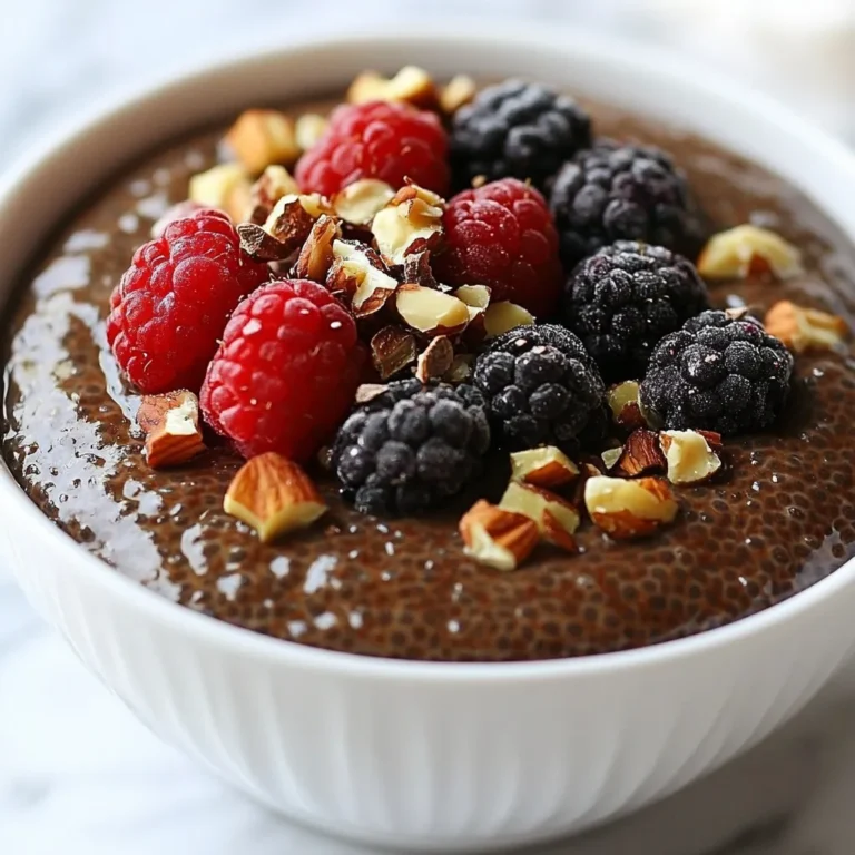 To make vegan chocolate chia pudding, you need the following ingredients: - 1/2 cup chia seeds - 2 cups unsweetened almond milk (or any plant-based milk) - 1/2 cup unsweetened cocoa powder - 1/4 cup maple syrup (adjust to taste) - 1 teaspoon vanilla extract - Pinch of salt - Fresh berries and nuts for topping (optional) These ingredients come together to create a rich and creamy dessert. The chia seeds provide texture and nutrition. The cocoa powder adds deep chocolate flavor, while maple syrup adds sweetness. You can easily swap some ingredients if needed. Here are a few ideas: - Chia seeds: If you can't find chia seeds, try ground flaxseeds. Use double the amount. - Almond milk: Use any plant-based milk like oat, coconut, or soy milk. - Maple syrup: Agave syrup or honey (if not strictly vegan) work well too. - Cocoa powder: Carob powder is a great caffeine-free option. These swaps keep the pudding tasty and satisfying while meeting your needs. Chia seeds are tiny but packed with benefits. Here are some key points: - Rich in Omega-3 Fatty Acids: Good for heart health. - High in Fiber: Aids digestion and helps you feel full. - Loaded with Antioxidants: Protects your body from damage. - Good Source of Protein: Supports muscle health. Incorporating chia seeds into your diet boosts nutrition without adding many calories. This pudding lets you enjoy these benefits in a delicious way. {{ingredient_image_1}} Start by grabbing a medium-sized mixing bowl. In it, add the chia seeds. Pour in 2 cups of unsweetened almond milk. Next, add 1/2 cup of unsweetened cocoa powder. This gives the pudding its rich chocolate flavor. Then, pour in 1/4 cup of maple syrup. You can adjust this based on how sweet you like it. Add 1 teaspoon of vanilla extract for a nice aroma. Lastly, sprinkle in a pinch of salt to balance the taste. Now, whisk everything together for about 2-3 minutes. Make sure you break up any lumps of cocoa powder. The mixture should be smooth and well combined. After mixing, let the pudding sit for 10 minutes. This helps the chia seeds soak up the liquid. Give it another whisk to break up any clumps that may have formed. Once mixed, it’s time to chill the pudding. You can cover the bowl with plastic wrap. If you prefer, pour the mixture into individual serving cups. This makes serving easy later on. Now, pop it into the fridge. Chill for at least 4 hours or overnight. This allows the chia seeds to absorb the liquid and thicken nicely. When you’re ready to serve, take the pudding out of the fridge. Give it a good stir. If it feels too thick, add a splash of almond milk. This will help reach your desired consistency. Now, it’s time to add some fun toppings! Fresh berries like strawberries or raspberries make great choices. You can also sprinkle some nuts on top for added texture. Enjoy your rich and creamy vegan chocolate chia pudding! To avoid clumps, mix your ingredients well. I whisk together chia seeds, almond milk, cocoa powder, maple syrup, vanilla extract, and salt for 2-3 minutes. This helps break up cocoa lumps. After 10 minutes, whisk again. This step prevents clumps from forming as the chia seeds soak. Sweetness is key to your pudding's flavor. Start with 1/4 cup of maple syrup. Taste it after mixing. If you like it sweeter, add more syrup. You can also use agave or another sweetener if you prefer. Just remember to mix well after adding! You can make your pudding even better with add-ins. Try adding a tablespoon of nut butter for creaminess. You can also mix in some cinnamon or a dash of espresso powder for a mocha flavor. Fresh fruit, like bananas or berries, makes a tasty topping too. Pro Tips Adjust Sweetness: Taste the pudding before chilling and adjust the maple syrup to your liking for the perfect balance of sweetness. Mix Well: Ensure you whisk the mixture thoroughly to eliminate any lumps of cocoa powder for a smooth pudding. Soak Time Matters: For best results, let the pudding sit overnight in the fridge, allowing the chia seeds to fully absorb the liquid and enhance the texture. Top it Up: Experiment with different toppings like coconut flakes, granola, or nut butter for added flavor and crunch. {{image_2}} You can change the taste of your vegan chocolate chia pudding easily. Here are some fun ideas: - Mocha: Add 1 tablespoon of coffee or espresso powder. This gives a rich coffee flavor. - Vanilla: Use 2 teaspoons of vanilla extract instead of 1. It adds a sweet aroma. - Mint: Add a few drops of peppermint extract. This gives a cool twist. Feel free to mix in any flavor you like. You can even try spices like cinnamon or nutmeg for a warm touch. Toppings make your pudding look great and add flavor. Here are some tasty ideas: - Fresh fruits: Use berries like strawberries, blueberries, or raspberries. They add freshness. - Nuts: Chopped almonds or walnuts give a nice crunch. They also boost protein. - Granola: Sprinkle some granola on top for extra texture. It adds a wholesome feel. - Coconut flakes: Unsweetened coconut flakes offer a tropical taste. Mix and match these toppings to create your favorite combinations. You can turn this chia pudding into a hearty breakfast bowl. Here’s how: 1. Start with a base of your chocolate chia pudding. 2. Add your favorite toppings like fruits and nuts. 3. For a more filling meal, add a scoop of nut butter or yogurt. 4. Drizzle some maple syrup or honey for extra sweetness. This makes a great start to your day. You get protein, fiber, and healthy fats all in one bowl. Enjoy your delicious and creamy breakfast! Store your vegan chocolate chia pudding in airtight containers. This keeps it fresh. Use glass containers if possible. They help maintain flavor and texture. Before storing, let the pudding cool completely. This prevents condensation, which can make it watery. If you want to serve later, keep toppings separate. Fresh berries and nuts add crunch but can soften the pudding. Vegan chocolate chia pudding lasts about 4 to 5 days in the fridge. After that, it may lose its texture. Always check for any off smells or changes in color. If you see mold, throw it away. A good tip is to write the date on the container. This way, you know how fresh it is. You do not need to reheat chia pudding. Chia pudding is best enjoyed cold. If it gets too thick, stir in a splash of almond milk. This restores the creamy texture. If you want to warm it, do so gently on the stove. Heat it slowly and stir constantly to avoid cooking the chia seeds. Yes, you can use any plant-based milk. Almond, soy, oat, and coconut milk all work well. Each type gives a unique taste. For a creamier texture, try coconut milk. The pudding stays fresh for about five days. Make sure to store it in a sealed container. This keeps it tasty and safe to eat. Yes, this recipe is naturally gluten-free. Chia seeds, cocoa powder, and plant-based milk contain no gluten. Enjoy this dish without worry! Yes, you can use other sweeteners. Agave syrup, date syrup, or even mashed banana work nicely. Adjust the amount to fit your taste. You can easily make vegan chocolate chia pudding using simple ingredients. Key ingredients include chia seeds, your choice of milk, and a sweetener. You’ve learned how to mix and chill them for a delicious treat. I shared tips to avoid clumps and adjust sweetness. You can also vary flavors and toppings for your taste. Remember, store your pudding properly for the best shelf life. Enjoy exploring this healthy dessert!