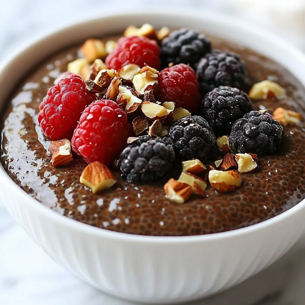 To make vegan chocolate chia pudding, you need the following ingredients: - 1/2 cup chia seeds - 2 cups unsweetened almond milk (or any plant-based milk) - 1/2 cup unsweetened cocoa powder - 1/4 cup maple syrup (adjust to taste) - 1 teaspoon vanilla extract - Pinch of salt - Fresh berries and nuts for topping (optional) These ingredients come together to create a rich and creamy dessert. The chia seeds provide texture and nutrition. The cocoa powder adds deep chocolate flavor, while maple syrup adds sweetness. You can easily swap some ingredients if needed. Here are a few ideas: - Chia seeds: If you can't find chia seeds, try ground flaxseeds. Use double the amount. - Almond milk: Use any plant-based milk like oat, coconut, or soy milk. - Maple syrup: Agave syrup or honey (if not strictly vegan) work well too. - Cocoa powder: Carob powder is a great caffeine-free option. These swaps keep the pudding tasty and satisfying while meeting your needs. Chia seeds are tiny but packed with benefits. Here are some key points: - Rich in Omega-3 Fatty Acids: Good for heart health. - High in Fiber: Aids digestion and helps you feel full. - Loaded with Antioxidants: Protects your body from damage. - Good Source of Protein: Supports muscle health. Incorporating chia seeds into your diet boosts nutrition without adding many calories. This pudding lets you enjoy these benefits in a delicious way. {{ingredient_image_1}} Start by grabbing a medium-sized mixing bowl. In it, add the chia seeds. Pour in 2 cups of unsweetened almond milk. Next, add 1/2 cup of unsweetened cocoa powder. This gives the pudding its rich chocolate flavor. Then, pour in 1/4 cup of maple syrup. You can adjust this based on how sweet you like it. Add 1 teaspoon of vanilla extract for a nice aroma. Lastly, sprinkle in a pinch of salt to balance the taste. Now, whisk everything together for about 2-3 minutes. Make sure you break up any lumps of cocoa powder. The mixture should be smooth and well combined. After mixing, let the pudding sit for 10 minutes. This helps the chia seeds soak up the liquid. Give it another whisk to break up any clumps that may have formed. Once mixed, it’s time to chill the pudding. You can cover the bowl with plastic wrap. If you prefer, pour the mixture into individual serving cups. This makes serving easy later on. Now, pop it into the fridge. Chill for at least 4 hours or overnight. This allows the chia seeds to absorb the liquid and thicken nicely. When you’re ready to serve, take the pudding out of the fridge. Give it a good stir. If it feels too thick, add a splash of almond milk. This will help reach your desired consistency. Now, it’s time to add some fun toppings! Fresh berries like strawberries or raspberries make great choices. You can also sprinkle some nuts on top for added texture. Enjoy your rich and creamy vegan chocolate chia pudding! To avoid clumps, mix your ingredients well. I whisk together chia seeds, almond milk, cocoa powder, maple syrup, vanilla extract, and salt for 2-3 minutes. This helps break up cocoa lumps. After 10 minutes, whisk again. This step prevents clumps from forming as the chia seeds soak. Sweetness is key to your pudding's flavor. Start with 1/4 cup of maple syrup. Taste it after mixing. If you like it sweeter, add more syrup. You can also use agave or another sweetener if you prefer. Just remember to mix well after adding! You can make your pudding even better with add-ins. Try adding a tablespoon of nut butter for creaminess. You can also mix in some cinnamon or a dash of espresso powder for a mocha flavor. Fresh fruit, like bananas or berries, makes a tasty topping too. Pro Tips Adjust Sweetness: Taste the pudding before chilling and adjust the maple syrup to your liking for the perfect balance of sweetness. Mix Well: Ensure you whisk the mixture thoroughly to eliminate any lumps of cocoa powder for a smooth pudding. Soak Time Matters: For best results, let the pudding sit overnight in the fridge, allowing the chia seeds to fully absorb the liquid and enhance the texture. Top it Up: Experiment with different toppings like coconut flakes, granola, or nut butter for added flavor and crunch. {{image_2}} You can change the taste of your vegan chocolate chia pudding easily. Here are some fun ideas: - Mocha: Add 1 tablespoon of coffee or espresso powder. This gives a rich coffee flavor. - Vanilla: Use 2 teaspoons of vanilla extract instead of 1. It adds a sweet aroma. - Mint: Add a few drops of peppermint extract. This gives a cool twist. Feel free to mix in any flavor you like. You can even try spices like cinnamon or nutmeg for a warm touch. Toppings make your pudding look great and add flavor. Here are some tasty ideas: - Fresh fruits: Use berries like strawberries, blueberries, or raspberries. They add freshness. - Nuts: Chopped almonds or walnuts give a nice crunch. They also boost protein. - Granola: Sprinkle some granola on top for extra texture. It adds a wholesome feel. - Coconut flakes: Unsweetened coconut flakes offer a tropical taste. Mix and match these toppings to create your favorite combinations. You can turn this chia pudding into a hearty breakfast bowl. Here’s how: 1. Start with a base of your chocolate chia pudding. 2. Add your favorite toppings like fruits and nuts. 3. For a more filling meal, add a scoop of nut butter or yogurt. 4. Drizzle some maple syrup or honey for extra sweetness. This makes a great start to your day. You get protein, fiber, and healthy fats all in one bowl. Enjoy your delicious and creamy breakfast! Store your vegan chocolate chia pudding in airtight containers. This keeps it fresh. Use glass containers if possible. They help maintain flavor and texture. Before storing, let the pudding cool completely. This prevents condensation, which can make it watery. If you want to serve later, keep toppings separate. Fresh berries and nuts add crunch but can soften the pudding. Vegan chocolate chia pudding lasts about 4 to 5 days in the fridge. After that, it may lose its texture. Always check for any off smells or changes in color. If you see mold, throw it away. A good tip is to write the date on the container. This way, you know how fresh it is. You do not need to reheat chia pudding. Chia pudding is best enjoyed cold. If it gets too thick, stir in a splash of almond milk. This restores the creamy texture. If you want to warm it, do so gently on the stove. Heat it slowly and stir constantly to avoid cooking the chia seeds. Yes, you can use any plant-based milk. Almond, soy, oat, and coconut milk all work well. Each type gives a unique taste. For a creamier texture, try coconut milk. The pudding stays fresh for about five days. Make sure to store it in a sealed container. This keeps it tasty and safe to eat. Yes, this recipe is naturally gluten-free. Chia seeds, cocoa powder, and plant-based milk contain no gluten. Enjoy this dish without worry! Yes, you can use other sweeteners. Agave syrup, date syrup, or even mashed banana work nicely. Adjust the amount to fit your taste. You can easily make vegan chocolate chia pudding using simple ingredients. Key ingredients include chia seeds, your choice of milk, and a sweetener. You’ve learned how to mix and chill them for a delicious treat. I shared tips to avoid clumps and adjust sweetness. You can also vary flavors and toppings for your taste. Remember, store your pudding properly for the best shelf life. Enjoy exploring this healthy dessert!
