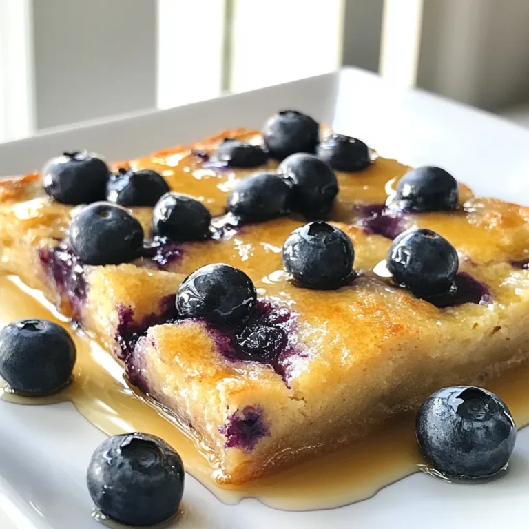 - 2 cups all-purpose flour - 1 tablespoon baking powder - 1 teaspoon baking soda - ½ teaspoon salt - 2 tablespoons sugar - 2 large eggs - 2 cups buttermilk - ¼ cup melted butter (plus more for greasing) - 1 teaspoon vanilla extract - 2 cups fresh blueberries (or frozen if out of season) - Maple syrup (for serving) Fresh blueberries are key for this dish. They add a burst of flavor and juice. Their sweetness shines when baked. When you buy fresh blueberries, look for firm, plump ones. Avoid any that are mushy or have dark spots. If fresh blueberries are out of season, frozen ones work too. They still taste great and save time. Just toss them in frozen to keep the batter cool. Don’t have all the ingredients? No problem! Here are some easy swaps: - Flour: Use whole wheat flour for a heartier option. - Buttermilk: Mix 1 cup of milk with 1 tablespoon of vinegar for a quick substitute. - Butter: Use coconut oil or vegetable oil if you prefer. - Sugar: Try using honey or maple syrup instead. Adjust to taste. These swaps keep the recipe tasty while fitting your pantry needs. {{ingredient_image_1}} 1. Preheat your oven to 350°F (175°C). Grease a 9x13 inch baking dish with melted butter. 2. In a large bowl, whisk together 2 cups of flour, 1 tablespoon of baking powder, 1 teaspoon of baking soda, ½ teaspoon of salt, and 2 tablespoons of sugar. Mix well. 3. In another bowl, beat 2 large eggs. Add 2 cups of buttermilk, ¼ cup of melted butter, and 1 teaspoon of vanilla extract. Mix until smooth. 4. Slowly add the wet mix to the dry mix. Stir until just combined. Some lumps are okay. 5. Gently fold in 2 cups of fresh blueberries. Make sure they spread out evenly. 6. Pour the batter into the prepared baking dish. Spread it evenly. - Bake the casserole for 30-35 minutes. Check if the top is golden brown. - Insert a toothpick into the center. It should come out clean when done. - If the top browns too fast, cover it with foil halfway through baking. - Let the casserole cool for a few minutes after baking. This helps it firm up. - Slice into squares for serving. - Serve warm with maple syrup on top. For fun, add fresh blueberries on the plate! To get a fluffy and soft pancake casserole, mix the batter gently. Over-mixing can make it tough. When you combine the wet and dry ingredients, stir until just mixed. A few lumps are fine! This helps keep the texture light. If your casserole does not rise as expected, check your baking powder and baking soda. They should be fresh. If the top browns too fast, cover it with foil. If it comes out too dry, make sure you measure your flour correctly. Too much flour can lead to a dry texture. You can add more flavor by mixing in spices. A pinch of cinnamon or nutmeg adds warmth. For a twist, try adding a splash of almond extract. If you like crunch, fold in some chopped nuts or granola. Fresh lemon zest brightens the taste and pairs nicely with blueberries. Pro Tips Use Fresh Blueberries: Fresh blueberries provide the best flavor and texture. If using frozen, make sure to thaw and drain them to prevent excess moisture in the batter. Don’t Overmix the Batter: When combining wet and dry ingredients, mix just until combined. A few lumps are okay; this helps keep the pancakes fluffy. Check for Doneness: Use a toothpick inserted in the center to check for doneness. If it comes out clean, your pancake casserole is ready! Let it Cool Slightly: Allow the casserole to cool for a few minutes before slicing. This helps the squares hold their shape better when serving. {{image_2}} You can swap out blueberries for other fruits. Strawberries, raspberries, or peaches work great. Use whatever is fresh and in season. This adds new flavors to your pancake casserole. You can even mix fruits for a fun twist. Just make sure to keep the fruit pieces small. For a gluten-free version, use gluten-free flour. Many brands offer great alternatives that work well. To make it vegan, replace eggs with flaxseed meal. Use a plant-based milk, like almond or oat milk, instead of buttermilk. These changes still make a tasty dish that everyone can enjoy. Add nuts for a crunchy texture. Chopped walnuts or pecans can enhance the flavor. You can also add spices like cinnamon or nutmeg. A hint of vanilla or almond extract boosts the taste too. These creative touches make your pancake casserole unique and delicious. Store any leftover Blueberry Buttermilk Pancake Casserole in an airtight container. This keeps it fresh for up to three days in the fridge. Make sure to let it cool completely before sealing it up. If you want to keep it longer, consider freezing. To reheat, cut the casserole into squares. Place a square on a microwave-safe plate. Heat it in the microwave for about 30-45 seconds, or until warm. You can also reheat it in the oven. Preheat your oven to 350°F (175°C). Place the squares on a baking sheet and warm them for about 10 minutes. If you want to freeze your pancake casserole, wrap it tightly in plastic wrap, then in foil. This helps prevent freezer burn. It can last up to three months in the freezer. To thaw, move it to the fridge the night before you plan to eat it. Once thawed, reheat as mentioned above for the best taste and texture. Yes, you can make this casserole ahead of time. Prepare the batter the night before and store it in the fridge. This way, you save time in the morning. Just pour the batter into the baking dish when you're ready to bake. If you do this, the flavors have more time to blend. If you don't have buttermilk, don't worry! You can make a quick substitute. Mix one cup of milk with one tablespoon of vinegar or lemon juice. Let it sit for about five minutes. This will sour the milk, mimicking buttermilk. You can also use plain yogurt or milk mixed with sour cream. To check if your casserole is done, insert a toothpick into the center. If it comes out clean, it’s ready. You should also look for a lightly golden top. The edges might pull away from the pan slightly. These are good signs that your casserole is baked perfectly. In this blog post, we covered the essential ingredients and steps for making blueberry buttermilk pancake casserole. Fresh blueberries play a key role in flavor and texture. You learned practical tips for baking, storage methods, and how to customize the recipe to fit your diet. Remember to troubleshoot common issues for the best results. Keep experimenting with ingredients to make it your own. Enjoy your delicious creation and share it with others for a joyful meal!