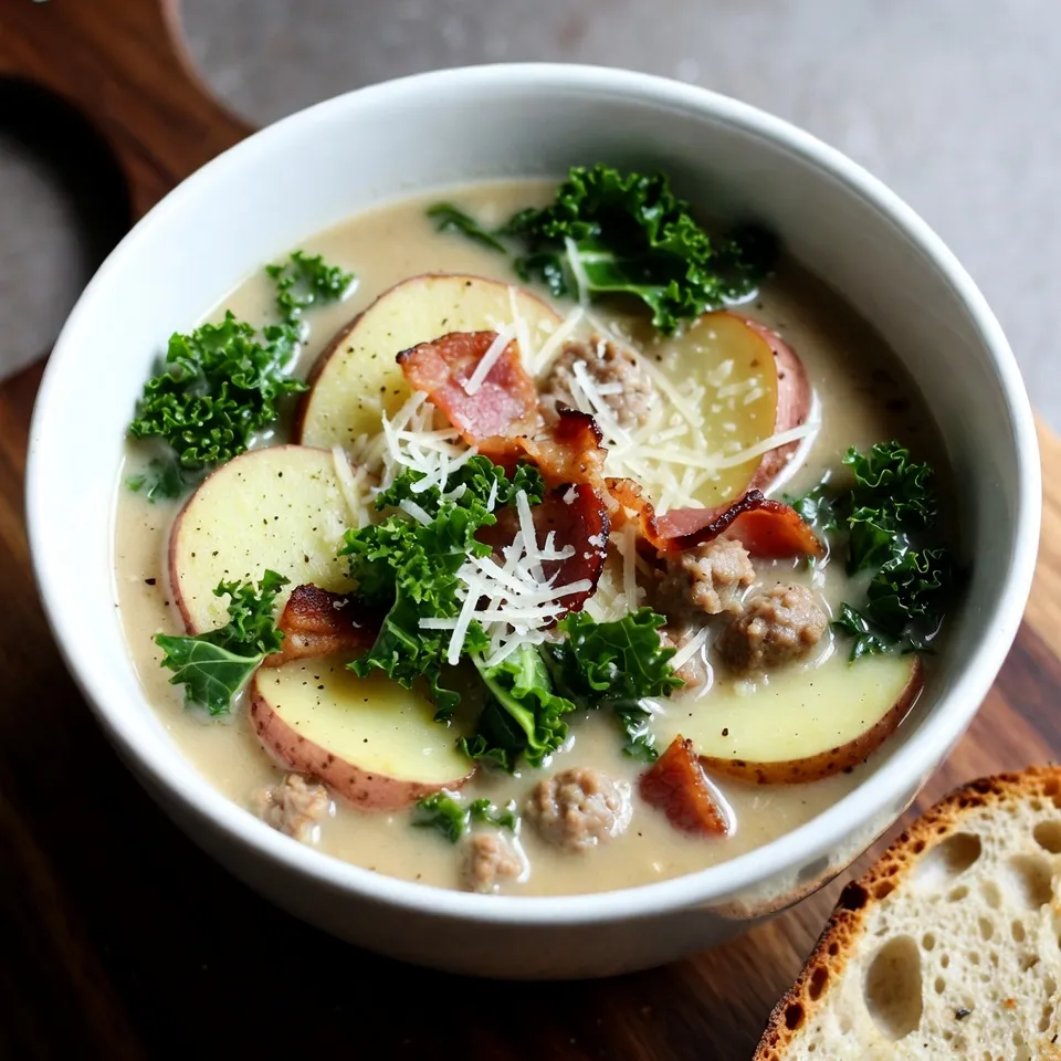 - 1 pound Italian sausage (mild or spicy) - 4 slices of bacon, chopped - 1 large onion, diced - 3 cloves garlic, minced - 6 cups chicken broth - 3 large russet potatoes, thinly sliced - 1 cup heavy cream - 2 cups kale, chopped - 1 teaspoon red pepper flakes (adjust to taste) - Salt and pepper to taste - Olive oil (for cooking) - Grated Parmesan cheese (for serving) Gather these ingredients to create a cozy bowl of Zuppa Toscana. Each item plays a key role in building flavor. The Italian sausage adds a savory depth, while bacon brings a nice crunch. Onions and garlic form a fragrant base, making every bite satisfying. Chicken broth creates a rich, warm base for the soup. Potatoes add heartiness, making it filling and enjoyable. Kale offers a fresh touch, brightening the dish and adding nutrients. Heavy cream gives the soup its creamy texture, making it a true comfort food. Season with red pepper flakes for a little heat and adjust salt and pepper to your liking. A drizzle of olive oil adds richness while cooking. Finally, finish with grated Parmesan for an extra layer of flavor. This blend of ingredients ensures your Zuppa Toscana will be a hit at any table. {{ingredient_image_1}} - Heat olive oil in a large pot. - Cook bacon until crispy. - Remove bacon and retain drippings. Cooking bacon is the first step. The drippings add great flavor to the soup. I use a large pot to get a nice, even cook. When the bacon crisps up, it gives a nice crunch to the soup. Once it's done, I set it aside. That bacon fat is liquid gold for the next step! - Add Italian sausage to the pot. - Brown sausage and remove. Next, I add in the Italian sausage. It adds a spicy kick to the soup. I break it up with my spatula, making sure it gets brown all over. After about 5-7 minutes, it’s ready to go. I remove it from the pot with the bacon. - Sauté onion until translucent. - Add minced garlic and cook until fragrant. Now, it's time for the veggies! I toss in the diced onion next. I sauté until it turns translucent, which takes about 3-4 minutes. Then, I add in minced garlic. I can tell it's ready when the kitchen fills with a lovely smell. This sets the stage for the soup. - Pour in chicken broth and scrape the pot. - Add sliced potatoes and bring to a boil. Now comes the broth. I pour in 6 cups of chicken broth, scraping the pot to get all those tasty bits. Those bits add depth to the flavor. Then, I add thinly sliced potatoes. I bring everything to a boil. This is where the magic starts to happen! - Stir in cooked sausage and bacon. - Add red pepper flakes and simmer. I stir in the bacon and sausage, bringing back all those flavors. This is also when I add red pepper flakes. I love adjusting the spice to my taste. I let it simmer for about 5 minutes, allowing the flavors to mingle. - Incorporate kale and heavy cream. - Season with salt, pepper, and heat through. Finally, I add chopped kale and heavy cream. The kale wilts into the soup, adding a nice green touch. I season with salt and pepper to taste. After heating it through, I take a moment to admire the rich colors in the pot. This soup is ready to warm your soul! - Use a heavy-bottomed pot for even cooking. This helps heat spread well. - Keep an eye on the heat to avoid burning. Too much heat can ruin the dish. - Adjust red pepper flakes for desired spice. Start with a little, then add more. - Allow soup to rest before serving for improved flavors. This helps the tastes meld together. - Serve in warm bowls with Parmesan. This adds a nice touch and flavor. - Pair with crusty bread for a complete meal. The bread soaks up the tasty broth. Pro Tips Choose Your Sausage: For a more robust flavor, opt for spicy Italian sausage. If you prefer a milder soup, stick with the mild version. Perfect Potato Texture: Slice the potatoes thinly to ensure they cook evenly and quickly, giving the soup a creamy texture. Customize Your Greens: Kale is traditional, but feel free to substitute with Swiss chard or spinach for a different flavor profile. Let It Rest: Allow the soup to sit for a few minutes after cooking to enhance the flavors before serving. {{image_2}} You can switch up the meat in Zuppa Toscana. If you want a leaner option, use turkey or chicken sausage instead of Italian sausage. This keeps the flavor but cuts down on fat. For a different twist, try smoked sausage. It adds a rich, savory taste to the soup. If you're looking for a meatless version, it's easy to adapt. Use vegetable broth in place of chicken broth. This will keep the soup hearty and flavorful. You can also replace the meat with mushrooms or beans. Both options add a nice texture and boost the protein. For those who want a dairy-free option, coconut milk works well. It gives a creamy texture and a hint of sweetness. If you're watching calories, swap heavy cream for half-and-half. This change still keeps the soup rich but makes it a bit lighter. Store your Zuppa Toscana in an airtight container for up to 3-4 days. This keeps the flavors fresh and ready for you to enjoy. Make sure it cools down before sealing it up. You can freeze this soup for up to 3 months. However, avoid freezing it with cream. Cream can change texture when thawed. Instead, add the cream when you reheat it. Reheat your Zuppa Toscana on the stovetop. If the soup thickens too much, add extra broth. Stir well to make it creamy and delicious again. Enjoy it hot, just like when you first made it! Yes, it can be made a day in advance for better flavor. When you let the soup sit, the flavors blend beautifully. This makes each bowl even more tasty. Store it in the fridge. Just reheat when you're ready to enjoy it. Spinach or Swiss chard are great alternatives. Both greens will give you a nice texture. Spinach wilts down quickly, so add it later. Swiss chard adds a slightly sweet flavor, making it a good choice. Yes, if you check the sausage and broth for gluten-free options. Many brands offer gluten-free choices. Always read the labels to be sure. This way, everyone can enjoy the soup without worry. Absolutely! Carrots and celery can be excellent additions. They add crunch and flavor. Chop them small, so they cook evenly. You can also add other veggies like bell peppers or zucchini for more variety. This Zuppa Toscana recipe brings together rich flavors from simple ingredients. You learned how to cook crispy bacon, sauté veggies, and build a hearty soup. I shared tips for variations, storage, and serving ideas, making this dish easy to adapt. In the end, this soup is comforting and satisfying. You can enjoy it fresh or store it for later. With these steps, you can create a delightful meal for any occasion. Try it, and you won’t be disappointed!